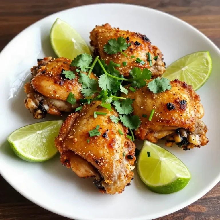 To make cilantro lime chicken thighs, you will need: - 4 bone-in, skin-on chicken thighs - 1/4 cup fresh lime juice (about 2 limes) - 1/4 cup fresh cilantro, chopped - 3 cloves garlic, minced - 2 tablespoons olive oil - 1 teaspoon ground cumin - 1 teaspoon smoked paprika - 1 teaspoon salt - 1/2 teaspoon black pepper - 1/4 teaspoon red pepper flakes (optional for heat) You can boost the taste with these options: - Extra lime zest for a zesty kick - A splash of honey for sweetness - A tablespoon of soy sauce for depth - Chopped jalapeños for more spice Each serving of cilantro lime chicken thighs has: - Calories: 320 - Protein: 24g - Fat: 23g - Carbohydrates: 3g - Fiber: 0g - Sugar: 0g - Sodium: 800mg This dish is both tasty and filling. It makes a great meal for any night. You can enjoy it with rice, salads, or grilled veggies. {{ingredient_image_1}} First, grab a medium mixing bowl. Add 1/4 cup of fresh lime juice. This is about two limes. Next, chop 1/4 cup of fresh cilantro and toss it in. Then, mince three cloves of garlic and add them too. Pour in 2 tablespoons of olive oil. Now, add 1 teaspoon of ground cumin, 1 teaspoon of smoked paprika, 1 teaspoon of salt, and 1/2 teaspoon of black pepper. If you want some heat, add 1/4 teaspoon of red pepper flakes. Whisk everything together until it blends well. This marinade packs a punch! Now, take your chicken thighs and place them in a resealable bag or a shallow dish. Pour that tasty marinade over the chicken. Make sure each piece gets a good coat. Seal the bag or cover the dish tightly. Put it in the fridge for at least one hour. For better flavor, let it sit overnight. This step makes the chicken juicy and full of flavor. You can cook the chicken thighs in two ways: grilling or baking. If you choose to grill, preheat your grill to 400°F (200°C). Oil the grates to prevent sticking. Remove the chicken from the marinade and shake off the extra. Place the thighs skin-side down on the hot grill. Cook for about 6-7 minutes. Then, flip them over and grill for another 6-7 minutes until the inside reaches 165°F (73.9°C). If you prefer baking, preheat your oven to 400°F (200°C) instead. Place the chicken thighs skin-side up on a greased baking sheet. Bake for 30-35 minutes or until the chicken is cooked through and the skin is crispy. No matter your choice, let the chicken rest for 5 minutes after cooking. This helps keep the juices inside! Marinating is key for great flavor. Use fresh lime juice and chopped cilantro. Combine all marinade ingredients in a bowl. Make sure to coat the chicken well. Place it in a bag or dish. Seal it tight and refrigerate. For best results, marinate overnight. This gives the chicken time to soak up all the tasty flavors. Cook your chicken thighs at 400°F (200°C). This keeps the meat juicy and the skin crispy. Use a meat thermometer to check the temperature. The chicken should reach 165°F (73.9°C) inside. This ensures it is safe to eat. If grilling, cook for 6-7 minutes on each side. If baking, aim for 30-35 minutes. Crispy skin makes the dish special. Start with skin-on chicken thighs. Before cooking, pat the skin dry with paper towels. This helps remove extra moisture. When cooking, place the chicken skin-side up if baking. If grilling, start skin-side down. Make sure your grill is hot. You can also brush a bit of olive oil on the skin for extra crunch. Pro Tips Marinate Longer: For the best flavor, let the chicken marinate overnight. This allows the spices and lime juice to penetrate the meat thoroughly. Check Temperature: Always use a meat thermometer to ensure the chicken reaches an internal temperature of 165°F (73.9°C) for safe consumption. Resting Time: Let the chicken rest for at least 5 minutes after cooking. This helps the juices redistribute, making the meat more tender and juicy. Adjusting Heat: If you prefer a spicier dish, increase the amount of red pepper flakes or add a dash of hot sauce to the marinade for extra kick. {{image_2}} You can mix up the flavors by using different herbs. Try parsley or basil instead of cilantro. They add a fresh taste. You can also switch spices. For more heat, use cayenne pepper instead of red pepper flakes. If you want a smoky flavor, add chipotle powder. Each option brings a new twist to your dish. If you want a quicker option, use an air fryer. Preheat it to 400°F (200°C). Place the marinated chicken thighs in the basket. Cook for about 20-25 minutes. Check the internal temperature to ensure it reaches 165°F (73.9°C). The skin will still get crispy, and the chicken stays juicy. You can also use a slow cooker for tender chicken. Pair your cilantro lime chicken thighs with tasty sides. Rice or quinoa goes well to soak up the juices. A fresh salad adds crunch and color. Try a simple salad of mixed greens, tomatoes, and avocado. You can also serve grilled veggies for a healthy option. Corn on the cob or black beans make great sides too. Enjoy! After your meal, let the chicken cool down. Place any leftovers in an airtight container. Store in the fridge for up to 3 days. If you want to keep it longer, consider freezing. To reheat, you can use an oven or stovetop. Preheat your oven to 350°F (175°C). Place the chicken in a baking dish, cover it with foil, and heat for about 15-20 minutes. On the stovetop, heat a skillet over medium heat. Add a splash of water or broth to keep it moist and warm the chicken for about 5-10 minutes. If you want to freeze the chicken, wrap it tightly in plastic wrap. Then, place it in a freezer-safe bag. It can last up to 3 months in the freezer. When ready to use, thaw it in the fridge overnight before reheating. You should marinate chicken thighs for at least 1 hour. For the best taste, try marinating them overnight. This helps the flavors soak in deep. Yes, you can use boneless chicken thighs! They cook faster than bone-in ones. Just keep an eye on the cooking time to avoid drying them out. Cilantro lime chicken thighs pair well with many sides. Here are some ideas: - Rice or quinoa for a complete meal - Grilled vegetables for added color and nutrition - A fresh salad with lime vinaigrette - Corn on the cob for a sweet contrast These sides match the bright flavors of the chicken and make the meal fun. This article shared how to make tasty cilantro lime chicken thighs. We covered the key ingredients, tasty marinade steps, and cooking methods. You learned tips for perfect skin and variations to try. We also included storage tips and answered common questions. Now, you’re ready to try this dish yourself. Enjoy cooking and savoring your delicious meal!