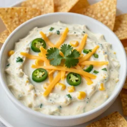 To make creamy jalapeño corn dip, gather these key ingredients: - 1 can (15 oz) sweet corn, drained - 1 can (4 oz) diced green chilies - 1-2 fresh jalapeños, finely chopped (seeded for less heat) - 1 cup cream cheese, softened - 1/2 cup sour cream - 1/2 cup mayonnaise - 1 cup shredded cheddar cheese - 1 teaspoon garlic powder - 1 teaspoon onion powder - Salt and pepper to taste - Fresh cilantro, for garnish - Tortilla chips, for serving You can add a few optional ingredients to boost flavor: - Lime juice for some tang - Smoked paprika for a smoky kick - Black beans for added texture and protein - Green onions for a fresh crunch If you need to swap ingredients, here are some ideas: - Greek yogurt can replace sour cream for a healthier option. - Neufchâtel cheese can be used instead of cream cheese. - Dairy-free cheese can replace cheddar for a vegan version. - Use fresh corn instead of canned for a sweeter taste. {{ingredient_image_1}} To start, gather your ingredients. Grab a large mixing bowl. First, add the softened cream cheese, sour cream, and mayonnaise. Mix these until smooth and creamy. Next, drain the can of sweet corn and add it to the bowl. Then, open the can of diced green chilies and pour them in as well. Finely chop 1-2 fresh jalapeños. If you want less heat, be sure to seed them. Stir all these together until well mixed. Now, it's time for the spices! Sprinkle in 1 teaspoon each of garlic powder and onion powder. Add salt and pepper to your taste. Mix until all the spices are evenly spread. Finally, fold in 1 cup of shredded cheddar cheese. Make sure it’s mixed well. Transfer the dip into a baking dish. Evenly spread it out so it bakes nicely. Preheat your oven to 350°F (175°C). Baking the dip for 20-25 minutes will make it hot and bubbly. Keep an eye on it as it cooks. You want the top to be golden brown but not burnt. If you like a crispy top, broil it for a minute at the end. Just don’t walk away! After baking, let it cool for a few minutes. This helps the flavors blend and makes it easier to serve. Serve the creamy jalapeño corn dip warm. It pairs well with tortilla chips for dipping. You can also try it with fresh veggies or pita bread. For a nice touch, garnish with fresh cilantro. This adds color and extra flavor. This dip is a crowd-pleaser at parties. It’s perfect for game nights, picnics, or any gathering. Your friends will love it! To manage the heat in your dip, start with fewer jalapeños. Use one if you want it mild. If you crave more spice, add an extra jalapeño. Remember to remove the seeds. They hold most of the heat. You can also mix in a bit of diced bell pepper. This adds flavor without extra heat. Tortilla chips are classic with this dip. They add crunch and balance the creaminess. You can also serve it with fresh veggies, like carrots or celery. These add a nice crunch too. For a heartier option, try it on toasted bread. It makes a great appetizer at any gathering. One big mistake is not mixing well. Ensure all ingredients blend together for the best flavor. Another mistake is overbaking. Keep an eye on it so it doesn’t dry out. Lastly, don’t skip the garnish. Fresh cilantro adds color and a burst of freshness. Pro Tips Choose Your Heat Level: Adjust the number of jalapeños according to your desired spice level. Removing the seeds and membranes will significantly reduce the heat. Cheese Varieties: For a unique flavor twist, try using pepper jack cheese or a blend of smoked cheddar and regular cheddar. Make Ahead: Prepare the dip a day in advance and store it in the refrigerator. Bake just before serving for a fresh and warm dip. Serving Suggestions: Enhance the presentation by serving with a variety of dipping options, such as pita chips, veggie sticks, or even toasted baguette slices. {{image_2}} If you want a vegetarian twist, this dip is already meat-free! You can enhance it by adding black beans or diced red bell peppers. These add color and texture. You can also use vegan cream cheese and sour cream for a plant-based version. This way, everyone can enjoy this dish! This creamy jalapeño corn dip is a great gluten-free snack. Just make sure your mayonnaise and other ingredients are labeled gluten-free. Serve it with corn chips or fresh veggies like carrot sticks. This keeps the dip safe for those with gluten sensitivities. Feel free to customize this dip! Add some cooked bacon for a smoky flavor. You could mix in diced tomatoes for freshness. For a zesty kick, try lime juice or a splash of hot sauce. These tweaks make each batch special and exciting! Leftover creamy jalapeño corn dip is easy to store. Place it in a tight container. Make sure the lid seals well. This keeps the dip fresh. You can store it in the fridge for up to three days. To reheat, scoop some dip into a microwave-safe bowl. Heat it in the microwave for about one minute. Stir it halfway through to heat evenly. If you prefer, you can also reheat it in the oven. Preheat your oven to 350°F (175°C). Place the dip in an oven-safe dish. Heat for about 10-15 minutes until hot and bubbly. You can freeze this dip for later use. First, let it cool completely. Then, transfer it to a freezer-safe container. Make sure to leave some space at the top. The dip can stay in the freezer for about two months. To use, thaw it in the fridge overnight. Reheat it following the earlier instructions. You can serve this dip with tortilla chips. The chips add a nice crunch. You can also use pita chips or veggie sticks. Carrots and cucumbers are great choices. For fun, try serving it with crackers. For a twist, add some sliced baguette. Each option pairs well with the creamy dip. Yes, you can make this dip ahead of time. Just mix all the ingredients and store it in the fridge. Cover it tightly with plastic wrap or a lid. It will stay fresh for up to two days. When you’re ready to serve, bake it as directed. This makes it easy for parties. Absolutely! To make it spicier, add more jalapeños. You can also leave the seeds in for more heat. Another option is to add a splash of hot sauce. Choose your favorite brand for the best flavor. You can even mix in some diced serrano peppers. Adjust the spice to fit your taste! In this post, we explored the ingredients, preparation steps, and tips for a delicious creamy jalapeño corn dip. You learned how to adjust flavors, avoid common mistakes, and find great pairings. Remember to store leftovers properly for later enjoyment. Try different variations to keep it fun and tasty. These simple steps will help you create a dip that everyone loves. Enjoy your cooking adventures, and don’t be afraid to experiment!