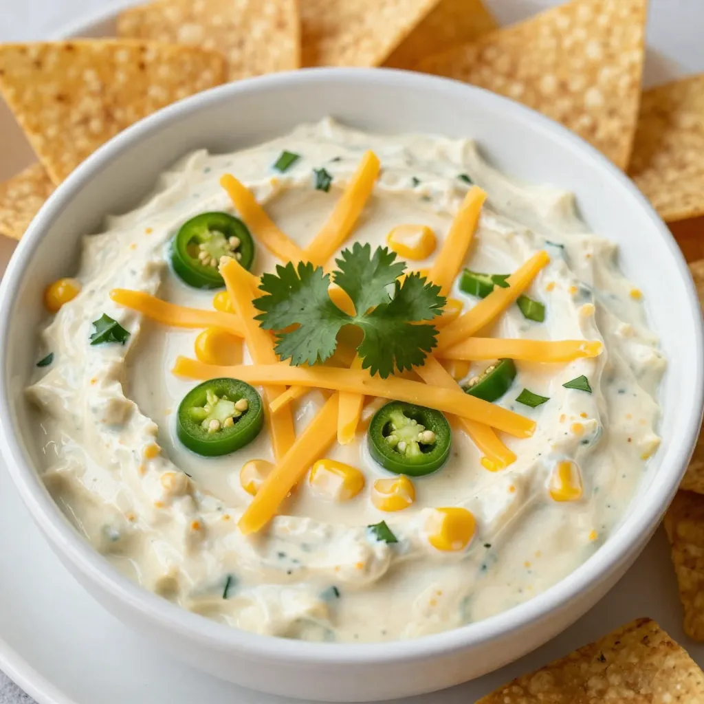 To make creamy jalapeño corn dip, gather these key ingredients: - 1 can (15 oz) sweet corn, drained - 1 can (4 oz) diced green chilies - 1-2 fresh jalapeños, finely chopped (seeded for less heat) - 1 cup cream cheese, softened - 1/2 cup sour cream - 1/2 cup mayonnaise - 1 cup shredded cheddar cheese - 1 teaspoon garlic powder - 1 teaspoon onion powder - Salt and pepper to taste - Fresh cilantro, for garnish - Tortilla chips, for serving You can add a few optional ingredients to boost flavor: - Lime juice for some tang - Smoked paprika for a smoky kick - Black beans for added texture and protein - Green onions for a fresh crunch If you need to swap ingredients, here are some ideas: - Greek yogurt can replace sour cream for a healthier option. - Neufchâtel cheese can be used instead of cream cheese. - Dairy-free cheese can replace cheddar for a vegan version. - Use fresh corn instead of canned for a sweeter taste. {{ingredient_image_1}} To start, gather your ingredients. Grab a large mixing bowl. First, add the softened cream cheese, sour cream, and mayonnaise. Mix these until smooth and creamy. Next, drain the can of sweet corn and add it to the bowl. Then, open the can of diced green chilies and pour them in as well. Finely chop 1-2 fresh jalapeños. If you want less heat, be sure to seed them. Stir all these together until well mixed. Now, it's time for the spices! Sprinkle in 1 teaspoon each of garlic powder and onion powder. Add salt and pepper to your taste. Mix until all the spices are evenly spread. Finally, fold in 1 cup of shredded cheddar cheese. Make sure it’s mixed well. Transfer the dip into a baking dish. Evenly spread it out so it bakes nicely. Preheat your oven to 350°F (175°C). Baking the dip for 20-25 minutes will make it hot and bubbly. Keep an eye on it as it cooks. You want the top to be golden brown but not burnt. If you like a crispy top, broil it for a minute at the end. Just don’t walk away! After baking, let it cool for a few minutes. This helps the flavors blend and makes it easier to serve. Serve the creamy jalapeño corn dip warm. It pairs well with tortilla chips for dipping. You can also try it with fresh veggies or pita bread. For a nice touch, garnish with fresh cilantro. This adds color and extra flavor. This dip is a crowd-pleaser at parties. It’s perfect for game nights, picnics, or any gathering. Your friends will love it! To manage the heat in your dip, start with fewer jalapeños. Use one if you want it mild. If you crave more spice, add an extra jalapeño. Remember to remove the seeds. They hold most of the heat. You can also mix in a bit of diced bell pepper. This adds flavor without extra heat. Tortilla chips are classic with this dip. They add crunch and balance the creaminess. You can also serve it with fresh veggies, like carrots or celery. These add a nice crunch too. For a heartier option, try it on toasted bread. It makes a great appetizer at any gathering. One big mistake is not mixing well. Ensure all ingredients blend together for the best flavor. Another mistake is overbaking. Keep an eye on it so it doesn’t dry out. Lastly, don’t skip the garnish. Fresh cilantro adds color and a burst of freshness. Pro Tips Choose Your Heat Level: Adjust the number of jalapeños according to your desired spice level. Removing the seeds and membranes will significantly reduce the heat. Cheese Varieties: For a unique flavor twist, try using pepper jack cheese or a blend of smoked cheddar and regular cheddar. Make Ahead: Prepare the dip a day in advance and store it in the refrigerator. Bake just before serving for a fresh and warm dip. Serving Suggestions: Enhance the presentation by serving with a variety of dipping options, such as pita chips, veggie sticks, or even toasted baguette slices. {{image_2}} If you want a vegetarian twist, this dip is already meat-free! You can enhance it by adding black beans or diced red bell peppers. These add color and texture. You can also use vegan cream cheese and sour cream for a plant-based version. This way, everyone can enjoy this dish! This creamy jalapeño corn dip is a great gluten-free snack. Just make sure your mayonnaise and other ingredients are labeled gluten-free. Serve it with corn chips or fresh veggies like carrot sticks. This keeps the dip safe for those with gluten sensitivities. Feel free to customize this dip! Add some cooked bacon for a smoky flavor. You could mix in diced tomatoes for freshness. For a zesty kick, try lime juice or a splash of hot sauce. These tweaks make each batch special and exciting! Leftover creamy jalapeño corn dip is easy to store. Place it in a tight container. Make sure the lid seals well. This keeps the dip fresh. You can store it in the fridge for up to three days. To reheat, scoop some dip into a microwave-safe bowl. Heat it in the microwave for about one minute. Stir it halfway through to heat evenly. If you prefer, you can also reheat it in the oven. Preheat your oven to 350°F (175°C). Place the dip in an oven-safe dish. Heat for about 10-15 minutes until hot and bubbly. You can freeze this dip for later use. First, let it cool completely. Then, transfer it to a freezer-safe container. Make sure to leave some space at the top. The dip can stay in the freezer for about two months. To use, thaw it in the fridge overnight. Reheat it following the earlier instructions. You can serve this dip with tortilla chips. The chips add a nice crunch. You can also use pita chips or veggie sticks. Carrots and cucumbers are great choices. For fun, try serving it with crackers. For a twist, add some sliced baguette. Each option pairs well with the creamy dip. Yes, you can make this dip ahead of time. Just mix all the ingredients and store it in the fridge. Cover it tightly with plastic wrap or a lid. It will stay fresh for up to two days. When you’re ready to serve, bake it as directed. This makes it easy for parties. Absolutely! To make it spicier, add more jalapeños. You can also leave the seeds in for more heat. Another option is to add a splash of hot sauce. Choose your favorite brand for the best flavor. You can even mix in some diced serrano peppers. Adjust the spice to fit your taste! In this post, we explored the ingredients, preparation steps, and tips for a delicious creamy jalapeño corn dip. You learned how to adjust flavors, avoid common mistakes, and find great pairings. Remember to store leftovers properly for later enjoyment. Try different variations to keep it fun and tasty. These simple steps will help you create a dip that everyone loves. Enjoy your cooking adventures, and don’t be afraid to experiment!