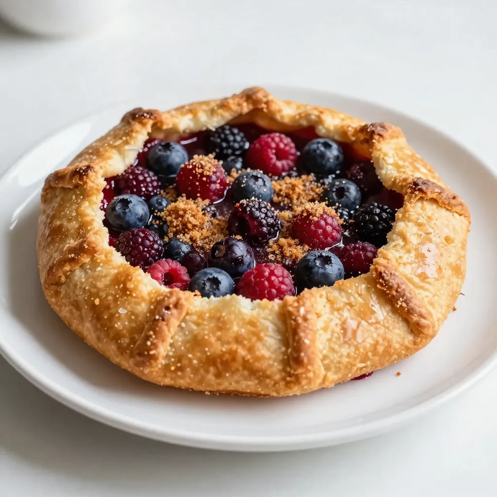 To make a tasty triple berry galette, gather these ingredients: - 1 ½ cups all-purpose flour - 2 tablespoons granulated sugar - ½ teaspoon salt - ½ cup unsalted butter, chilled and cubed - 4 to 5 tablespoons ice water - 1 cup mixed berries (strawberries, blueberries, raspberries) - 2 tablespoons cornstarch - 2 tablespoons brown sugar - 1 teaspoon vanilla extract - 1 egg, beaten (for egg wash) - Turbinado sugar for sprinkling (optional) If you need to swap ingredients, here are some ideas: - Use whole wheat flour instead of all-purpose flour for a nutty flavor. - You can replace granulated sugar with honey for a different sweetness. - Coconut oil works well in place of butter for a dairy-free version. - For berries, feel free to use any you like, such as blackberries or cherries. Picking fresh berries makes a big difference in your galette. Here’s what to look for: - Choose berries that are bright and plump. - Avoid any that are mushy or have brown spots. - Smell the berries; they should have a sweet aroma. - If you can, buy them in season for the best taste. - Wash them gently and dry them before using. These tips will help you create a delicious and beautiful galette! {{ingredient_image_1}} To start, gather your ingredients. In a large bowl, mix together the flour, sugar, and salt. Use a whisk for a good blend. Now, add the chilled, cubed butter. With a pastry cutter or your fingers, mix until it looks like coarse crumbs. This step is key for a flaky crust. Next, add ice water one tablespoon at a time. Mix until the dough forms. Shape it into a disk and wrap it in plastic. Chill it in the fridge for at least 30 minutes. While the dough chills, prepare the berry filling. Take a separate bowl and add the mixed berries. I like to use strawberries, blueberries, and raspberries for a great mix. Add cornstarch, brown sugar, and vanilla extract. Gently toss everything together. Let the mixture sit for about 10 minutes. This helps the berries release their juices, making a juicy filling. Once the dough is chilled, preheat your oven to 375°F (190°C). On a floured surface, roll out the dough into a 12-inch circle. Transfer it to a baking sheet lined with parchment paper. Next, spoon the berry mixture into the center, leaving a 2-inch border. Fold the edges over the berries, pleating as you go. This gives it a nice rustic look. Brush the edges with beaten egg for a golden finish. If you like extra crunch, sprinkle turbinado sugar on top. Bake the galette for 30-35 minutes. It should be golden brown and bubbly. After baking, let it cool for a few minutes. Then, slice and serve it warm or at room temperature. Enjoy with vanilla ice cream or whipped cream if you like! When making your triple berry galette, avoid overworking the dough. This can make it tough. Use cold butter and ice water to keep it flaky. Don’t skip chilling the dough. It helps the crust hold its shape. Ensure your berries are not too ripe. Overripe berries can make the filling runny. To achieve that perfect flaky crust, start with cold ingredients. Chill your butter and water before mixing. When you mix the butter into the flour, use your fingers or a pastry cutter. You want to see small bits of butter in the dough. This creates layers when baked. Remember to roll out the dough evenly. An even thickness helps it bake uniformly. I love serving this galette warm. It pairs well with vanilla ice cream or whipped cream. Try a drizzle of honey for added sweetness. Fresh mint leaves can add a nice touch. For a twist, serve it with yogurt for breakfast. You can also enjoy it at room temperature! Pro Tips Chill Your Ingredients: Ensure your butter and water are very cold. This helps create a flaky, tender crust. Macerate the Berries: Allow the berry mixture to sit for at least 10 minutes. This enhances their flavor and helps release juices. Use Parchment Paper: Lining your baking sheet with parchment paper prevents sticking and makes cleanup easier. Serve with Ice Cream: A scoop of vanilla ice cream or a dollop of whipped cream elevates the dessert and adds creaminess to the tartness of the berries. {{image_2}} You can change the berries in your galette. Use any mix you like. Strawberries, blueberries, and raspberries work well together. But don’t stop there! Try blackberries, cherries, or peaches. Each fruit adds a unique flavor. Just remember to adjust the sugar to balance sweetness. If you use tart berries, like cranberries, add more sugar. Your choices can create a new treat every time! Spices can bring out the best flavors in your galette. Cinnamon adds warmth, while nutmeg brings a cozy touch. You can also add lemon or orange zest. This brightens the fruit and makes it pop. Just a little zest goes a long way. Mix these into your berry filling for a fresh twist. It’s fun to experiment with what you have at home. Want a gluten-free galette? You can use a gluten-free flour blend instead of all-purpose flour. Look for blends that include xanthan gum. This helps mimic the texture of regular flour. Follow the same steps for making the dough. The filling stays the same. Your galette will still taste amazing, and everyone can enjoy it! You can store leftover galette in an airtight container. Place it in the fridge for up to three days. Make sure it cools completely before sealing. This keeps it fresh and tasty. To reheat, set your oven to 350°F (175°C). Place the galette on a baking sheet. Heat for about 10 to 15 minutes. This way, the crust stays crispy, and the berries warm up nicely. If you want to freeze the galette, wrap it well in plastic wrap. Then, place it in a freezer bag. You can freeze it for up to two months. To enjoy later, thaw it in the fridge overnight before reheating. A galette is a free-form pie. It has a flaky crust and a fruit filling. You can fill it with many fruits, like berries. The dough is rolled out flat and folded over the edges. This makes it look rustic and charming. Galettes are easy to make and fun to serve. Yes, you can use frozen berries in your galette. Just make sure to thaw them first. Drain any extra juice before mixing them with sugar and cornstarch. This helps keep the crust from getting soggy. Frozen berries are a great option when fresh ones are not in season. You’ll know the galette is done when the crust is golden brown. The berries should be bubbling and fragrant. Bake it for 30-35 minutes at 375°F (190°C). If you see the crust is brown and the filling is hot, it’s ready to take out! Let it cool for a few minutes before serving. This article covered all you need to make a delicious galette. We listed key ingredients and provided tips for picking fresh berries. I shared clear steps for making the dough and filling. You learned how to avoid common mistakes and secrets for a flaky crust. In the end, experimenting with different toppings brings fun and flavor to this dish. Enjoy making your galette and delight in every bite!