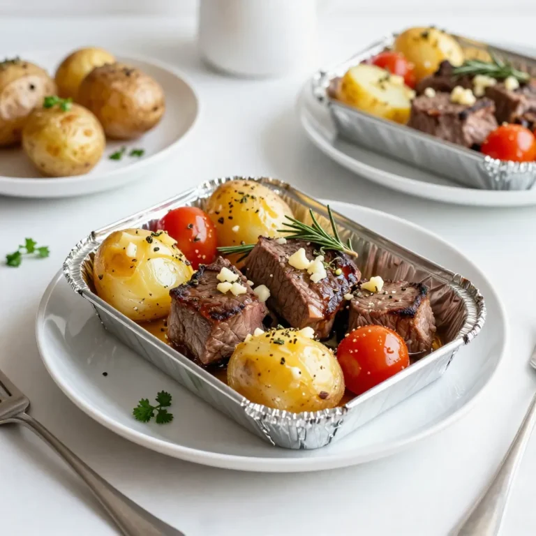 - 1 lb sirloin steak, cut into 1-inch cubes - 1 lb baby potatoes, halved - 4 tablespoons unsalted butter, melted - 4 cloves garlic, minced The main ingredients bring bold flavors to this dish. Sirloin steak gives you rich, juicy bites. Baby potatoes add a nice texture and soak up the garlic butter. The melted butter keeps the steak tender and moist. Garlic adds a wonderful aroma and flavor. - 1 teaspoon dried rosemary - 1 teaspoon dried thyme - Salt and pepper to taste - Fresh parsley, chopped (for garnish) Seasoning makes a big difference. Dried rosemary and thyme give depth to the dish. Salt and pepper enhance all the flavors. Fresh parsley adds a pop of color and freshness when you garnish. This mix of herbs creates a delightful aroma as it cooks. - 1 tablespoon olive oil - 1 cup cherry tomatoes, halved Olive oil helps coat the potatoes well. It adds a touch of richness to the mix. Cherry tomatoes bring a burst of sweetness. They also add a nice color contrast. Feel free to use them for an extra flavor boost! {{ingredient_image_1}} - Preheat your oven to 400°F (200°C) or prepare your grill. - In a small bowl, mix melted butter, minced garlic, rosemary, thyme, salt, and pepper. - In a large bowl, toss halved baby potatoes with olive oil, salt, and pepper. - Add cubed sirloin steak and half of the garlic butter mixture to the potatoes. Toss well. - Cut four large pieces of aluminum foil, each about 12x12 inches. - Place the seasoned steak and potato mixture in the center of each foil piece. - Top each pack with halved cherry tomatoes and drizzle with the rest of the garlic butter. - Fold the sides of each foil over the mixture and roll the top down to seal tightly. - Place the foil packs on a baking sheet. Bake for 25-30 minutes, until the potatoes are tender and the steak is cooked to your liking. You can bake or grill these foil packs. Baking gives a steady heat, while grilling adds a smoky touch. When baking, set your oven to 400°F (200°C). If you grill, keep the heat medium-high. Cooking time can change based on how you like your steak. For medium-rare, aim for about 25 minutes. For medium, increase the time to 30 minutes. Always check the steak for your preferred doneness. To seal foil packs well, fold the edges tightly. This keeps steam inside and helps the food cook evenly. Make sure there are no openings. To ensure even cooking, spread the ingredients in a single layer. This helps everything cook at the same pace. Marinades can boost the taste of steak. Try a simple mix of soy sauce, garlic, and lemon juice for a tasty twist. Fresh herbs like rosemary and thyme offer bright flavors. Dried herbs work too, but fresh gives a bolder taste. Use what you have on hand for the best results. Pro Tips Use High-Quality Steak: Choose a well-marbled sirloin steak for the best flavor and tenderness. The fat will render during cooking, adding richness to the dish. Customize Your Veggies: Feel free to add or substitute other vegetables, such as bell peppers or zucchini, to enhance flavor and nutrition in your foil packs. Adjust Cooking Time: Cooking times may vary based on the size of your potato halves and steak cubes. Ensure potatoes are fork-tender and steak is cooked to your liking. Seal Tightly: Be sure to seal the foil packs tightly to keep the steam in, which helps cook the ingredients evenly and prevents drying out. {{image_2}} You can switch up the protein in your foil packs. Chicken works great instead of steak. Use boneless chicken thighs for juiciness. Cut them into bite-sized pieces, just like the steak. This way, chicken absorbs the garlic butter mix well. If you prefer a meat-free option, try tofu or tempeh. Both soak up flavors nicely. Cube them and treat them like steak. They offer a tasty twist for veggie lovers! Don’t stop at potatoes. You can add more vegetables to your packs! Bell peppers, sliced thin, add color and crunch. Onions bring sweetness when cooked. Mix and match to fit your taste. Seasonal veggies make these packs fun! In summer, use zucchini or corn. In fall, add carrots or squash. The options are endless, and they keep your meals fresh and exciting. Want some kick? Consider adding chili flakes for heat. A little goes a long way! If you like smoky flavors, smoked paprika is perfect. It gives your meal a deep, rich taste. For a bright twist, add lemon or citrus zest. The acidity cuts through the richness of the butter. Just sprinkle it on before sealing the foil packs. These little changes make your foil packs unique and flavorful! After you enjoy your Garlic Butter Steak & Potato Foil Packs, store leftovers in an airtight container. This keeps the steak and potatoes fresh. Place them in the fridge within two hours of cooking. They will last for up to three days. To reheat, you have two good choices: the oven or the microwave. The oven gives the best taste. Preheat it to 350°F (175°C). Place the foil pack on a baking sheet and heat for about 15 minutes. If you use the microwave, place the food in a safe dish. Heat in short bursts of one to two minutes until warm. You can freeze foil packs before cooking. Wrap them tightly in plastic wrap or foil. This helps keep out air and moisture. They will stay good in the freezer for up to three months. To thaw and reheat frozen packs, move them to the fridge overnight. This allows them to defrost slowly. Once thawed, follow the reheating steps above to enjoy your meal! Yes, you can use frozen steak! Just remember to adjust cooking time. If your steak is frozen, add about 10-15 minutes to the cooking time. Check the steak with a meat thermometer. It should reach 145°F for medium-rare. This ensures it's safe to eat. These foil packs pair well with many sides. Here are some suggestions: - Steamed broccoli adds a fresh crunch. - Caesar salad gives a nice crispness. - Garlic bread complements the flavors perfectly. - Grilled corn on the cob is a fun, seasonal choice. Yes, you can prep these foil packs in advance! Just follow these tips: - Assemble the packs and store them in the fridge for up to 24 hours. - Do not cook them until you're ready to eat. - If you want to freeze them, wrap tightly and store for up to 3 months. Thaw in the fridge before cooking. In this post, I shared how to make tasty garlic butter steak and potato foil packs. We covered main ingredients, seasoning, and optional items for extra flavor. I explained step-by-step instructions for preparation and cooking. You'll also find tips for better cooking and variations to fit your taste. Remember, cooking can be fun and simple. Enjoy these packs hot off the grill or oven, and feel free to customize them as you like. Happy cooking!