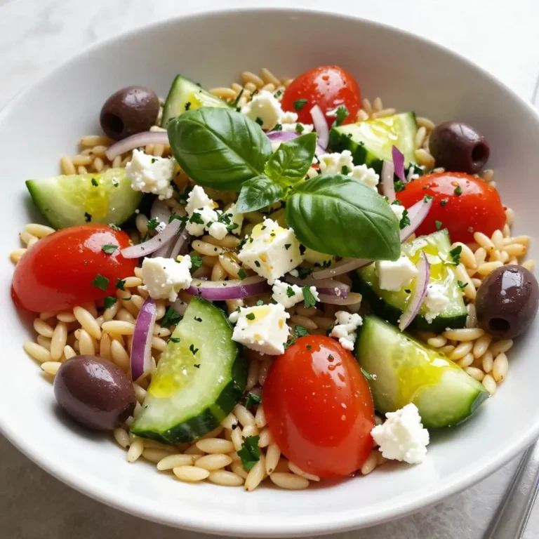 To make a great Greek orzo pasta salad, you need the right ingredients. Here’s what you will need: - 1 cup orzo pasta - 1 ½ cups cherry tomatoes, halved - 1 cucumber, diced - ½ cup red onion, finely chopped - ½ cup Kalamata olives, pitted and sliced - 1 cup feta cheese, crumbled - ¼ cup fresh parsley, chopped - ¼ cup fresh basil, chopped - 3 tablespoons olive oil - 2 tablespoons lemon juice - 1 teaspoon dried oregano - Salt and pepper to taste These ingredients create a fresh and tasty salad. Each one plays a role in building flavor. Fresh herbs are key in Greek orzo pasta salad. They add bright flavors and aromas. I love using parsley and basil. They bring a garden-fresh taste. Dried herbs lack that same punch. So, always reach for fresh if you can! You can swap some ingredients if needed. For example, use quinoa instead of orzo for gluten-free. You can replace Kalamata olives with green olives for a milder flavor. If you don’t have feta, try goat cheese. Each option can change the taste, but they all work well! {{ingredient_image_1}} To cook orzo pasta, start with a pot of boiling salted water. Add 1 cup of orzo. Cook it for 8 to 10 minutes until it is al dente. Drain the orzo and rinse it under cold water. This stops the cooking process. The orzo should be firm but not hard. Perfectly cooked orzo adds a nice bite to your salad. While the orzo cooks, prepare your vegetables. Chop 1 ½ cups of cherry tomatoes in half. Dice 1 cucumber into small pieces. Finely chop ½ cup of red onion. Slice ½ cup of Kalamata olives. Place all these veggies in a large mixing bowl. Their colors and flavors will add freshness to the salad. Now, let’s make the dressing. In a small bowl, whisk together 3 tablespoons of olive oil and 2 tablespoons of lemon juice. Add 1 teaspoon of dried oregano. Season with a pinch of salt and pepper. This dressing ties all the flavors together. It adds brightness and zest to the salad. Once the orzo is cool, add it to the bowl with the veggies. Toss gently to combine everything. Pour the dressing over the mixture and toss again. Next, fold in 1 cup of crumbled feta cheese, ¼ cup of chopped fresh parsley, and ¼ cup of chopped fresh basil. Adjust the seasoning with more salt and pepper if needed. For the best taste, chill the salad in the fridge for at least 30 minutes. Serve it in a large bowl, and garnish with whole olives and fresh herbs. This makes your dish look vibrant and inviting! To make your Greek orzo pasta salad pop, focus on fresh ingredients. Use ripe cherry tomatoes and crisp cucumbers for the best taste. Fresh herbs like parsley and basil add bright notes. Crumbled feta cheese brings a creamy texture and salty flavor. Don’t skip the dressing! A mix of olive oil, lemon juice, and dried oregano ties everything together. Adjust salt and pepper to match your taste. Chilling your salad is key for great flavor. When you let it sit in the fridge, the ingredients meld together. This makes each bite more delicious. Aim to chill it for at least 30 minutes. If you can, let it sit longer. The flavors will deepen, and the salad will taste even better. A beautiful presentation makes your salad more inviting. Serve it in a large bowl for a communal feel. Top it with whole olives and a sprinkle of fresh herbs. This adds color and makes it look fresh. You can also use a clear glass bowl to show off the layers. Enjoy the smiles when you serve this vibrant dish! Pro Tips Use Fresh Ingredients: For the best flavor, opt for fresh herbs and ripe tomatoes. The quality of your ingredients will significantly enhance the taste of the salad. Chill Before Serving: Letting the salad chill for at least 30 minutes allows the flavors to meld together beautifully, resulting in a more harmonious dish. Customize Your Olives: While Kalamata olives are traditional, feel free to experiment with other varieties such as green olives or even add a touch of capers for extra zing. Make It a Meal: To turn this salad into a hearty meal, consider adding grilled chicken or shrimp for added protein, making it perfect for lunch or dinner. {{image_2}} You can easily change the flavor of your Greek Orzo Pasta Salad. Adding bell peppers brightens the dish with crunch and color. Try using roasted red peppers for a sweet twist. Artichokes add a unique taste that pairs well with feta. You can also use sun-dried tomatoes for a richer flavor. If you want more protein, grilled chicken is a great choice. It adds heartiness to the salad. Chickpeas are another option. They make the dish filling and add a nutty flavor. You can also use shrimp for a seafood twist. Simply grill or sauté them, then mix them in. For those needing gluten-free options, use gluten-free orzo pasta. Many brands offer it, and it cooks similarly to regular orzo. You can also substitute quinoa, which adds a nice texture and is gluten-free. If you want a lower-carb version, try cauliflower rice instead. It adds a fresh taste while keeping the dish light. To keep your Greek Orzo Pasta Salad fresh, store it in an airtight container. Make sure to pack it tightly. This helps prevent air from drying it out. If you have extra dressing, keep it separate. Adding dressing to the salad too early can make it soggy. When stored correctly in the fridge, this salad can last about three to five days. After that, the flavors may fade. If you see any signs of spoilage, like an off smell or changes in texture, it’s best to toss it. For meal prep, prepare the orzo and veggies in advance. Mix them together just before serving. This keeps the ingredients fresh and flavorful. You can also freeze leftovers, but the texture may change. If you freeze, plan to use it within a month for the best taste. Yes, you can make Greek Orzo Pasta Salad ahead of time. In fact, it tastes better after a few hours in the fridge. The flavors mix well when the salad sits. I suggest making it a day in advance for the best taste. Just remember to keep it in an airtight container. This salad is very versatile. It goes great with grilled chicken or fish. You can also serve it with pita bread and hummus for a full meal. For extra flavor, try adding garlic bread or tzatziki sauce. These pairings will complement the fresh taste of the salad. You can keep Greek Orzo Pasta Salad in the fridge for about three to five days. Make sure it stays in an airtight container to keep it fresh. If you notice any off smells or colors, it's best to toss it. Enjoy it cold for a refreshing dish! Greek Orzo Pasta Salad is simple and fresh. We covered essential ingredients, the importance of herbs, and how to substitute. You learned to cook orzo perfectly, prep vegetables, and create a tasty dressing. I shared tips to enhance flavor and keep the salad fresh. We explored fun variations and proper storage methods. In closing, this salad makes a great meal or side dish. Enjoy experimenting and savoring every bite!