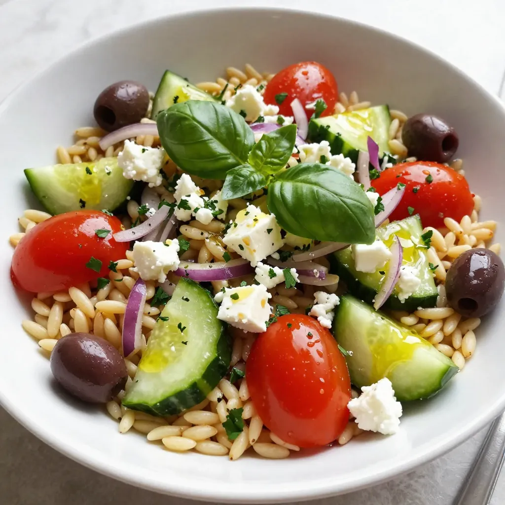 To make a great Greek orzo pasta salad, you need the right ingredients. Here’s what you will need: - 1 cup orzo pasta - 1 ½ cups cherry tomatoes, halved - 1 cucumber, diced - ½ cup red onion, finely chopped - ½ cup Kalamata olives, pitted and sliced - 1 cup feta cheese, crumbled - ¼ cup fresh parsley, chopped - ¼ cup fresh basil, chopped - 3 tablespoons olive oil - 2 tablespoons lemon juice - 1 teaspoon dried oregano - Salt and pepper to taste These ingredients create a fresh and tasty salad. Each one plays a role in building flavor. Fresh herbs are key in Greek orzo pasta salad. They add bright flavors and aromas. I love using parsley and basil. They bring a garden-fresh taste. Dried herbs lack that same punch. So, always reach for fresh if you can! You can swap some ingredients if needed. For example, use quinoa instead of orzo for gluten-free. You can replace Kalamata olives with green olives for a milder flavor. If you don’t have feta, try goat cheese. Each option can change the taste, but they all work well! {{ingredient_image_1}} To cook orzo pasta, start with a pot of boiling salted water. Add 1 cup of orzo. Cook it for 8 to 10 minutes until it is al dente. Drain the orzo and rinse it under cold water. This stops the cooking process. The orzo should be firm but not hard. Perfectly cooked orzo adds a nice bite to your salad. While the orzo cooks, prepare your vegetables. Chop 1 ½ cups of cherry tomatoes in half. Dice 1 cucumber into small pieces. Finely chop ½ cup of red onion. Slice ½ cup of Kalamata olives. Place all these veggies in a large mixing bowl. Their colors and flavors will add freshness to the salad. Now, let’s make the dressing. In a small bowl, whisk together 3 tablespoons of olive oil and 2 tablespoons of lemon juice. Add 1 teaspoon of dried oregano. Season with a pinch of salt and pepper. This dressing ties all the flavors together. It adds brightness and zest to the salad. Once the orzo is cool, add it to the bowl with the veggies. Toss gently to combine everything. Pour the dressing over the mixture and toss again. Next, fold in 1 cup of crumbled feta cheese, ¼ cup of chopped fresh parsley, and ¼ cup of chopped fresh basil. Adjust the seasoning with more salt and pepper if needed. For the best taste, chill the salad in the fridge for at least 30 minutes. Serve it in a large bowl, and garnish with whole olives and fresh herbs. This makes your dish look vibrant and inviting! To make your Greek orzo pasta salad pop, focus on fresh ingredients. Use ripe cherry tomatoes and crisp cucumbers for the best taste. Fresh herbs like parsley and basil add bright notes. Crumbled feta cheese brings a creamy texture and salty flavor. Don’t skip the dressing! A mix of olive oil, lemon juice, and dried oregano ties everything together. Adjust salt and pepper to match your taste. Chilling your salad is key for great flavor. When you let it sit in the fridge, the ingredients meld together. This makes each bite more delicious. Aim to chill it for at least 30 minutes. If you can, let it sit longer. The flavors will deepen, and the salad will taste even better. A beautiful presentation makes your salad more inviting. Serve it in a large bowl for a communal feel. Top it with whole olives and a sprinkle of fresh herbs. This adds color and makes it look fresh. You can also use a clear glass bowl to show off the layers. Enjoy the smiles when you serve this vibrant dish! Pro Tips Use Fresh Ingredients: For the best flavor, opt for fresh herbs and ripe tomatoes. The quality of your ingredients will significantly enhance the taste of the salad. Chill Before Serving: Letting the salad chill for at least 30 minutes allows the flavors to meld together beautifully, resulting in a more harmonious dish. Customize Your Olives: While Kalamata olives are traditional, feel free to experiment with other varieties such as green olives or even add a touch of capers for extra zing. Make It a Meal: To turn this salad into a hearty meal, consider adding grilled chicken or shrimp for added protein, making it perfect for lunch or dinner. {{image_2}} You can easily change the flavor of your Greek Orzo Pasta Salad. Adding bell peppers brightens the dish with crunch and color. Try using roasted red peppers for a sweet twist. Artichokes add a unique taste that pairs well with feta. You can also use sun-dried tomatoes for a richer flavor. If you want more protein, grilled chicken is a great choice. It adds heartiness to the salad. Chickpeas are another option. They make the dish filling and add a nutty flavor. You can also use shrimp for a seafood twist. Simply grill or sauté them, then mix them in. For those needing gluten-free options, use gluten-free orzo pasta. Many brands offer it, and it cooks similarly to regular orzo. You can also substitute quinoa, which adds a nice texture and is gluten-free. If you want a lower-carb version, try cauliflower rice instead. It adds a fresh taste while keeping the dish light. To keep your Greek Orzo Pasta Salad fresh, store it in an airtight container. Make sure to pack it tightly. This helps prevent air from drying it out. If you have extra dressing, keep it separate. Adding dressing to the salad too early can make it soggy. When stored correctly in the fridge, this salad can last about three to five days. After that, the flavors may fade. If you see any signs of spoilage, like an off smell or changes in texture, it’s best to toss it. For meal prep, prepare the orzo and veggies in advance. Mix them together just before serving. This keeps the ingredients fresh and flavorful. You can also freeze leftovers, but the texture may change. If you freeze, plan to use it within a month for the best taste. Yes, you can make Greek Orzo Pasta Salad ahead of time. In fact, it tastes better after a few hours in the fridge. The flavors mix well when the salad sits. I suggest making it a day in advance for the best taste. Just remember to keep it in an airtight container. This salad is very versatile. It goes great with grilled chicken or fish. You can also serve it with pita bread and hummus for a full meal. For extra flavor, try adding garlic bread or tzatziki sauce. These pairings will complement the fresh taste of the salad. You can keep Greek Orzo Pasta Salad in the fridge for about three to five days. Make sure it stays in an airtight container to keep it fresh. If you notice any off smells or colors, it's best to toss it. Enjoy it cold for a refreshing dish! Greek Orzo Pasta Salad is simple and fresh. We covered essential ingredients, the importance of herbs, and how to substitute. You learned to cook orzo perfectly, prep vegetables, and create a tasty dressing. I shared tips to enhance flavor and keep the salad fresh. We explored fun variations and proper storage methods. In closing, this salad makes a great meal or side dish. Enjoy experimenting and savoring every bite!
