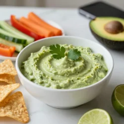 - 2 ripe avocados - 1/2 cup Greek yogurt - 1 lime, juiced - 1 clove garlic, minced - 1/4 teaspoon ground cumin - Salt and pepper to taste In this recipe, the main ingredients create a creamy and fresh dip. The avocados are the star. They bring a smooth texture and rich flavor. I always choose ripe avocados; they should yield slightly when pressed. This ensures they blend well. Greek yogurt adds a tangy creaminess while keeping it light. Lime juice brightens the dip and adds zest. Garlic gives it a nice kick, and cumin adds warmth. Seasoning with salt and pepper brings all the flavors together. - Fresh cilantro leaves While not necessary, fresh cilantro makes a lovely garnish. It adds color and a burst of herbal flavor. You can sprinkle it on top before serving. This little touch makes your dip look even more inviting. {{ingredient_image_1}} - Cut avocados in half and remove the pit. - Scoop the flesh into a blender. To prepare avocados, start with ripe ones. Ripe avocados feel slightly soft when you squeeze them. Use a sharp knife to cut each avocado in half. Be careful around the pit. Once cut, twist the halves to separate them. Remove the pit by carefully hitting it with the knife and twisting. Then, scoop the green flesh into a blender. This step is key for a smooth dip. - Add Greek yogurt, lime juice, garlic, and cumin. - Blend until smooth, adjusting consistency with water if needed. Next, add Greek yogurt for creaminess. Squeeze in the lime juice for fresh zest. Mince a clove of garlic and add it too. The cumin gives a warm flavor. Blend everything until it is smooth. If it feels too thick, add water a tablespoon at a time. Blend again until you reach the dip's perfect texture. - Taste and season with salt and pepper. - Transfer to a serving bowl and garnish with cilantro. Now, taste the dip. Add salt and pepper to your liking. Blend once more to mix in the seasonings. Finally, spoon the crema dip into a bowl. For a pop of color, add chopped fresh cilantro on top. This step not only looks great but adds freshness to the flavor. Enjoy your creamy and fresh avocado lime crema dip! To get the right thickness, you can use water. If your dip is too thick, add one tablespoon of water at a time. Blend it again after each addition. This way, you control the thickness. You want a creamy dip, not soup. For a creamier texture, try using ripe avocados. Pick avocados that give slightly when you press them. Overripe avocados can make the dip too mushy. Use fresh Greek yogurt instead of sour cream for a nice balance. This will keep your dip rich and smooth. To boost the flavor, try adding spices. A pinch of chili powder or smoked paprika can add depth. Fresh herbs like cilantro or parsley also brighten the taste. Mix in a little chopped jalapeño for heat. Using fresh lime juice is key. Bottled juice lacks flavor and freshness. Squeeze your lime right before using it. This keeps the dip lively and zesty. Don’t skip the garlic; it adds an amazing kick. Taste your dip as you go to find your perfect flavor. Pro Tips Use Fresh Avocados: Choose ripe avocados that yield slightly to pressure for the best flavor and creaminess. Adjust Lime Juice: Taste the dip after blending and adjust the lime juice to your preference for acidity. Experiment with Spices: Feel free to add other spices like chili powder or smoked paprika for an extra kick. Chill Before Serving: For the best flavor, let the dip chill in the refrigerator for at least 30 minutes before serving. {{image_2}} You can add jalapeños to your crema for heat. Just chop a small amount and blend it in. This adds a nice kick without taking over the flavor. You can adjust the amount based on your taste. For a smoky twist, try incorporating smoked paprika. Just a pinch adds depth and warmth. If you want your dip to be richer, use sour cream instead of Greek yogurt. This makes the dip creamy and tangy. Another option is to combine the dip with cream cheese. This adds a dreamy texture and makes it even more luscious. You can mix it in for a special touch. To keep your avocado lime crema dip fresh, store it in the fridge. Use an airtight container for best results. This helps keep the dip cool and tasty. When you cover the dip, press plastic wrap right onto the surface. This reduces air contact and helps prevent browning. Avocado lime crema dip is best enjoyed fresh. However, it can last in the fridge for about 2 to 3 days. You may notice the dip starts to brown after a day. Check for dark spots and an off smell. If you see these signs, it’s time to toss it. Enjoy your dip while it’s bright, creamy, and full of flavor! You can spice up your dip easily. Add diced jalapeños for heat. They bring a nice kick. You can also use chili powder or cayenne pepper. Start with a little, then taste. This way, you can find the right level of spice for you. Yes, you can make this dip ahead. It stays fresh in the fridge for about two days. To store it, cover the dip tightly. This helps keep it from browning. You can also add a layer of lime juice on top. This keeps the color bright. Make it a few hours in advance for best flavor. This dip goes well with many dishes. Serve it with tortilla chips for a classic snack. You can also pair it with fresh veggie sticks. Think bell peppers, cucumbers, or carrots. It adds a creamy touch to tacos or grilled meats. Even use it as a spread for sandwiches. The options are endless! This blog post shared the simple way to make delicious avocado lime crema dip. You learned about the key ingredients, like avocados and Greek yogurt, and how to blend them into a creamy treat. We explored tips for great texture and even fun variations to customize your dip. Finally, we covered storage tips to keep it fresh. Enjoy making this tasty dip with the perfect balance of flavor and creaminess. It's a fun addition to many meals and perfect for sharing!