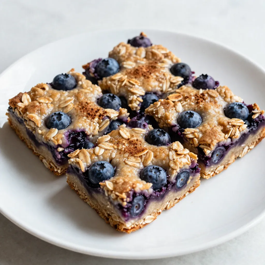 To make these blueberry oatmeal breakfast bars, you need just a few simple ingredients. Here’s the full list: - 2 cups rolled oats - 1 cup mashed ripe bananas (about 2 large bananas) - 1 cup almond milk (or any milk of your choice) - 1 cup fresh or frozen blueberries - 1/4 cup honey or maple syrup - 1/4 cup almond butter (or peanut butter) - 1 teaspoon vanilla extract - 1 teaspoon cinnamon - 1/2 teaspoon salt - 1/4 teaspoon baking powder These ingredients work together to create a tasty and healthy snack. The oats provide fiber, while the bananas add natural sweetness. You can swap ingredients easily. If you want a dairy-free option, almond milk works well. You can use any milk you like, such as soy or oat milk. For sweeteners, honey is great, but maple syrup is a good choice too. If you prefer no added sugar, try ripe bananas for sweetness. For nut allergies, replace almond butter with sunflower seed butter. It tastes good and keeps your bars safe. These bars offer a healthy start to your day. Here’s a quick look at the nutrition per serving (1 bar): - Calories: 150 - Protein: 4g - Carbohydrates: 25g - Dietary Fiber: 3g - Sugars: 7g - Fat: 5g These numbers can vary based on your ingredient choices. Overall, these bars are a good mix of carbs, protein, and healthy fats. Enjoy them as a quick breakfast or snack! {{ingredient_image_1}} 1. Preheat your oven to 350°F (175°C). This helps the bars bake evenly. 2. Line an 8x8 inch baking pan with parchment paper. Leave some paper hanging over the edges. This makes it easy to lift the bars out later. 3. In a large bowl, mix together 2 cups of rolled oats, 1 teaspoon of cinnamon, 1/2 teaspoon of salt, and 1/4 teaspoon of baking powder. Stir well to combine these dry ingredients. 4. In another bowl, mash 2 ripe bananas until smooth. You need about 1 cup of mashed bananas. 5. Add 1 cup of almond milk, 1/4 cup of honey (or maple syrup), 1/4 cup of almond butter, and 1 teaspoon of vanilla extract to the mashed bananas. Mix until everything is smooth and well combined. 6. Pour the wet mixture into the dry ingredients. Stir until the mix is fully combined. 7. Gently fold in 1 cup of blueberries. If you use fresh blueberries, be careful not to crush them. 1. Spread the mixture evenly in your prepared pan. Use a spatula to smooth the top. 2. Bake in the preheated oven for 25-30 minutes. The edges should turn golden brown. 3. To check doneness, insert a toothpick into the center. If it comes out clean, the bars are ready. If not, bake a few more minutes. 1. Once baked, remove the pan from the oven. Let it cool for about 10-15 minutes. 2. Use the parchment paper overhang to lift the bars out of the pan. Place them on a wire rack to cool completely. 3. After they cool, cut into squares or bars. Store them in an airtight container in the fridge for up to a week. When making blueberry oatmeal breakfast bars, mixing well is key. Start with the dry ingredients first. Combine rolled oats, cinnamon, salt, and baking powder in a large bowl. This ensures even flavor throughout. In another bowl, mix the wet ingredients: mashed bananas, almond milk, honey, almond butter, and vanilla. Blend until smooth. Then pour the wet mix into the dry mix. Stir gently. This helps keep the oats intact and your blueberries whole. Lastly, fold in the blueberries carefully. You want to keep them whole for bursts of flavor. After baking, let the bars cool completely. Use the parchment paper to lift them out of the pan. Cut them into squares or bars. Store them in an airtight container in the fridge. They will stay fresh for up to a week. If you want to reheat them, use the microwave for about 15 seconds. You can also enjoy them cold. To warm them up in the oven, set it to 350°F (175°C) and heat for about 5 minutes. These breakfast bars are very flexible. You can swap blueberries for any fruit you like. Try raspberries, chopped apples, or even dried fruits. For a gluten-free option, use gluten-free rolled oats. If you want to make them nut-free, replace almond butter with sunflower seed butter. For a sweeter treat, add chocolate chips or nuts. You can also adjust the sweeteners, using less honey or maple syrup if you prefer. Each change can give you a new flavor and experience! Pro Tips Use Ripe Bananas: The riper the bananas, the sweeter your bars will be. Look for bananas with brown spots for optimal flavor. Experiment with Milks: Feel free to substitute almond milk with oat milk, coconut milk, or any milk of your choice to suit your dietary preferences. Customize Your Add-ins: Consider adding nuts, seeds, or dried fruits to the mixture for added texture and nutrition. Storage Tips: To keep your bars fresh, store them in an airtight container in the fridge for up to a week or freeze for longer storage. {{image_2}} You can swap blueberries for other fruits. Try ripe bananas, diced apples, or chopped peaches. These fruits add unique flavors and textures. You can also mix fruits. Half blueberries and half raspberries make a great combo. Remember to adjust the sweetness if you use tarter fruits. To make these bars gluten-free, use certified gluten-free oats. Most oats contain gluten from cross-contamination. Check the label to be sure. You can also use almond flour or coconut flour. Both give a nice texture. Just replace half of the oats with flour. Want more crunch or flavor? Add nuts or seeds to the mix. Walnuts, almonds, or sunflower seeds work well. Just chop them up and fold them in with the blueberries. If you love chocolate, mix in dark chocolate chips. They melt beautifully and add sweetness. Add about a half cup to make them extra special. To keep your blueberry oatmeal breakfast bars fresh, store them in an airtight container. This helps prevent them from drying out. I recommend placing a piece of parchment paper between layers if you stack them. This way, they won’t stick together. You can enjoy them for breakfast or as a snack any time of day. If you want to save some for later, freezing is a great option. First, cut the bars into squares. Then, wrap each square tightly in plastic wrap. Finally, place them in a freezer-safe bag or container. They can last up to three months in the freezer. When you are ready to eat, just thaw them in the fridge overnight or at room temperature for a couple of hours. These bars stay fresh in the fridge for up to a week. If you notice any changes in texture or smell, it’s best to toss them. Always check for signs of spoilage. When you store them properly, you can enjoy your tasty treat every day without worry. Yes, you can use frozen blueberries. They work well in this recipe. Just add them straight from the freezer. If you thaw them first, they may burst and make the mix too wet. Using frozen berries will not change the taste much. The bars will still be tasty and nutritious. To make these bars vegan, swap the honey for maple syrup. This keeps it sweet and plant-based. You can also check your almond milk to ensure it is vegan. The other ingredients are already vegan-friendly, so you’re all set! If you need a substitute for almond butter, use peanut butter. It has a similar texture and flavor. Sunflower seed butter is another great option, especially for nut allergies. Both will keep your bars creamy and delicious. This blog post covered everything about making blueberry oatmeal breakfast bars. We discussed the ingredients, including dairy and sweetener swaps, and shared key nutritional facts. Then, I offered detailed steps for preparation, baking, and cooling. You learned tips for mixing, storing, and creating various flavors. Lastly, I covered how to store bars properly and answered common questions. These bars are simple, tasty, and fit many diets. With a few swaps or additions, you can make them your own. Enjoy making and sharing these healthy treats!