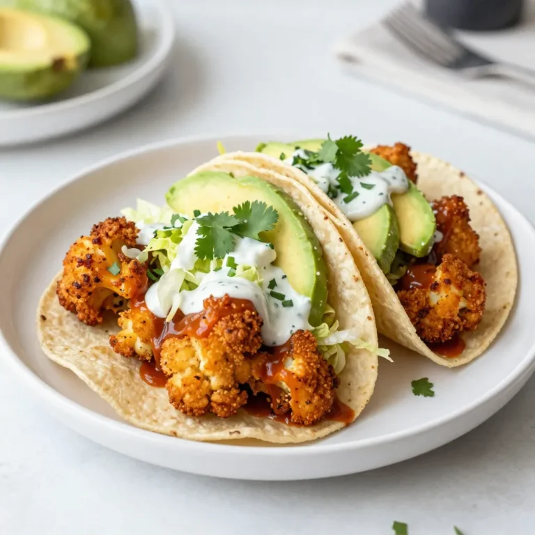 - 1 medium head of cauliflower, cut into florets - 1 cup all-purpose flour - 1 cup almond milk (or any plant-based milk) - 1 cup buffalo sauce (store-bought or homemade) For these tacos, we start with cauliflower. It gives a nice crunch and absorbs flavors well. Flour and almond milk make a great batter that coats the cauliflower. The buffalo sauce adds that spicy kick we all love. - 1 avocado, sliced - 1 cup shredded lettuce - 1/2 cup vegan ranch dressing (store-bought or homemade) - Fresh cilantro, chopped (for garnish) Toppings are where the fun begins. Sliced avocado adds creaminess. Shredded lettuce brings a nice crunch and freshness. Vegan ranch dressing cools down the spice. Fresh cilantro adds a burst of flavor and color. - Alternative spices - Different types of tortillas - Additional vegetables or protein options You can play with flavors using different spices. Try smoked paprika or cayenne for more heat. Feel free to swap corn tortillas for flour ones or lettuce wraps. Add extra veggies like bell peppers or even plant-based proteins for more texture and taste. {{ingredient_image_1}} - Preheat your oven to 450°F (232°C). - Line a baking sheet with parchment paper. - In a large bowl, whisk together: - 1 cup all-purpose flour - 1 cup almond milk - 1 teaspoon paprika - 1 teaspoon garlic powder - 1 teaspoon onion powder - Salt and pepper to taste This will create a smooth batter for the florets. - Dip each cauliflower floret into the batter. Make sure each piece is fully coated. - Place the coated florets on the baking sheet, spreading them out evenly. - Bake the cauliflower for 25-30 minutes. Flip them halfway through baking. They should be crispy and golden brown. - After baking, toss the cauliflower in a bowl with 1 cup of buffalo sauce. Make sure they are well coated. - Warm 8 small corn tortillas in a dry skillet over medium heat. Heat for about 30 seconds on each side. - Assemble the tacos by adding a pile of buffalo cauliflower to each tortilla. - Top with: - Sliced avocado - Shredded lettuce - A drizzle of vegan ranch dressing - Garnish with fresh cilantro. Serve immediately and enjoy the bold flavors! To get your cauliflower nice and crispy, follow these steps: - Cut the cauliflower into small, even florets. This helps them cook evenly. - Make sure the batter is smooth. A good coat helps with crispiness. - Bake at 450°F (232°C) until golden brown. Flip them halfway for even cooking. For a gluten-free option, swap all-purpose flour with almond flour or chickpea flour. Both of these options work great and add unique flavors. When choosing buffalo sauce, look for ones with bold heat and flavor. Brands like Frank's RedHot or a homemade mix work well. To make homemade buffalo sauce, mix 1 cup of hot sauce with 1/2 cup of melted vegan butter. Add a bit of garlic powder for extra taste. Plating your tacos can make a big difference. Stack them neatly on a plate for a clean look. Arrange the avocado and lettuce on top for color. For garnishing, sprinkle fresh cilantro over the tacos. This adds a nice pop of flavor and makes your dish look fresh and vibrant. A drizzle of vegan ranch dressing enhances the taste and adds a creamy touch. Pro Tips Tip 1: Choose the Right Cauliflower: Use a fresh head of cauliflower for the best flavor and texture. Look for firm florets without any brown spots. Tip 2: Adjust the Spice Level: If you prefer milder tacos, reduce the amount of buffalo sauce or use a mild version. You can also mix in some vegan mayo to tone it down. Tip 3: Make It Ahead: You can prepare the battered cauliflower ahead of time and store it in the fridge. Bake it just before serving for a fresh and crispy taco. Tip 4: Customize Your Toppings: Get creative with toppings! Add diced tomatoes, pickled onions, or jalapeños for extra flavor and texture. {{image_2}} You can swap cauliflower for other vegetables. Try using broccoli, Brussels sprouts, or even mushrooms. Each vegetable brings its own flavor and texture. For wraps, use lettuce leaves or whole grain tortillas. You can even use pita bread for a fun twist. If you need gluten-free options, replace all-purpose flour with a gluten-free blend. Almond milk is great, but you can use oat milk or soy milk too. For nut-free substitutions, choose rice milk or another nut-free plant milk. This way, everyone can enjoy the tacos. Experiment with different spice blends or hot sauces. Try adding smoked paprika for a nice twist. You can also mix in a dash of maple syrup or agave for sweetness. Adding lime juice gives a nice acidity that brightens the flavors. These small changes can make a big difference! Store leftover buffalo cauliflower in an airtight container. This keeps it fresh and tasty. Place it in the fridge. It will last for about 3-4 days. Avoid storing it with tortillas. For tortillas, wrap them in a clean kitchen towel or store them in a plastic bag. This helps prevent them from drying out. To reheat buffalo cauliflower, use an oven or an air fryer. Preheat your oven to 350°F (175°C). Spread the cauliflower on a baking sheet and heat for about 10 minutes. For an air fryer, set it to 350°F (175°C) and heat for 5-7 minutes. If you microwave it, the texture may change. For tortillas, warm them in a dry skillet for about 30 seconds on each side. This keeps them soft and pliable. Yes, you can freeze buffalo cauliflower! Place the cooled cauliflower in a freezer-safe bag. Remove as much air as possible before sealing. It can last for up to 3 months in the freezer. To thaw, place it in the fridge overnight. When ready, reheat in the oven or air fryer as mentioned above. This way, you can enjoy the bold flavors anytime! What is the best way to make buffalo cauliflower? The best way starts by preheating your oven to 450°F (232°C). Prepare a baking sheet with parchment paper. Then, mix flour, almond milk, and spices in a bowl. Coat each cauliflower floret in this mix. Bake for 25-30 minutes until crispy. Finally, toss them in buffalo sauce for that bold flavor. Can I make this recipe ahead of time? Yes, you can prepare the cauliflower in advance. Bake and toss it in buffalo sauce. Store it in the fridge for a day or two. When ready to serve, reheat and assemble the tacos quickly. This makes for a great meal prep option! How many calories are in Vegan Buffalo Cauliflower Tacos? Vegan Buffalo Cauliflower Tacos have about 300 calories per serving. This includes the tortilla, cauliflower, and toppings. The exact number may change based on the sauce and extras you choose. Is this recipe healthy for a vegan diet? Yes, this recipe is healthy! It features fresh vegetables and healthy fats from avocado. Cauliflower is low in calories and high in fiber. The use of plant-based milk and vegan ranch dressing adds nutrition without excess calories. What can I use instead of almond milk? If you need a substitute for almond milk, use any plant-based milk. Options like soy, oat, or coconut milk work well. Choose what you prefer or have on hand. Can I use a different type of sauce? Absolutely! You can swap buffalo sauce for another hot sauce or barbecue sauce. Adjust the spice level to suit your taste. This gives you the chance to create unique flavor combinations. Buffalo cauliflower tacos are simple and tasty. We covered the key ingredients, from cauliflower to toppings. I shared step-by-step instructions for preparation and presentation. Remember to experiment with variations to fit your taste and diet. Store leftovers properly for later enjoyment. This recipe can please vegans and meat-lovers alike. Have fun cooking and enjoy your delicious creation!