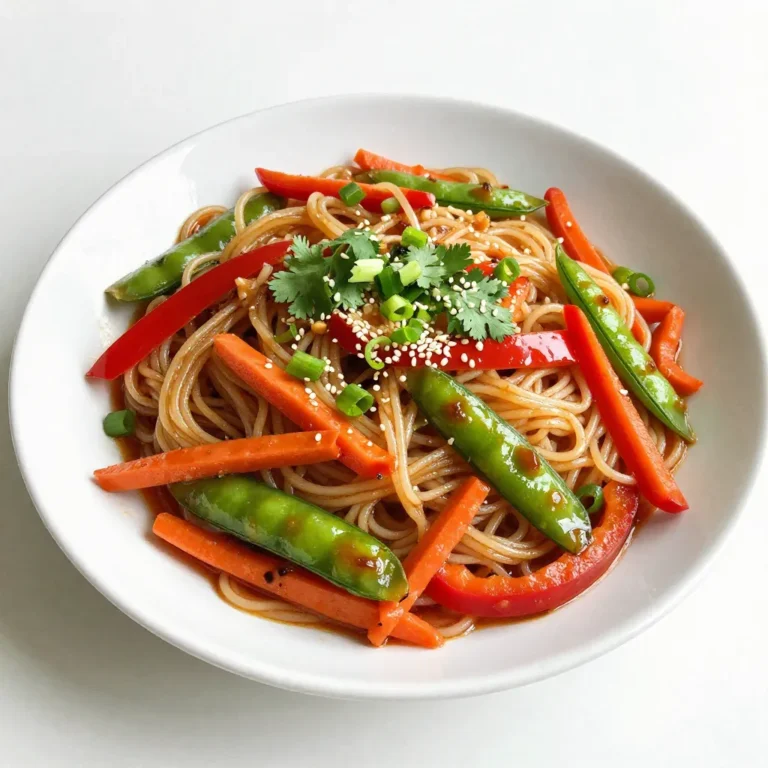 - 200g rice noodles - 2 tablespoons vegetable oil - 4 cloves garlic, minced - 1 red bell pepper, sliced - 1 cup snap peas - 1 carrot, julienned - 3 spring onions, chopped - 2 tablespoons soy sauce - 1 tablespoon chili paste - 1 tablespoon sesame oil - 1 teaspoon sugar - Fresh cilantro for garnish - Sesame seeds for garnish To make Spicy Garlic Noodle Stir Fry, gather these fresh ingredients. The rice noodles form the base of this dish. They soak up all the flavors well. Next, the vegetable oil helps to sauté the garlic and veggies. Garlic gives a strong flavor that wakes up your taste buds. A red bell pepper adds sweetness and color. Now, for the vegetables, snap peas add a nice crunch. The carrot brings a bit of sweetness, and when you julienne it, it looks pretty. Spring onions add a fresh touch at the end. For seasoning, soy sauce brings saltiness. Chili paste adds heat, so you can adjust it to your spice level. Sesame oil gives a nutty flavor, and sugar balances everything out. Lastly, fresh cilantro and sesame seeds make great garnishes. They add brightness and a little extra texture. Each ingredient plays an important role in making this dish flavorful and fun to eat. Enjoy your cooking adventure! {{ingredient_image_1}} Start by soaking 200g of rice noodles in hot water. Let them sit for 10-15 minutes until soft. Then, drain them and set them aside. This step is key for a great texture. In a large skillet or wok, heat 2 tablespoons of vegetable oil over medium-high heat. Once the oil is hot, add 4 cloves of minced garlic. Cook the garlic for about 30 seconds. You want it fragrant but not browned to keep its fresh taste. Next, toss in 1 sliced red bell pepper, 1 cup of snap peas, and 1 julienned carrot. Stir-fry these veggies for about 3-5 minutes. The goal is to keep them tender-crisp. This adds a nice bite to your dish. Now, add the softened rice noodles to the skillet. Pour in 2 tablespoons of soy sauce, 1 tablespoon of chili paste, and 1 tablespoon of sesame oil. Sprinkle in 1 teaspoon of sugar for balance. Gently toss everything together until the noodles are coated and heated through, which takes about 2-3 minutes. Finally, scatter the chopped spring onions on top. Give it one last toss to combine. Before serving, garnish with fresh cilantro and sesame seeds. This adds flavor and a pop of color to your dish. Enjoy your meal! To adjust the heat in your Spicy Garlic Noodle Stir Fry, modify the chili paste. If you like it spicy, add more chili paste. For a milder dish, use less. You can also balance heat with sugar or extra veggies. This way, you control the spice based on your taste. Cooking times matter for both the vegetables and the noodles. Overcooking makes veggies soggy. Aim for tender-crisp vegetables. The rice noodles should be soft but not mushy. Stir-fry the veggies for 3-5 minutes and the noodles for just 2-3 minutes. This keeps everything fresh and vibrant. For the best stir-fry, use a large skillet or a wok. A well-seasoned cast iron wok heats evenly and retains heat well. This helps you achieve that perfect sear on your ingredients. If you don’t have a wok, a heavy-bottomed skillet works too. Just make sure it’s big enough to hold all the ingredients. Pro Tips Soak Noodles Properly: Make sure to soak the rice noodles in hot water until they are fully softened, as under-soaked noodles can result in a chewy texture in the stir fry. Control the Heat: Adjust the heat while stir-frying to maintain the crunchiness of the vegetables; high heat is key for quick cooking without overcooking. Customize Spice Level: Feel free to adjust the amount of chili paste based on your spice preference. Start with less if you are unsure, as you can always add more later. Garnish for Freshness: Adding fresh cilantro and sesame seeds right before serving enhances the flavor and adds a lovely presentation to your dish. {{image_2}} You can add protein to your spicy garlic noodle stir fry. Shrimp cooks quickly and adds great flavor. Just toss them in after the garlic. Chicken is another tasty option. Slice it thin and stir-fry until golden. For a plant-based choice, use tofu. Press it to remove water, then cube it. Add tofu with the veggies for a perfect crunch. Feel free to change the veggies in this dish. Broccoli brings a nice crunch and bright color. Just cut it into small pieces and stir-fry with the other veggies. Mushrooms add an earthy taste. Slice them thin and toss them in with the garlic. Zucchini is also great. Slice it into half-moons and add it when the other veggies are tender. If you want a gluten-free meal, swap soy sauce for tamari. Tamari has a similar taste but is made without wheat. This change keeps your dish safe for those with gluten allergies. Just use the same amount as you would soy sauce. Enjoy your spicy garlic noodle stir fry without worry! To keep your Spicy Garlic Noodle Stir Fry fresh, store leftovers in an airtight container. Place them in the fridge within two hours of cooking. This helps keep your noodles safe and tasty. They will stay good for about three days. Make sure to separate any garnishes, like cilantro and sesame seeds, before storing. When reheating, you want to avoid mushy noodles. The best way is to use a skillet. Heat a splash of oil over medium heat. Add the noodles and stir gently. You can also use a microwave. Place the noodles in a bowl and cover with a damp paper towel. Heat in 30-second bursts, stirring in between, until warmed through. This keeps them nice and firm. If you want to save your noodles for later, freezing is a good option. First, let the dish cool completely. Then, transfer the noodles into a freezer-safe bag or container. Remove as much air as you can. They can last up to three months in the freezer. When you are ready to eat, thaw them in the fridge overnight. Reheat using the skillet method to bring back the flavor and texture. Rice noodles are great for this dish. They soak up flavors well. They cook fast and have a nice texture. Other noodles, like egg noodles, also work. They add a different taste. Both types can be used based on what you like. Just remember to adjust the cooking time. Yes! This dish is easy to make vegetarian. Just swap the soy sauce for a vegan option. You can add more veggies like mushrooms or broccoli. Tofu is a great source of protein too. It gives a nice texture and flavor. The spice level depends on the chili paste. You can add more for heat. If you prefer less spice, use less chili paste. You can also add some sugar to balance the heat. This helps make the dish more mild. You can serve this stir fry with a side salad. A simple cucumber salad pairs well. You might also like spring rolls or dumplings. They add fun textures and flavors. A light soup is another good choice. It can make your meal feel more complete. This blog covered how to make a tasty Spicy Garlic Noodle Stir Fry. You learned about the ingredients, cooking steps, and tips for the best results. Adjust spice and swap vegetables to fit your taste. Use a good skillet for even cooking. Store and reheat leftovers well for future meals. Enjoy making this easy dish. It will surely be a hit!