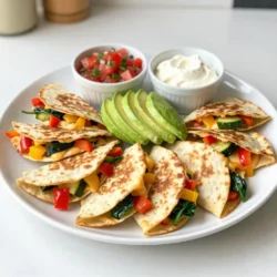 To make loaded veggie quesadillas, you need these key ingredients: - 4 large flour tortillas - 1 cup shredded cheese (cheddar and mozzarella mixed) - 1 red bell pepper, diced - 1 yellow bell pepper, diced - 1 small zucchini, diced - 1 cup fresh spinach, roughly chopped - 1 small red onion, finely chopped - 2 cloves garlic, minced - 1 teaspoon cumin - 1 teaspoon smoked paprika - 2 tablespoons olive oil - Salt and pepper to taste You can enhance your quesadillas with these optional ingredients: - ½ teaspoon cayenne pepper (for heat) - ½ cup avocado, sliced (for garnish) - Salsa and sour cream (for serving) Each serving of loaded veggie quesadillas offers a balanced meal. They provide: - Calories: Approximately 350 - Protein: About 15 grams - Carbohydrates: Roughly 30 grams - Fat: Around 18 grams - Fiber: About 5 grams These quesadillas are not just tasty; they also pack in veggies and nutrients. You can enjoy them while knowing they contribute to a healthy diet. {{ingredient_image_1}} Start by gathering your veggies. You need a red onion, garlic, bell peppers, zucchini, and spinach. Chop the onion and garlic finely. Dice the red and yellow bell peppers and zucchini. Roughly chop the spinach. Heat one tablespoon of olive oil in a large skillet over medium heat. Add the onion and garlic. Sauté for 2-3 minutes until soft and clear. Next, add the diced bell peppers and zucchini to the skillet. Toss in the chopped spinach too. Sauté the mix for 5-7 minutes. You want the veggies to become tender. Then, add cumin, smoked paprika, cayenne (if you like spice), salt, and pepper. Stir everything well and let it cook for 2 more minutes. Take the skillet off the heat. Grab your tortillas. On one half of each tortilla, layer the cooked veggie mix. Sprinkle a good amount of shredded cheese on top. This cheese helps everything stick together. Fold the tortilla over to cover the filling. Press it down gently. Heat the last tablespoon of olive oil in another skillet over medium heat. Place two quesadillas in the skillet. Cook each side for 3-4 minutes. You want them to turn golden brown and crispy. The cheese should melt nicely inside. Repeat this step with the rest of the tortillas. Once done, slice the quesadillas into wedges. Enjoy them hot! To make the best loaded veggie quesadillas, focus on the filling. Use fresh veggies for vibrant taste. I love a mix of bell peppers, zucchini, and spinach. Each adds a unique crunch and flavor. Don't skip the spices! Cumin and smoked paprika give the quesadillas depth. If you like heat, add cayenne pepper. It brings a nice kick without overpowering the other flavors. Getting that perfect crispiness is key. Preheat your skillet before adding the quesadillas. This helps the tortillas get golden brown. Use enough olive oil, but not too much. A tablespoon on medium heat works great. Cook for 3-4 minutes on each side. Flip gently to keep the filling inside. If you want extra crispiness, press down lightly with a spatula while cooking. Serve your quesadillas hot and fresh. Slice them into wedges for easy sharing. I like to arrange them in a circular pattern on a platter. Top with slices of avocado for a creamy touch. Pair with salsa and sour cream in small bowls for dipping. For a complete meal, add a side salad or some black beans. Enjoy every bite! Pro Tips Use Fresh Veggies: The fresher the vegetables, the better the flavor and texture of your quesadillas. Always choose seasonal produce for the best results. Cheese Options: Experiment with different cheese blends such as pepper jack or goat cheese for a unique flavor profile that enhances your quesadillas. Cooking Temperature: Ensure your skillet is at the right temperature – too hot can burn the tortillas, while too low can make them soggy. Medium heat works best. Rest Before Slicing: Let the quesadillas rest for a minute or two after cooking before slicing. This allows the cheese to set, making them easier to cut and eat. {{image_2}} You can easily boost the protein in your loaded veggie quesadillas. Adding black beans or pinto beans provides fiber and protein. You can also add cooked chicken for a heartier meal. Just mix these proteins into your veggie filling. This makes each bite more satisfying and nutritious. Cheese is key in quesadillas, but you can switch it up. Instead of cheddar and mozzarella, try pepper jack for a spicy kick. Or use goat cheese for a tangy twist. Vegan cheese is great too if you want a plant-based option. Each cheese will give your quesadillas a unique taste. Feel free to add more veggies for flavor and color. Sliced mushrooms are a yummy option. You could also add corn for sweetness. Try kale instead of spinach for a different texture. The more veggies you add, the more vibrant and tasty your quesadillas will be. Mix and match to find your favorite combination! You can store leftover quesadillas in the fridge. Place them in an airtight container. This keeps them fresh for up to three days. If you want to keep them longer, consider freezing. To reheat quesadillas, use a skillet. Heat it over medium heat. Place the quesadilla in the skillet for about 3-4 minutes on each side. This keeps them crispy. You can also use an oven. Preheat it to 350°F (175°C). Bake for 10-15 minutes until they are warm and crispy. Freezing quesadillas is easy. Wrap each one in plastic wrap. Then place them in a freezer bag. They can last up to three months in the freezer. When ready to eat, thaw them in the fridge overnight before reheating. To make quesadillas crispy, use a hot skillet. Heat the skillet before adding oil. Use enough oil to coat the bottom. Cook each side for 3-4 minutes until golden brown. You can also press down with a spatula for extra crunch. Yes, you can use whole wheat tortillas. They add a nutty flavor and more fiber. Whole wheat tortillas can be a healthy choice. Just ensure they are large enough to fit your filling. Many sauces pair well with quesadillas. Salsa is a classic choice. You can also use sour cream for a creamy touch. Guacamole adds a fresh flavor. Hot sauce can bring a kick if you like heat. We explored the key ingredients and preparation steps for tasty quesadillas. You learned how to enhance flavor and texture. Remember, you can customize with proteins and veggies for variety. Store leftovers wisely and heat them well for the best taste. Experiment with whole wheat tortillas and find great dipping sauces too. With these tips, making delicious quesadillas becomes easy and fun. Enjoy your cooking journey and make every bite count!