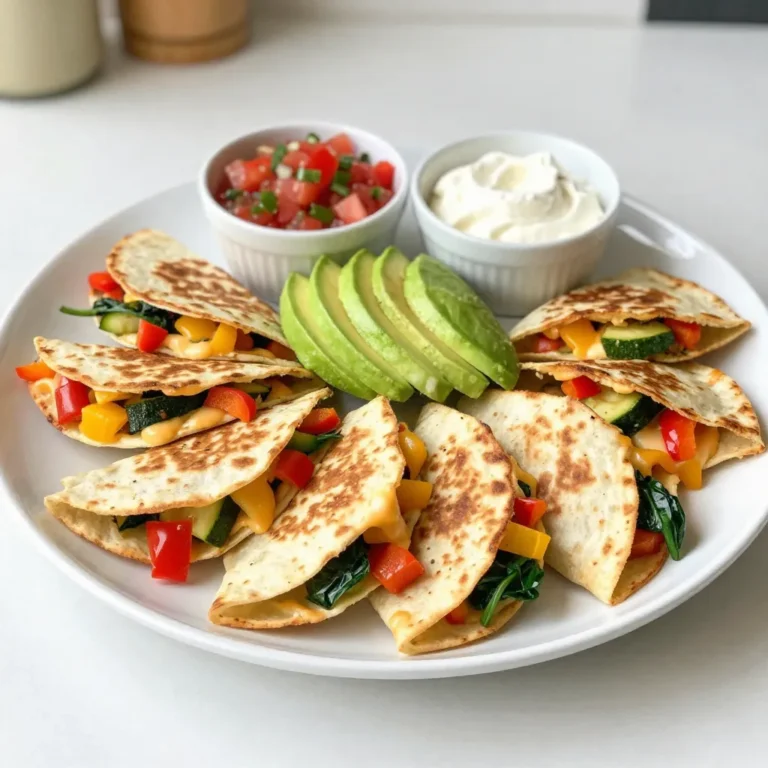To make loaded veggie quesadillas, you need these key ingredients: - 4 large flour tortillas - 1 cup shredded cheese (cheddar and mozzarella mixed) - 1 red bell pepper, diced - 1 yellow bell pepper, diced - 1 small zucchini, diced - 1 cup fresh spinach, roughly chopped - 1 small red onion, finely chopped - 2 cloves garlic, minced - 1 teaspoon cumin - 1 teaspoon smoked paprika - 2 tablespoons olive oil - Salt and pepper to taste You can enhance your quesadillas with these optional ingredients: - ½ teaspoon cayenne pepper (for heat) - ½ cup avocado, sliced (for garnish) - Salsa and sour cream (for serving) Each serving of loaded veggie quesadillas offers a balanced meal. They provide: - Calories: Approximately 350 - Protein: About 15 grams - Carbohydrates: Roughly 30 grams - Fat: Around 18 grams - Fiber: About 5 grams These quesadillas are not just tasty; they also pack in veggies and nutrients. You can enjoy them while knowing they contribute to a healthy diet. {{ingredient_image_1}} Start by gathering your veggies. You need a red onion, garlic, bell peppers, zucchini, and spinach. Chop the onion and garlic finely. Dice the red and yellow bell peppers and zucchini. Roughly chop the spinach. Heat one tablespoon of olive oil in a large skillet over medium heat. Add the onion and garlic. Sauté for 2-3 minutes until soft and clear. Next, add the diced bell peppers and zucchini to the skillet. Toss in the chopped spinach too. Sauté the mix for 5-7 minutes. You want the veggies to become tender. Then, add cumin, smoked paprika, cayenne (if you like spice), salt, and pepper. Stir everything well and let it cook for 2 more minutes. Take the skillet off the heat. Grab your tortillas. On one half of each tortilla, layer the cooked veggie mix. Sprinkle a good amount of shredded cheese on top. This cheese helps everything stick together. Fold the tortilla over to cover the filling. Press it down gently. Heat the last tablespoon of olive oil in another skillet over medium heat. Place two quesadillas in the skillet. Cook each side for 3-4 minutes. You want them to turn golden brown and crispy. The cheese should melt nicely inside. Repeat this step with the rest of the tortillas. Once done, slice the quesadillas into wedges. Enjoy them hot! To make the best loaded veggie quesadillas, focus on the filling. Use fresh veggies for vibrant taste. I love a mix of bell peppers, zucchini, and spinach. Each adds a unique crunch and flavor. Don't skip the spices! Cumin and smoked paprika give the quesadillas depth. If you like heat, add cayenne pepper. It brings a nice kick without overpowering the other flavors. Getting that perfect crispiness is key. Preheat your skillet before adding the quesadillas. This helps the tortillas get golden brown. Use enough olive oil, but not too much. A tablespoon on medium heat works great. Cook for 3-4 minutes on each side. Flip gently to keep the filling inside. If you want extra crispiness, press down lightly with a spatula while cooking. Serve your quesadillas hot and fresh. Slice them into wedges for easy sharing. I like to arrange them in a circular pattern on a platter. Top with slices of avocado for a creamy touch. Pair with salsa and sour cream in small bowls for dipping. For a complete meal, add a side salad or some black beans. Enjoy every bite! Pro Tips Use Fresh Veggies: The fresher the vegetables, the better the flavor and texture of your quesadillas. Always choose seasonal produce for the best results. Cheese Options: Experiment with different cheese blends such as pepper jack or goat cheese for a unique flavor profile that enhances your quesadillas. Cooking Temperature: Ensure your skillet is at the right temperature – too hot can burn the tortillas, while too low can make them soggy. Medium heat works best. Rest Before Slicing: Let the quesadillas rest for a minute or two after cooking before slicing. This allows the cheese to set, making them easier to cut and eat. {{image_2}} You can easily boost the protein in your loaded veggie quesadillas. Adding black beans or pinto beans provides fiber and protein. You can also add cooked chicken for a heartier meal. Just mix these proteins into your veggie filling. This makes each bite more satisfying and nutritious. Cheese is key in quesadillas, but you can switch it up. Instead of cheddar and mozzarella, try pepper jack for a spicy kick. Or use goat cheese for a tangy twist. Vegan cheese is great too if you want a plant-based option. Each cheese will give your quesadillas a unique taste. Feel free to add more veggies for flavor and color. Sliced mushrooms are a yummy option. You could also add corn for sweetness. Try kale instead of spinach for a different texture. The more veggies you add, the more vibrant and tasty your quesadillas will be. Mix and match to find your favorite combination! You can store leftover quesadillas in the fridge. Place them in an airtight container. This keeps them fresh for up to three days. If you want to keep them longer, consider freezing. To reheat quesadillas, use a skillet. Heat it over medium heat. Place the quesadilla in the skillet for about 3-4 minutes on each side. This keeps them crispy. You can also use an oven. Preheat it to 350°F (175°C). Bake for 10-15 minutes until they are warm and crispy. Freezing quesadillas is easy. Wrap each one in plastic wrap. Then place them in a freezer bag. They can last up to three months in the freezer. When ready to eat, thaw them in the fridge overnight before reheating. To make quesadillas crispy, use a hot skillet. Heat the skillet before adding oil. Use enough oil to coat the bottom. Cook each side for 3-4 minutes until golden brown. You can also press down with a spatula for extra crunch. Yes, you can use whole wheat tortillas. They add a nutty flavor and more fiber. Whole wheat tortillas can be a healthy choice. Just ensure they are large enough to fit your filling. Many sauces pair well with quesadillas. Salsa is a classic choice. You can also use sour cream for a creamy touch. Guacamole adds a fresh flavor. Hot sauce can bring a kick if you like heat. We explored the key ingredients and preparation steps for tasty quesadillas. You learned how to enhance flavor and texture. Remember, you can customize with proteins and veggies for variety. Store leftovers wisely and heat them well for the best taste. Experiment with whole wheat tortillas and find great dipping sauces too. With these tips, making delicious quesadillas becomes easy and fun. Enjoy your cooking journey and make every bite count!