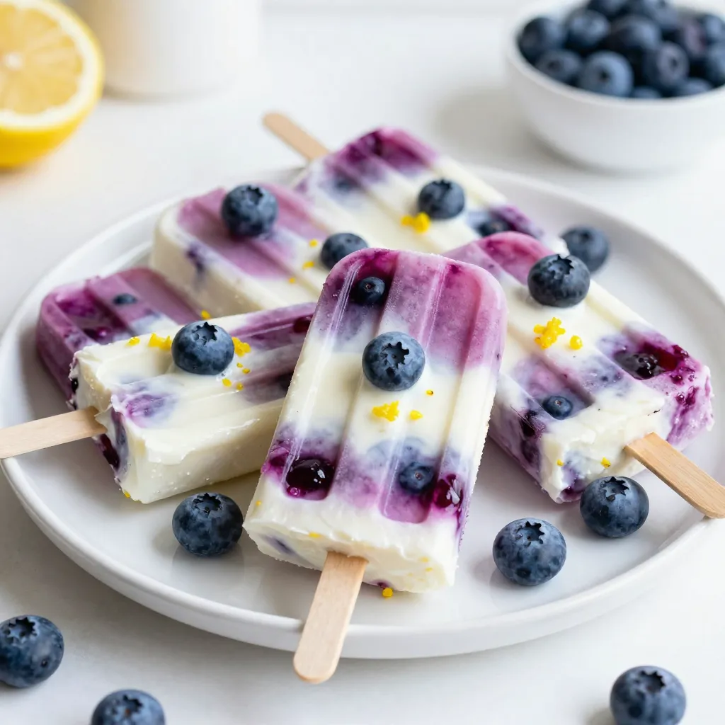 Fresh blueberries are the star of this treat. You need two cups. They should be ripe and sweet. These berries bring a burst of flavor to each pop. You can use extra blueberries for garnish. They look pretty and taste great. Greek yogurt gives these pops a creamy texture. You need one cup of plain Greek yogurt. This yogurt also adds protein, making the pops filling. Its tangy taste balances the sweetness of the other ingredients. For sweetness, use half a cup of honey or maple syrup. Both options work well. You can adjust the amount based on your taste. Honey adds a floral note, while maple syrup gives a rich flavor. Lemon juice and zest add bright flavors. Use a quarter cup of fresh lemon juice, which is about two lemons. The zest from one lemon offers extra zing. These citrus notes brighten the overall taste of the pops. Add a teaspoon of vanilla extract for warmth and depth. A pinch of salt enhances all the flavors. These small additions make a big difference. They balance sweetness and bring out the fruitiness. {{ingredient_image_1}} First, grab a medium bowl. Add 1 cup of plain Greek yogurt to it. Then, pour in 1/2 cup of honey or maple syrup. You can adjust this based on your taste. Next, squeeze the juice from 2 fresh lemons until you have 1/4 cup. Add the lemon juice to the bowl. Don’t forget the zest! Add 1 teaspoon of lemon zest for a bright flavor. Lastly, mix in 1/2 teaspoon of vanilla extract and a pinch of salt. Whisk everything together until it is smooth and creamy. Now, take 2 cups of fresh blueberries. Place them in a blender. Blend the blueberries until they are smooth. If you like some texture, blend a little less. You can keep some small chunks. This adds a fun pop of flavor in each bite. Gently fold the blueberry puree into the yogurt mixture. Make sure to create a marbled effect. You do not want to over-mix. This makes the pops look pretty. Now, carefully pour the mixture into popsicle molds. Fill each mold about three-quarters full. Leave some space at the top for the mixture to expand while freezing. After filling the molds, insert sticks into each one. You can add a few whole blueberries on top for garnish. This makes each pop look even better. Place the molds in the freezer. Let them freeze for at least 4 to 6 hours. You want them to be completely solid before you eat them. When you're ready to enjoy your pops, take the molds out of the freezer. To remove the pops easily, run warm water over the outside of the molds. Do this for a few seconds. This will help them release from the molds without breaking. Now, you can enjoy your refreshing Blueberry Lemon Yogurt Pops! To get the best texture in your Blueberry Lemon Yogurt Pops, use full-fat Greek yogurt. It gives the pops a rich and creamy feel. When blending the blueberries, you can decide how smooth you want them. For a chunkier texture, blend just half the blueberries. This adds bites of fruit that make each pop fun to eat. Make your pops look as good as they taste. Serve them on a colorful platter. Add mint leaves and fresh blueberries around the pops for a bright touch. You can also drizzle a little honey over them right before serving. This enhances the flavor and adds a shiny finish that makes them look gourmet. Fresh blueberries give the best flavor and texture when making these pops. However, you can use frozen ones if fresh are not available. Just remember to thaw them first. Frozen blueberries will add more water to the mix, so you may need to adjust the sweetener. Either way, you'll still have a delicious treat! Pro Tips Choose Ripe Blueberries: Look for plump, deep blue blueberries with a slight bloom; this indicates freshness and sweetness. Adjust Sweetness: Taste the yogurt mixture before freezing and adjust the amount of honey or maple syrup to suit your preference. Layering Technique: For a striking visual effect, layer the blueberry puree and yogurt mixture in the molds instead of mixing them. Storage Tips: Once frozen, store the popsicles in a zip-lock bag or airtight container to prevent freezer burn. {{image_2}} You can easily switch up your pops by adding other fruits. Strawberries and peaches work great! Just blend them like you did with the blueberries. This gives you a fun mix of flavors. You can create a fruit layer by alternating the blueberry mix with the strawberry or peach puree. This makes your pops look super colorful and tasty. If you want a dairy-free version, try coconut yogurt or almond yogurt. These options still give you that creamy texture. They also add a unique flavor twist. Just use the same amount as Greek yogurt. Your pops will taste amazing, and everyone can enjoy them! If you want to cut sugar, you can try agave or stevia. Both are great choices for sweetening. Agave gives a mild, sweet taste, while stevia is sweeter, so use less. Just adjust the amount to fit your taste. You can make these pops healthier without losing flavor! To store leftover pops, place them in a freezer-safe bag. Make sure to seal it tightly. You can also wrap each pop in plastic wrap. Label the bag with the date. This keeps them fresh for later enjoyment. For long-term storage, freeze the pops in airtight containers. This prevents freezer burn. You can also use silicone molds, which make it easy to pop out the treats. Remember to leave some space at the top of the container. This allows for expansion as they freeze. To thaw the pops, take them out of the freezer. Let them sit at room temperature for about 5 minutes. You can also run warm water on the outside of the mold. This helps them slide out easily. Serve them right away for a refreshing treat! Yes! To make these pops vegan, use plant-based yogurt. Almond, coconut, or soy yogurt works well. Swap honey for maple syrup or agave nectar. This keeps the pops sweet and tasty. These pops last about two months in the freezer. They stay fresh and tasty when stored in airtight containers. Just remember to label them with the date for easy tracking. You can use any thick yogurt. Options like regular yogurt or plant-based yogurt work great. Look for unsweetened varieties to keep the flavor balanced. Absolutely! You can choose agave syrup, stevia, or even sugar. Just adjust the amount based on what you use. Taste the mixture to find your perfect sweetness level. To stop pops from sticking, lightly grease the molds with cooking spray. You can also run warm water over the outside of the molds before trying to remove them. This helps them slide out easily. This blog covered how to make delicious blueberry pops. We explored each ingredient, from fresh blueberries to Greek yogurt. I shared step-by-step instructions for blending and freezing. We talked about tips for the best texture and fun variations. Remember to store your pops properly for the best taste. Enjoy getting creative with flavors and ingredients. You now have the tools to make tasty treats all summer long. Your taste buds will thank you!