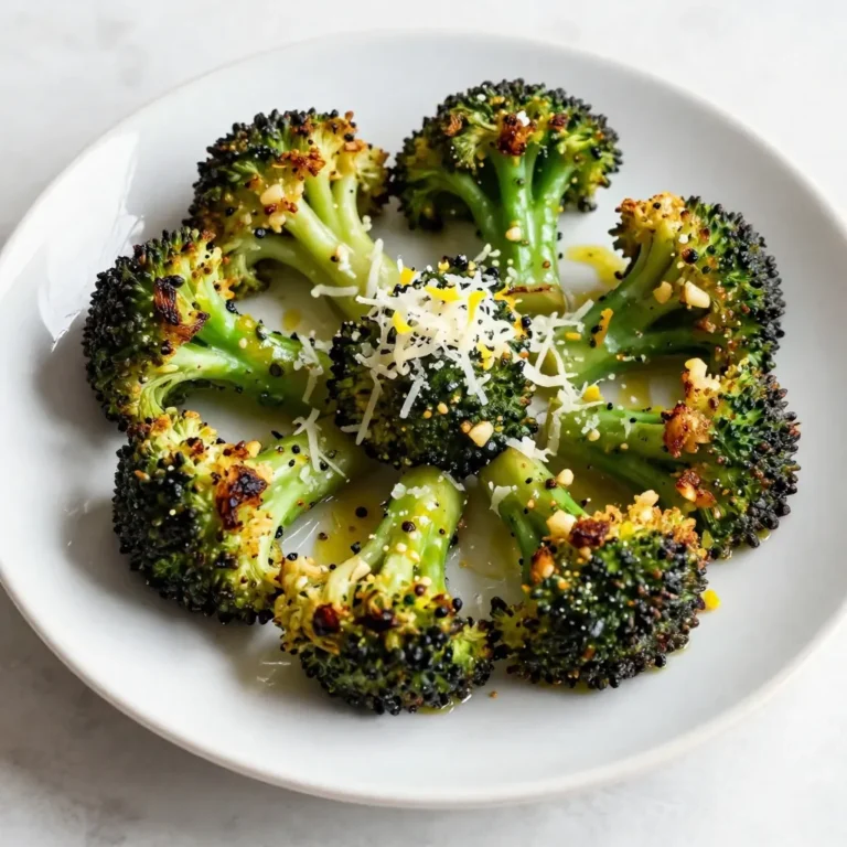 - 2 large heads of broccoli, cut into florets - 4 tablespoons olive oil - 4 cloves garlic, minced - 1 teaspoon sea salt - ½ teaspoon black pepper - ½ cup grated Parmesan cheese - 1 teaspoon lemon zest - 1 tablespoon fresh lemon juice - Optional: Red pepper flakes for a kick When I make Garlic Parmesan Roasted Broccoli, I love to use fresh ingredients. Fresh broccoli gives the best crunch. I use large heads, cut into florets, to ensure each piece roasts evenly. I don’t skimp on garlic. Four cloves minced add a great flavor. The olive oil helps the broccoli roast perfectly. I find that four tablespoons work well to coat each floret. Salt and black pepper are key for taste. I use one teaspoon of sea salt and half a teaspoon of black pepper. These spices bring out the natural flavor of the broccoli. Parmesan cheese adds a rich, nutty flavor. I use half a cup, and I sprinkle it on right after roasting. The heat makes it melt perfectly. Lemon zest and lemon juice brighten the dish. One teaspoon of lemon zest and one tablespoon of juice enhance the taste. For those who like a little heat, I suggest red pepper flakes. Just a pinch can make a big difference. This combination of ingredients makes the dish truly special. {{ingredient_image_1}} 1. Preheat your oven to 425°F (220°C). This heat will help the broccoli get crispy. 2. Line a baking sheet with parchment paper. This makes cleanup easy and helps the broccoli roast well. 3. In a large bowl, mix the broccoli florets and minced garlic. The garlic adds great flavor. 4. Drizzle 4 tablespoons of olive oil over the broccoli and garlic. This helps the broccoli roast evenly. 5. Sprinkle in 1 teaspoon of sea salt and ½ teaspoon of black pepper. Toss everything together until the broccoli is well coated. 1. Spread the broccoli mixture on the baking sheet. Make sure it is in a single layer for even cooking. 2. Roast the broccoli in the oven for 15-20 minutes. Look for crispy edges and tender stems. 1. Once the broccoli is done, take it out of the oven. Immediately sprinkle ½ cup of grated Parmesan cheese over the hot florets. The cheese will melt slightly. 2. Next, add 1 teaspoon of lemon zest and 1 tablespoon of fresh lemon juice. This brightens the dish and adds a fresh taste. 3. If you like heat, sprinkle some red pepper flakes on top before serving. This adds a nice kick. Enjoy! Even spacing on the baking sheet is key. This helps the heat reach all sides of the broccoli. When the florets touch, they steam instead of roast. For best crispiness, keep them apart. Monitor the cooking time closely. I recommend 15 to 20 minutes. Check the broccoli at 15 minutes. If the edges are golden, it’s time to take it out. You want them tender but with a crisp bite. Using fresh ingredients makes a big difference. Fresh garlic gives a strong taste. Choose bright green broccoli for the best flavor. The quality of your olive oil matters too. Lemon juice and zest are game changers. They add brightness and balance to the dish. The zest brings a nice aroma. The juice helps cut through the richness of the cheese. Just a tablespoon is enough to elevate the taste. Presentation matters when serving. Use a nice dish to show off the broccoli. Garnish with extra lemon zest and a sprinkle of Parmesan. This makes the dish look appealing. Pair Garlic Parmesan Roasted Broccoli with grilled chicken or fish. It also goes well with pasta dishes. The flavors complement many meals, making it a versatile side. Pro Tips Use Fresh Broccoli: Always opt for fresh broccoli for the best flavor and texture. Look for bright green florets and firm stems. Don’t Overcrowd the Pan: Ensure the broccoli florets are spread out in a single layer on the baking sheet. This allows for even roasting and crispiness. Adjust Seasoning to Taste: Feel free to adjust the amount of garlic, salt, and pepper according to your personal preference for a customized flavor. Experiment with Cheese: While Parmesan is a classic choice, try other cheeses like Pecorino Romano or nutritional yeast for a different twist. {{image_2}} You can switch up the cheese for great results. If you want a vegan version, use nutritional yeast. This adds a cheesy flavor without dairy. You can also try pecorino Romano or feta for a different taste. Each cheese brings its unique flavor, so feel free to experiment! Roasting more veggies with your broccoli can add color and flavor. Carrots, bell peppers, and cauliflower work well. You can also toss in some cherry tomatoes for a juicy bite. Mix and match according to your taste. Just remember to cut them to a similar size for even cooking. You can spice things up with different blends. Try garlic powder, onion powder, or smoked paprika for extra flavor. If you love heat, add cayenne pepper or chili powder. A pinch of Italian herbs can bring a nice twist too. Adjust the spices to fit your mood and taste buds! To keep your Garlic Parmesan Roasted Broccoli fresh, first let it cool. Place it in an airtight container. You can store it in the fridge for up to three days. For longer storage, freeze it in a freezer-safe bag. Be sure to remove as much air as possible to avoid freezer burn. This method helps keep the flavor and texture intact. To reheat, you want to keep that crispy texture. The best way is to use an oven. Preheat the oven to 350°F (175°C). Spread the broccoli on a baking sheet. Heat for about 10-15 minutes. You can also use a microwave, but it may lose some crunch. If using a microwave, heat in short bursts, checking often. When stored properly, Garlic Parmesan Roasted Broccoli lasts about three days in the fridge. In the freezer, it can last up to three months. After that, the taste and texture will start to decline. Always check for any signs of spoilage before eating leftovers. To make Garlic Parmesan Roasted Broccoli gluten-free, simply use gluten-free Parmesan cheese. Most brands are naturally gluten-free, but always check the labels. The other ingredients do not contain gluten, so you’re good to go! Yes, you can use frozen broccoli! Just make sure to thaw it first and drain any excess water. This helps the broccoli roast better. Keep in mind that frozen broccoli may cook faster than fresh, so check it early. This dish pairs well with many main courses. Try it with grilled chicken, baked fish, or even pasta. It also makes a great side for a hearty steak or a veggie burger. To make this dish vegetarian, just skip the cheese or use a vegetarian cheese. For a vegan option, use nutritional yeast instead of Parmesan. It adds a cheesy flavor without dairy. This blog post showed you how to make Garlic Parmesan Roasted Broccoli. We covered the ingredients, from fresh broccoli to garlic and cheese. You learned the step-by-step process for preparation and roasting. I shared tips to enhance flavor and offered variations to personalize your dish. Now you can enjoy a tasty, healthy side that pairs well with many meals. Try it out, and make it your own!
