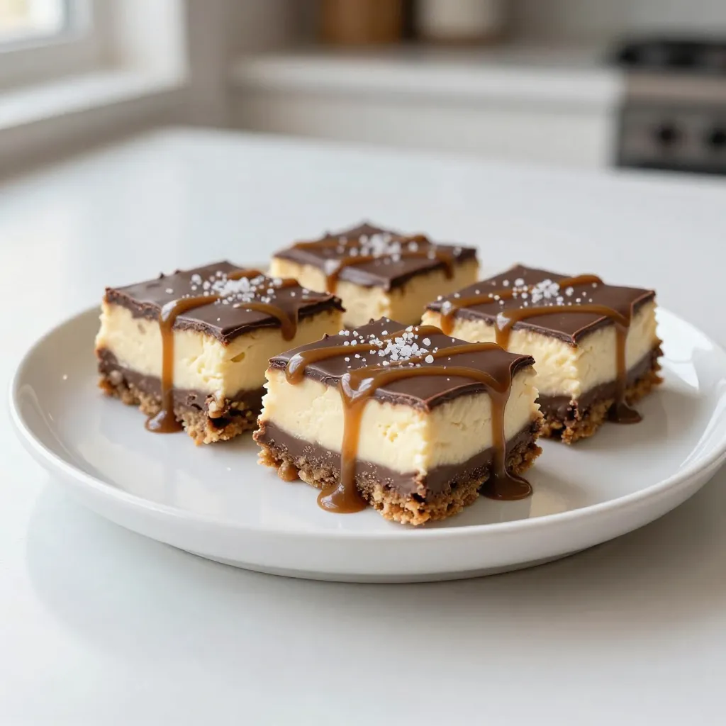 - 1 ½ cups graham cracker crumbs - ½ cup unsalted butter, melted - 2 tablespoons sugar - 16 oz cream cheese, softened - 1 cup powdered sugar - 2 large eggs - 1 teaspoon vanilla extract - 1 cup heavy whipping cream - 1 cup chopped Snickers bars (about 5-6 bars) - ¼ cup chocolate sauce (for drizzling) - ¼ cup caramel sauce (for drizzling) - Sea salt for garnish The first step in making Snickers cheesecake bars is gathering your ingredients. You need a mix of sweet and creamy items. Start with the crust. The graham cracker crumbs give a nice crunch. Melt the butter to bind it all together. A bit of sugar adds a touch of sweetness. Next, for the filling, you will use cream cheese. Make sure it is softened. This helps it mix smoothly. Powdered sugar adds sweetness and makes the texture light. The eggs will help set the cheesecake. Don’t forget the vanilla extract! It adds a lovely flavor. The star of this recipe is the Snickers bars. Chop them into small pieces. They will add that rich caramel and chocolate taste. Heavy whipping cream gives the filling a creamy texture. For the finishing touches, you will drizzle chocolate and caramel sauce on top. A sprinkle of sea salt adds a nice contrast to the sweet flavors. - 9x13-inch baking dish - Electric mixer - Parchment paper - Mixing bowls - Spatula Having the right tools makes baking easier. A 9x13-inch baking dish is perfect for these bars. Line it with parchment paper for easy removal. An electric mixer helps mix the cream cheese well. You will also need mixing bowls for combining the ingredients. A spatula is useful for spreading the filling evenly. Gather all these items before you start. This way, you can focus on making a delicious treat! {{ingredient_image_1}} - Preheat the oven to 325°F (160°C). - Line a 9x13-inch baking dish with parchment paper. Leave some paper overhanging. This helps lift the bars out later. - In a medium bowl, combine 1 ½ cups of graham cracker crumbs, ½ cup melted butter, and 2 tablespoons sugar. - Mix until the texture looks like wet sand. - Press this mixture firmly into the bottom of the prepared baking dish. Bake for 10 minutes, then remove and let it cool slightly. - In a large bowl, beat 16 oz of softened cream cheese until smooth. - Gradually mix in 1 cup of powdered sugar. Keep beating until well blended. - Add 2 large eggs, one at a time, mixing after each one. - Stir in 1 teaspoon of vanilla extract until fully combined. - Gently fold in 1 cup of chopped Snickers bars and 1 cup of heavy whipping cream. Mix just until even. - Pour the cheesecake mixture over the cooled crust in the baking dish. Spread it evenly with a spatula. - Bake for 30-35 minutes. The center should be set but a bit jiggly. - After baking, let it cool completely at room temperature. - Refrigerate for at least 4 hours or overnight for the best taste. - When ready to serve, lift the cheesecake out using the parchment overhang. Cut into bars. - Drizzle with ¼ cup each of chocolate and caramel sauce. Sprinkle with sea salt just before serving. For a smooth cheesecake filling, start with room temperature cream cheese. Cold cream cheese is hard to mix. It can leave lumps. Use an electric mixer to beat the cream cheese until it's creamy and smooth. This takes about 2-3 minutes. Next, add the powdered sugar slowly. This helps mix it in without making a mess. Mix well after adding each egg. This keeps your filling light and fluffy. Finally, gently fold in the chopped Snickers bars and heavy cream. Do not mix too much. You want to keep some air in the batter. For a beautiful presentation, serve the cheesecake bars on a nice platter. Drizzle chocolate and caramel sauce on top. Scatter extra Snickers chunks around the bars for flair. This adds color and texture. Pair your bars with cold milk or coffee. The creamy cheesecake goes well with both. You can also serve it with a scoop of vanilla ice cream. This makes for a fun dessert experience. One common mistake is overmixing the ingredients. This can make the cheesecake dense. Mix just until everything is blended. Another mistake is not chilling the bars long enough. Chilling is key for the best texture and flavor. Aim for at least 4 hours in the fridge, or overnight if you can wait. This step makes all the difference in your final treat. Pro Tips Chill Thoroughly: For best texture and flavor, make sure to refrigerate the cheesecake bars for at least 4 hours or overnight. This allows the flavors to meld and the bars to firm up perfectly. Use Room Temperature Ingredients: Ensure your cream cheese and eggs are at room temperature before mixing. This helps to achieve a smoother, creamier batter without lumps. Don’t Overmix: When you add the eggs and whipped cream, mix just until combined. Overmixing can lead to a denser texture, which is not ideal for cheesecake. Garnish Just Before Serving: For the best presentation, drizzle the chocolate and caramel sauces and sprinkle with sea salt right before serving to keep the toppings fresh and visually appealing. {{image_2}} You can play with flavors in Snickers cheesecake bars. Adding different candies can give a fun twist. For example, try using Reese's peanut butter cups or M&Ms instead of Snickers. These candies mix well with the creamy filling. You can also swap the chocolate and caramel toppings. Use peanut butter sauce or toffee sauce for a new taste. Experimenting with flavors makes each batch unique. Dietary needs can change how you make these bars. For gluten-free options, you can use almond flour or gluten-free graham cracker crumbs. This keeps the texture nice while removing gluten. If you want lower sugar, consider using sweeteners like stevia or erythritol. This way, you can enjoy the bars without the extra sugar. Adapting recipes helps everyone enjoy this tasty treat. To keep your Snickers cheesecake bars fresh, store them in the fridge. Use an airtight container or cover the dish tightly with plastic wrap. This helps prevent the bars from drying out. If you have leftovers, they will be safe in the fridge for a few days. For freezing, cut the bars into individual pieces. Wrap each piece in plastic wrap, then place them in a freezer bag. This method keeps the flavors intact. You can freeze them for up to three months. Just remember to label the bag with the date. To maintain freshness, always store the bars in the fridge. They can last for about five days in the fridge. If you freeze them, they will stay good for about three months. When you're ready to enjoy frozen bars, thaw them overnight in the fridge. This way, they will taste fresh when you eat them. Yes, you can make these bars a day ahead. This helps the flavors blend. Just follow these tips: - Prepare the cheesecake bars and let them cool. - Once cooled, wrap them tightly in plastic wrap. - Store them in the fridge until ready to serve. - Drizzle the sauces just before serving for the best look. Chill the bars for at least 4 hours. This time is key for good flavor and texture. Here’s why: - Chilling helps the cheesecake set well. - It allows the flavors to mix and deepen. - Longer chilling, like overnight, makes them even better. No graham crackers? No problem! Here are some good substitutes: - Use crushed cookies like Oreos or Digestive biscuits. - Try crushed pretzels for a salty twist. - You can even use vanilla wafers for a different taste. Alternative crust ideas include: - A nut crust made with almonds or pecans. - A shortbread cookie crust for a rich flavor. These options will still make a tasty base for your bars. In this post, we explored making delicious Snickers cheesecake bars. We covered the ingredients, the right tools, and step-by-step instructions. I shared tips to avoid common mistakes and ideas for fun variations. Knowing how to store these treats keeps them fresh for longer. Now, you can enjoy this sweet dessert with family and friends. Don’t hesitate to customize it to suit your taste. Happy baking!