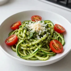 To make Pesto Parmesan Zucchini Noodles, gather these fresh ingredients: - 3 medium zucchinis - 1 cup fresh basil leaves - 1/2 cup grated Parmesan cheese - 1/4 cup pine nuts (or walnuts) - 2 cloves garlic - 1/4 cup olive oil - Salt and pepper to taste - Cherry tomatoes, halved (for garnish) - Optional: extra Parmesan for serving If you can't find an ingredient, don't worry! Here are some easy swaps: - Zucchini: Use yellow squash for a different flavor. - Basil: Try spinach or arugula for a fresh taste. - Parmesan: Use Pecorino Romano or nutritional yeast for a similar effect. - Pine Nuts: Walnuts or almonds also work well. - Olive Oil: Use avocado oil for a different oil flavor. Using fresh ingredients makes a big difference in flavor. For example: - Fresh Basil: It has a bright taste, perfect for pesto. - Dried Herbs: They can work in a pinch but won't taste as vibrant. I always recommend using fresh basil for the best results. It really shines in this dish! Also, fresh garlic adds a punch that dried garlic can’t match. Stick with fresh when you can for maximum flavor! {{ingredient_image_1}} First, grab your zucchinis. You will need three medium ones for this dish. Use a spiralizer or a vegetable peeler to create long, thin noodles. These are called zoodles. Make sure to turn the zucchini as you spiralize. This helps you get nice, even noodles. If you choose a peeler, slice the zucchini into thin strips. Once you finish, set the zoodles aside in a bowl. Next, let’s make the pesto sauce. You will need one cup of fresh basil leaves, half a cup of grated Parmesan cheese, and a quarter cup of pine nuts or walnuts. Don’t forget two cloves of garlic! Put these ingredients into a food processor. Pulse them until they are finely chopped. Now, slowly add a quarter cup of olive oil while the processor runs. This makes the pesto creamy. If the mixture is too thick, add a teaspoon of water to loosen it. Taste your pesto and season with salt and pepper. Adjust to your liking. Now it’s time to mix everything! In a large bowl, add your zucchini noodles. Pour the fresh pesto sauce over the zoodles. Toss them gently to coat every noodle with the sauce. If you want a warm dish, heat a non-stick skillet over medium heat. Add the zoodles and sauté them for just 2-3 minutes. Be careful not to overcook them, or they will become soggy. Finally, plate your zoodles in bowls. Garnish with halved cherry tomatoes and sprinkle extra Parmesan on top if you like. Enjoy your delightful and healthy Pesto Parmesan Zucchini Noodles! To make great zucchini noodles, start with firm zucchinis. Look for ones that feel heavy and smooth. After spiralizing, gently squeeze the zoodles to remove excess water. This helps keep them from getting soggy. If you prefer a warm dish, sauté them quickly in a hot skillet. Just 2-3 minutes is enough to warm them up. Remember, overcooking will turn them mushy! If you have leftover pesto, store it in a jar. Cover the top with a thin layer of olive oil. This keeps the pesto fresh longer. Seal the jar tightly and put it in the fridge. Pesto can stay good for about a week this way. You can also freeze it in ice cube trays. This makes it easy to use in the future! Want to take your dish to the next level? Try adding more flavors. Cherry tomatoes add a nice burst of color and sweetness. You can also mix in cooked chicken or shrimp for protein. For a spicy kick, add red pepper flakes. Fresh lemon juice brightens up the flavors too. Get creative and make it your own! Pro Tips Choose Firm Zucchini: Select firm zucchinis to ensure your noodles hold their shape and texture while cooking. Fresh Ingredients Matter: Using fresh basil and high-quality Parmesan will enhance the flavor of your pesto significantly. Customize Your Nuts: Feel free to substitute pine nuts with walnuts or even sunflower seeds for a different flavor profile. Don't Overcook Your Zoodles: If sautéing, keep it brief—just enough to warm them through to avoid a soggy texture. {{image_2}} You can easily add protein to your Pesto Parmesan Zucchini Noodles. Grilled chicken or shrimp work great. Simply cook your protein of choice, then mix it into the zoodles. You can also use chickpeas for a plant-based option. They boost the protein and add a nice texture. Just toss them in for a meal that fills you up. Want a vegan take on this dish? Swap out the Parmesan cheese for nutritional yeast. This gives the pesto a cheesy flavor without dairy. You can also use cashews instead of pine nuts for a creamier texture. Blend them until smooth with the basil and garlic. Your vegan pesto will taste amazing! Feel free to add seasonal veggies to your zoodles. Bell peppers, spinach, or even asparagus make great additions. Just sauté them briefly before mixing with the zoodles. You can also use roasted veggies for extra flavor. This keeps your dish fresh and colorful, and it adds even more nutrients! You can keep leftover Pesto Parmesan Zucchini Noodles in the fridge. Place them in an airtight container. They stay fresh for about 2-3 days. Make sure to store them without the cherry tomatoes. Adding them later helps keep their flavor and shape. If you make extra pesto, freezing is a great option. Pour the pesto into ice cube trays. Once frozen, pop out the cubes and put them in a freezer bag. This way, you can use just what you need later. The pesto stays good for up to 3 months in the freezer. For storing your zoodles and pesto, use glass or BPA-free plastic containers. Glass containers are great because they do not absorb smells. Choose containers with tight lids to keep air out. This helps maintain flavor and freshness. You can make zucchini noodles with just a vegetable peeler. Cut the zucchini into long strips. Keep peeling until you reach the seeds in the center. This method gives you flat noodles but still tastes great. You can also use a box grater. Grate the zucchini lengthwise to create thin strips. Remember to squeeze out excess water before cooking. Yes, store-bought pesto works well in this dish. It saves time and still adds flavor. Just choose a high-quality brand with fresh ingredients. Check for added preservatives and choose one with a clean ingredient list. This makes the dish quick and easy. You can always add extra cheese or nuts for a boost. Pesto Parmesan Zucchini Noodles pair well with many dishes. Try grilled chicken or shrimp for added protein. A fresh salad with greens adds crunch. Garlic bread is another tasty option for a complete meal. You can also serve it with roasted vegetables for a healthy side. Feel free to get creative based on your taste preferences! To wrap up, we covered how to make tasty Pesto Parmesan Zucchini Noodles. You learned the key ingredients, substitutions, and the difference between fresh and dried options. I shared steps for preparing the zoodles and making the pesto sauce. Tips helped you perfect texture and storage. Variations offer choices for proteins and seasonal veggies. Finally, you found answers to common questions. Enjoy this dish as a healthy meal that you can easily adapt. Your kitchen will thrive with these simple tips and tricks!