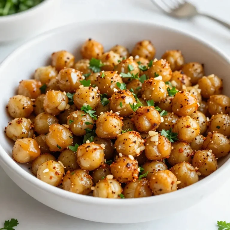 - 1 can (15 oz) chickpeas, drained and rinsed - 2 tablespoons olive oil - 4 cloves garlic, minced - 1 teaspoon smoked paprika - 1 teaspoon ground cumin - 1 teaspoon dried thyme - 1 teaspoon dried oregano - Salt and pepper, to taste - Fresh parsley, chopped Chickpeas are the star of this dish. They are rich in protein and fiber. Start with one can of chickpeas. Drain and rinse them well. This step helps remove excess sodium. After rinsing, dry them gently with a towel. Removing moisture is key for a crispy snack. Next, you'll need olive oil and garlic. Two tablespoons of olive oil add healthy fats. Four cloves of minced garlic give a bold flavor. Mince the garlic finely to spread its taste evenly. Now, let's talk seasonings. Smoked paprika adds a warm, smoky taste. Ground cumin gives it a hint of earthiness. Dried thyme and oregano bring in herb flavors. Season with salt and pepper to your liking. This mix makes every chickpea burst with flavor. Finally, don’t skip the garnish. Fresh parsley adds a pop of color and freshness. Chop it finely and sprinkle it over the roasted chickpeas before serving. This dish is not just tasty; it looks great too! {{ingredient_image_1}} - Preheat the oven to 400°F (200°C). - Line a baking sheet with parchment paper. - Rinse, drain, and dry the chickpeas. This step is key for crispiness. Moisture can make them soggy. - Mix olive oil, minced garlic, smoked paprika, ground cumin, dried thyme, dried oregano, salt, and pepper in a bowl. - Coat the chickpeas evenly in this mixture. Ensure every chickpea gets covered. This adds flavor to every bite. - Spread the chickpeas in a single layer on the baking sheet. This helps them cook evenly. - Roast for 25-30 minutes. Stir halfway through to promote even browning. Keep an eye on them to avoid burning. - Once roasted, let them cool slightly. They will crisp up more as they cool. - Transfer to a serving bowl. Garnish with freshly chopped parsley for a pop of color and taste. To get the best crunch from your chickpeas, start by drying them well. After rinsing, use a clean kitchen towel to pat them dry. This step is key. If they are wet, they will steam instead of roast. Next, avoid overcrowding the baking sheet. Spread your chickpeas in a single layer. If they touch, they won't get that crispy texture we all love. Seasoning is all about your taste. You can add salt and pepper to your liking. Don’t forget to mix in the garlic and spices well. Feel free to play with fresh herbs too. Fresh thyme or rosemary can add a nice twist. Just chop them finely and mix them in before roasting. Check your chickpeas after about 25 minutes. They should turn golden brown and crisp. Stir them halfway through to ensure even cooking. To prevent burning, keep an eye on them as they roast. If they smell too toasty, they might be done. Remove them promptly to keep that crunch. Pro Tips Dry Chickpeas Well: Make sure to thoroughly dry the rinsed chickpeas with a kitchen towel. This ensures they become crispy when roasted. Customize Your Spices: Feel free to experiment with different spices like cayenne pepper or Italian seasoning to suit your taste preferences. Check for Doneness: Keep an eye on the chickpeas towards the end of roasting; they can go from perfectly crispy to burnt quickly. Storage Tips: Store any leftovers in an airtight container at room temperature for up to 2 days to maintain their crunchiness. {{image_2}} Want to spice up your chickpeas? You can add cayenne pepper for heat. Just a little goes a long way. If you prefer fresh herbs, try using rosemary or basil instead of thyme or oregano. Each herb will give a different taste. Experiment with your favorites! You can also change the oil you use. Avocado oil works great as a substitute for olive oil. It adds a smooth flavor and is healthy. If you want extra taste, try flavored oils like garlic or chili oil. These oils can really boost the flavor of your roasted chickpeas! To add a fun twist, toss your chickpeas with lemon zest. This gives a bright, fresh flavor that pairs well with the herbs. You can also serve them with dips like hummus or tzatziki. These dips add creaminess and make for a delicious snack. Enjoy trying these ideas! To keep your garlic herb roasted chickpeas fresh, use airtight containers. Glass or plastic containers work well. Store them at room temperature for up to three days. If you want them to last longer, put them in the fridge. They can stay fresh in the fridge for about a week. To reheat your chickpeas and keep them crispy, use the oven. Preheat it to 350°F (175°C). Spread the chickpeas on a baking sheet. Heat them for about 10 minutes. This method helps avoid sogginess. You can also use an air fryer for a quick reheat. Can you freeze roasted chickpeas? Yes, you can! Place them in a freezer-safe bag. They can last up to three months. To thaw and re-crisp, take them out of the freezer. Let them sit at room temperature for about 30 minutes. Then, reheat them in the oven at 350°F (175°C) for 10-15 minutes. This will help bring back their crunch! Roasted chickpeas can last about 3 to 4 days at room temperature. Store them in an airtight container. If you keep them in the fridge, they can last up to a week. However, they may lose some crunch when stored like this. Yes, you can! An air fryer cooks them fast and keeps them crispy. Set your air fryer to 400°F (200°C). Cook for about 15 to 20 minutes. Shake the basket halfway through to ensure even cooking. Chickpeas are packed with nutrients. They are high in protein and fiber, which help you feel full. They also offer vitamins and minerals, like iron and magnesium. Compared to chips or sweets, chickpeas are a much healthier snack option. They provide energy without the sugar crash. Roasting chickpeas is simple and fun. You learned about key ingredients, step-by-step prep, and tips for making them crispy. We explored ways to add flavor and how to store leftovers. Remember, you can use different oils and herbs to change the taste. Enjoy your crispy snack with dips or on its own! With these insights, you can make the perfect roasted chickpeas at home. Enjoy the crunch and health benefits that come with it!