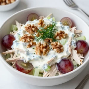 - 2 cups cooked chicken breast, shredded or diced - 1 cup plain Greek yogurt - 1/4 cup mayonnaise (optional, for additional creaminess) The main ingredients in this salad are simple yet essential. The chicken provides protein, while Greek yogurt adds creaminess. You can use mayonnaise if you want a richer taste. - 1/2 cup celery, finely chopped - 1/2 cup red grapes, halved Celery gives the salad a nice crunch. The red grapes add a touch of sweetness. Both ingredients balance the flavors in this dish. - 1 tablespoon Dijon mustard - 1 tablespoon honey - 1 tablespoon lemon juice - Fresh herbs Dijon mustard adds a bit of tang. Honey brings sweetness, while lemon juice brightens the dish. Fresh herbs like dill or parsley add freshness and color. These enhancements make the salad pop with flavor. {{ingredient_image_1}} To start, grab a big mixing bowl. First, mix the Greek yogurt and mayonnaise together. If you want it creamier, add the mayonnaise. Stir until the mix is smooth and well-combined. Next, you will add the flavor to the dressing. Toss in Dijon mustard, honey, lemon juice, salt, and pepper. Mix this all well. You want every bit to be blended together. Now, it's time for the chicken! Add in your shredded chicken and stir it into the yogurt mix. Make sure the chicken is evenly coated. Then, chop your celery and halve your red grapes. Add them to the bowl, too. The crunch of the celery and the sweetness of the grapes make this salad special. Mix everything gently to combine. Take a moment to taste your salad. You may need to adjust the seasoning. Add more salt, pepper, or lemon juice as needed. Once you are happy with the flavor, cover the bowl with plastic wrap or a lid. Let it chill in the fridge for at least 30 minutes. This time helps the flavors blend together. Before serving, give it a gentle stir and sprinkle fresh herbs on top for a nice touch. - Ensuring even coating: To get a smooth and creamy salad, mix the Greek yogurt and mayonnaise well. This helps the sauce cover every piece of chicken and veggie. Use a spatula to fold in the ingredients gently. This keeps the grapes and walnuts whole. - Tasting and adjusting seasoning: Always taste your salad before serving. If you want more flavor, add a pinch of salt or a splash of lemon juice. Adjust until it tastes just right for you. - Presentation ideas: Serve your chicken salad in a large bowl or on a bed of greens. You can also fill lettuce cups for a fun twist. Sprinkle fresh dill or parsley on top for color. - Pairing options: This salad pairs well with whole grain bread or pita chips. It also works great as a filling for wraps. Add a side of fresh fruit for a balanced meal. - Advantages of Greek yogurt over mayonnaise: Greek yogurt has less fat and more protein than mayonnaise. It gives a creamy texture without the extra calories. This makes your salad lighter but still tasty. - Nutritional highlights of the salad: This salad is packed with protein from the chicken and yogurt. You also get fiber from celery and grapes. The walnuts add healthy fats. Overall, it’s a well-rounded meal that’s good for you! Pro Tips Use Rotisserie Chicken: For a quicker preparation, consider using store-bought rotisserie chicken instead of cooking your own. This saves time and adds flavor. Customize Your Add-Ins: Feel free to add other ingredients such as diced apples, chopped bell peppers, or dried cranberries for extra texture and flavor. Let It Chill: Allowing the salad to chill in the refrigerator for at least 30 minutes helps the flavors blend and enhances the overall taste. Fresh Herbs Matter: Using fresh dill or parsley as a garnish not only improves presentation but also adds a burst of freshness to the dish. {{image_2}} You can switch up the protein in this salad. Try cooked turkey for a lean option. For a plant-based choice, use tofu. Both options work well with the yogurt. You can also mix in different fruits and nuts. Apples or berries can add sweetness. For nuts, almonds or pecans give great crunch. Feel free to get creative! If you want more flavor, try variations of the yogurt dressing. Add a splash of apple cider vinegar for tang. You can also mix in some spicy sriracha for a kick. Herb-infused additions are another great idea. Chopped basil or cilantro can really brighten up the salad. Use what you have on hand! This salad is great in many forms. Make wraps by putting the salad in tortillas. You can also pile it high in sandwiches for a hearty meal. For a lighter option, serve it in lettuce cups. You can also make a beautiful bowl with greens. Each style brings its own fun twist to the dish! To keep your Greek yogurt chicken salad fresh, use an airtight container. This helps prevent any odors from sneaking in. You can use glass or plastic containers, but make sure they close tightly. When stored properly, your chicken salad lasts about 3 to 4 days in the fridge. Always check for any changes in smell or color before eating. Can you freeze Greek yogurt chicken salad? I recommend not freezing it. The yogurt can change texture and become watery. However, if you must freeze it, make sure to use a freezer-safe container. To thaw, place it in the fridge overnight. After thawing, mix it well before serving. You may need to add a bit more yogurt to restore its creaminess. For reheating, use a microwave or stovetop. If using the microwave, heat it in short bursts. Stir between intervals to ensure even warming. Avoid high heat, as it can make the chicken dry. On the stovetop, warm over low heat while stirring gently. This keeps the texture smooth and flavors intact. Always check the temperature before serving to ensure it’s safe to eat. Greek yogurt chicken salad can last about 3 to 5 days in the fridge. To keep it fresh, store it in an airtight container. Always check for any signs of spoilage before eating. If it smells off or looks strange, it’s best to toss it. Yes, you can make Greek yogurt chicken salad ahead of time. It’s a great meal prep option! I recommend preparing it a day or two in advance. This allows the flavors to blend nicely. Just remember to stir it again before serving to mix everything well. Greek yogurt chicken salad pairs well with many sides. Here are some tasty options: - Whole grain bread or wraps for sandwiches - Fresh veggies like carrots and celery sticks - A light green salad with vinaigrette - Crispy crackers for a crunchy bite These sides add variety and balance to your meal. This blog post covered how to make a tasty Greek yogurt chicken salad. You learned about the main ingredients, like chicken, Greek yogurt, and fresh veggies. We discussed easy steps for mixing everything together and tips for serving. Remember to try variations and proper storage for best meals. Greek yogurt makes this salad healthy and fun to make. I hope you enjoy creating your own version!