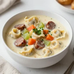 For a cozy bowl of creamy tortellini sausage soup, gather these ingredients: - 1 tablespoon olive oil - 1 pound Italian sausage (mild or spicy) - 1 medium onion, diced - 2 cloves garlic, minced - 3 carrots, diced - 3 celery stalks, diced - 6 cups chicken broth - 1 can (14 oz) diced tomatoes - 1 teaspoon dried basil - 1 teaspoon dried oregano - 1/2 teaspoon red pepper flakes (optional) - 1 package (9 oz) cheese tortellini - 1 cup heavy cream - 2 cups fresh spinach - Salt and pepper to taste - Fresh parsley, chopped (for garnish) The Italian sausage adds rich flavor. You can pick mild for a gentle taste or spicy for a kick. Fresh spinach gives the soup a vibrant color. It also adds nutrients. The heavy cream is what makes this soup creamy and smooth. If you need a lighter soup, use half-and-half instead of heavy cream. For a gluten-free option, choose gluten-free tortellini. You can also use turkey sausage for a leaner choice. If you're vegan, try plant-based sausage and skip the cream, using coconut milk instead. {{ingredient_image_1}} Start by heating 1 tablespoon of olive oil in a large pot over medium heat. Once the oil is hot, add 1 pound of Italian sausage. Use a wooden spoon to break it up as it cooks. Cook the sausage until it turns brown, which takes about 5-7 minutes. This gives your soup a rich flavor. Next, stir in 1 medium diced onion, 2 cloves of minced garlic, 3 diced carrots, and 3 diced celery stalks. Sauté these until they soften, which should take around 5-6 minutes. This mix of veggies adds sweetness and depth to the soup. After the vegetables have softened, pour in 6 cups of chicken broth and 1 can of diced tomatoes (14 oz). Add 1 teaspoon of dried basil, 1 teaspoon of dried oregano, and optional 1/2 teaspoon of red pepper flakes for some heat. Stir everything together and bring it to a simmer. Once the soup is bubbling, add 1 package (9 oz) of cheese tortellini. Cook according to the package instructions, which usually takes about 5-7 minutes. The tortellini will soak up the flavors of the broth and become tender. When the tortellini is cooked, reduce the heat to low. Stir in 1 cup of heavy cream and 2 cups of fresh spinach. Cook for another 2-3 minutes until the spinach wilts. This is when your soup becomes rich and creamy. Don't forget to season with salt and pepper to taste. Now, your creamy tortellini sausage soup is ready to serve! Garnish with freshly chopped parsley for a pop of color and flavor. Enjoy this warm and comforting meal! To make this soup rich and tasty, start by browning the sausage well. This step adds a lot of flavor. Use a wooden spoon to break it into small pieces. Next, be sure to sauté the onions, garlic, carrots, and celery. This mix brings out natural sweetness. Stirring often helps to cook them evenly. After that, let the broth and tomatoes simmer gently. This allows all the flavors to meld together. You can control the spice level by choosing mild or spicy sausage. If you like heat, add more red pepper flakes. For creaminess, adjust the amount of heavy cream. If you want it lighter, use less cream. You can also use half-and-half or milk. Just remember, adding cream near the end keeps the soup smooth and prevents curdling. For a lovely presentation, serve the soup in deep bowls. Top with fresh parsley for a pop of color. Pair it with crusty bread for a cozy touch. This makes for a great dipping option. You can also add a sprinkle of Parmesan cheese on top for extra flavor. Enjoy this warm and comforting meal with family and friends! Pro Tips Use Fresh Herbs: Fresh basil and oregano can elevate the flavor of the soup significantly compared to dried herbs. Adjust Spice Level: If you prefer a milder soup, omit the red pepper flakes or use less of them. Make It Ahead: This soup tastes even better the next day as the flavors meld together. Consider making it in advance! Thicken It Up: For a creamier texture, you can blend a portion of the soup and then mix it back in before adding the cream. {{image_2}} You can change the flavor of your soup by picking different sausages. Italian sausage is a classic choice, but you can also try chorizo for a spicy kick or chicken sausage for a lighter option. Each type adds its own taste. If you want extra heat, go for spicy sausage. For milder flavors, stick to sweet Italian sausage. If you want a vegetarian or vegan version, skip the sausage. Use plant-based sausage or mushrooms for a meaty feel. You can also add lentils for protein. Instead of chicken broth, use vegetable broth. This keeps the soup rich and full of flavor without meat. You can make your soup even better with some simple add-ins. Try adding chopped kale or zucchini for more veggies. A splash of lemon juice brightens up the taste. If you love herbs, fresh basil or thyme will work wonders. For extra creaminess, stir in some cream cheese or a dairy-free alternative. Each of these ideas can take your soup to the next level! After enjoying your soup, let it cool down. Place it in an airtight container. This keeps it fresh. Store in the fridge for up to three days. When ready to eat, just reheat it gently on the stove. Stir well to combine any ingredients that may have settled. You can freeze the soup if you have extra. Use freezer-safe containers or bags. Make sure to leave some space for expansion. It will stay good for up to three months. To reheat, thaw in the fridge overnight. Warm it slowly on the stove. Add a splash of cream if it looks thick. This soup tastes best fresh. But it still holds its flavor when stored. In the fridge, it lasts about three days. In the freezer, it can last three months. Just check for any off smells or changes in color before eating. Fresh spinach may wilt, but this won’t harm the soup. Enjoy your creamy tortellini sausage soup any time! To make this soup gluten-free, use gluten-free tortellini. Many brands offer great options. You can also swap regular chicken broth for gluten-free broth. Always check labels for hidden gluten. This way, you can enjoy the soup without worry. Yes, you can use other pasta types. Small shapes like shells or elbows work well. Just adjust the cooking time based on the pasta you choose. For a heartier option, try adding cooked rice or quinoa instead. You know the soup is done when the tortellini is tender. This usually takes about 5-7 minutes after adding it to the pot. The soup should be hot and bubbly. Stir in the cream and spinach last. Cook just until the spinach wilts. The soup is ready when the flavors come together. This blog covered the key ingredients and cooking steps for a delicious tortellini soup. I shared tips for cooking techniques, flavor adjustments, and serving ideas. You learned about variations, including sausage options and vegetarian choices. Proper storage and reheating tips ensure your soup stays fresh and tasty. In my experience, making this soup can bring joy to your table. Experiment with flavors and enjoy the process. You will create a warm dish that everyone loves. Happy cooking!