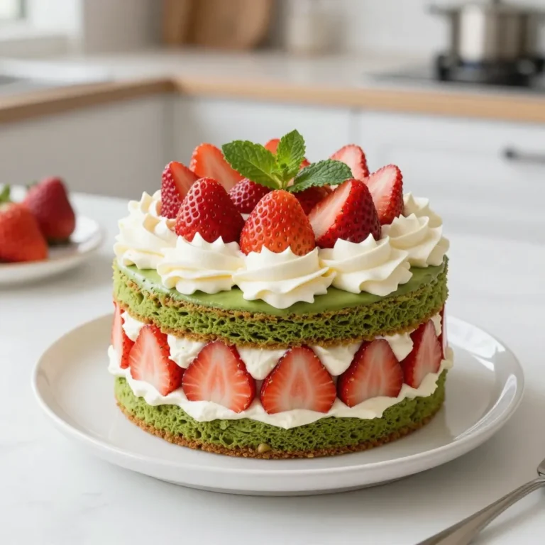 - 2 cups all-purpose flour - 1 cup granulated sugar - 1/2 cup unsalted butter, softened - 1 cup whole milk - 3 large eggs - 2 tablespoons matcha powder - 2 teaspoons baking powder - 1/2 teaspoon salt - 1 teaspoon vanilla extract - 2 cups fresh strawberries, sliced - 1 cup heavy cream - 1/4 cup powdered sugar - Fresh mint leaves for garnish (optional) To create a Matcha Strawberry Layer Cake, gather all the ingredients listed above. Each item plays a key role in making this cake special. The all-purpose flour gives the cake its structure. Granulated sugar adds sweetness, while the unsalted butter brings richness. Whole milk keeps the cake moist, and eggs help bind everything together. Matcha powder is the star ingredient. It gives the cake its unique green color and earthy flavor. Baking powder helps the cake rise. Salt balances the sweetness, and vanilla extract adds depth to the taste. Fresh strawberries bring a burst of flavor and color to each bite. Heavy cream and powdered sugar make a light, fluffy frosting. Having fresh mint leaves for garnish is optional, but they add a nice touch. Ensure you have everything ready before starting. This way, you can enjoy the process of making your delicious cake! {{ingredient_image_1}} - Preheat your oven to 350°F (175°C). - Grease and flour two 9-inch round cake pans. This helps the cakes come out easily. - In a medium bowl, combine 2 cups of all-purpose flour, 2 tablespoons of matcha powder, 2 teaspoons of baking powder, and 1/2 teaspoon of salt. - Sift the dry mix to avoid lumps. This makes the cake light and fluffy. - In a large bowl, cream together 1/2 cup of softened unsalted butter and 1 cup of granulated sugar. - Use a hand mixer for 3-4 minutes until pale and fluffy. - Add 3 large eggs, one at a time. Beat well after each addition. - Pour in 1 cup of whole milk and 1 teaspoon of vanilla extract. Mix well until everything is smooth. - Gradually add the dry ingredients to the wet mixture. - Fold gently until just combined. Be careful not to overmix. This keeps your cake soft. - Divide the batter evenly between the two prepared cake pans. - Bake for 25-30 minutes. A toothpick inserted in the center should come out clean. - Let the cakes cool in the pans for 10 minutes. Then, carefully transfer them to a wire rack to cool completely. - In a chilled bowl, whip 1 cup of heavy cream with a hand mixer until soft peaks form. - Add 1/4 cup of powdered sugar and whip until stiff peaks form. This will be your frosting. - Once the cakes are cool, place one layer on a cake plate. - Spread half of the whipped cream on top. Add half of the 2 cups of sliced strawberries. - Place the second cake layer on top. - Frost the top and sides with the remaining whipped cream. - Decorate with the remaining strawberries and optional mint leaves. Enjoy your beautiful cake! Accurate measurements are key. They help you get the right texture and taste. Use a kitchen scale for precise amounts. This means less guessing and a better cake. Mixing properly matters too. When you combine wet and dry ingredients, do it gently. Fold the mixture with a spatula. This keeps air in and helps the cake rise. Overmixing can make the cake dense and tough. Make sure your cakes are completely cool before stacking. If they are warm, they might fall apart. It’s best to let them sit for at least an hour. When spreading whipped cream, take your time. Use an offset spatula for even layers. Place half of the sliced strawberries on top of the cream. This makes every bite tasty and beautiful. Garnishing with mint leaves adds a fresh touch. Place a few leaves on top of the cake for color. It looks great and adds flavor. For a professional finish, smooth the whipped cream on the sides. Use a spatula to even out the edges. You can also add extra strawberries on top. This makes it eye-catching and delicious. Pro Tips Use Sifted Matcha: Sifting matcha powder before adding it to the batter ensures it blends smoothly and prevents clumping, resulting in a more even flavor throughout the cake. Cool Completely: Allow the cakes to cool completely before frosting to ensure the whipped cream doesn't melt, helping you achieve a beautiful, clean finish. Fresh Strawberries: Use ripe, fresh strawberries for the best flavor. You can macerate them with a little sugar to enhance their sweetness before layering. Chill Before Serving: Refrigerating the assembled cake for at least 30 minutes helps the layers set and makes slicing easier, resulting in a cleaner presentation. {{image_2}} You can switch things up by adding other fruits. Raspberries and blueberries work great in this cake. They add fun colors and new tastes. You can also adjust the matcha levels. If you want a strong matcha flavor, use more. For a milder taste, use less matcha. This lets you make the cake just how you like it. If you need a gluten-free cake, you can use almond or coconut flour instead of regular flour. These flours make the cake soft and tasty. For those who want a vegan version, you can replace eggs and dairy. Use flax eggs and plant-based milk. This way, everyone can enjoy the cake. When it comes to serving, think about how you want to present the cake. You can make it extra special for parties. Try adding fresh mint leaves on top or drizzle some berry sauce over it. You can also serve it with more whipped cream. This makes each slice even more delightful. To keep your matcha strawberry layer cake fresh, refrigerate it. Place the cake in an airtight container. This helps prevent it from drying out. Keep the temperature at 35°F to 40°F (1°C to 4°C). If you do not have a container, cover the cake tightly with plastic wrap. This keeps it moist and tasty. If you have leftover cake, you can freeze it. Wrap each layer in plastic wrap tightly. Then, place the layers in a freezer-safe bag or container. This helps keep the cake fresh for up to three months. When you are ready to eat, take the cake out of the freezer. Let it thaw in the fridge overnight. Once thawed, you can serve it cold or warm it slightly in the oven. In the fridge, the cake stays fresh for about four to five days. Always check for signs of spoilage. Look for any mold or off smells. If the cake feels dry or hard, it is best to discard it. Enjoy your cake while it is fresh for the best taste! Matcha is a fine green tea powder. It has a rich flavor that is slightly sweet and earthy. This unique taste adds depth to the cake. Plus, matcha gives the cake a lovely green color. It pairs well with strawberries, enhancing their fresh flavor. Using matcha elevates the cake, making it special and vibrant. Yes, you can make this cake ahead of time. Bake the layers a day before serving. Let them cool completely and store them in an airtight container. You can also prepare the whipped cream in advance. Just keep it in the fridge until you're ready to assemble the cake. To cut a layered cake neatly, use a sharp knife. Warm the knife under hot water, then dry it. This helps make clean cuts. Start from the center and cut down to the edge. Wipe the knife between cuts for best results. To make whipped cream stiffer, chill your mixing bowl and beaters first. Use heavy cream and whip it until soft peaks form. Add powdered sugar slowly as you whip. You can also add a bit of cornstarch or gelatin for extra stability. You can substitute almond milk for whole milk in this recipe. The cake will be slightly lighter in texture. Almond milk has a mild nutty flavor, which pairs well with matcha. Just ensure to choose unsweetened almond milk to keep the sugar balance right. This guide walks you through creating a delicious matcha strawberry cake. We covered the ingredients, mixing methods, and baking tips. Don’t forget to experiment with flavors and dietary needs to make it your own. Proper storage ensures your cake stays fresh longer. Enjoy the process, and don’t be afraid to get creative with your presentation. Happy baking!
