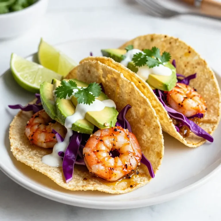For these tacos, you will need a few key items: - 1 pound large shrimp, peeled and deveined - 2 tablespoons olive oil - 4 cloves garlic, minced - 1 teaspoon red pepper flakes - 1 teaspoon smoked paprika - 1 teaspoon ground cumin - Salt and pepper to taste - 8 corn tortillas - 1 cup purple cabbage, thinly sliced - 1 avocado, sliced - 1/4 cup fresh cilantro, chopped - Lime wedges, for serving - 1/2 cup sour cream or Greek yogurt (optional for topping) Each ingredient plays a vital role. The shrimp brings protein and a sweet flavor. Garlic adds a strong kick. Red pepper flakes provide heat, while smoked paprika offers depth. Cumin gives an earthy taste, balancing the flavors. Finally, the fresh toppings brighten the dish. You can customize your tacos with optional toppings and sides. Here are some ideas: - Sliced jalapeños for extra heat - Diced tomatoes for freshness - Crumbled feta cheese for creaminess - Black beans as a hearty side - Cilantro lime rice for a filling addition These toppings let you mix and match. Each adds a new layer of taste and texture. Feel free to play with the recipe. Here are some fun variations: - Replace shrimp with fish or chicken for a different protein. - Use flour tortillas instead of corn for a softer bite. - Try adding mango salsa for a sweet twist. - Experiment with different spices like chili powder or taco seasoning. These variations can make the dish your own. Adjust the flavors to fit your taste buds and enjoy! {{ingredient_image_1}} To make the shrimp marinade, grab a large mixing bowl. Add 1 pound of peeled and deveined shrimp. Pour in 2 tablespoons of olive oil. Next, add 4 cloves of minced garlic. Sprinkle in 1 teaspoon of red pepper flakes for heat. Then, add 1 teaspoon of smoked paprika and 1 teaspoon of ground cumin. Season with salt and pepper to taste. Mix everything well until the shrimp gets coated in the spices. This step adds bold flavor to each bite. Now, heat your skillet over medium-high heat. Once it is hot, add the shrimp in a single layer. Cook for about 2-3 minutes on each side. Watch for the shrimp to turn pink and opaque. Do not overcrowd the skillet, as this can steam the shrimp. Cook in batches if you need to. Perfectly cooked shrimp will be juicy and full of flavor. While the shrimp cooks, warm the corn tortillas in another dry skillet. Heat them for about 30 seconds on each side. This makes them slightly toasted and more tasty. Once the shrimp is ready, it's time to assemble the tacos. Place a few shrimp in the center of each tortilla. Top them with sliced purple cabbage for crunch. Add a few slices of avocado for creaminess. Sprinkle fresh cilantro on top for a burst of freshness. If you like, drizzle some sour cream or Greek yogurt on top. Serve with lime wedges on the side for a zesty finish. Enjoy your bold and flavorful tacos! Choose large shrimp for great texture. Look for shrimp that are fresh and firm. If they smell like the sea, they are often good. Always check for bright colors and no black spots. Frozen shrimp can work too, but make sure they are thawed before cooking. Warm corn tortillas to make them soft and tasty. Heat them in a dry skillet for about 30 seconds on each side. This simple step adds a nice, toasty flavor. You can also use a microwave, but the skillet gives a better texture. Keep them wrapped in a clean towel to stay warm until you are ready to serve. Top your tacos with crunchy purple cabbage for a fresh bite. Avocado adds creaminess and balances the spice. Fresh cilantro gives a bright taste that lifts the dish. A squeeze of lime juice can make all the flavors pop. If you like a creamy touch, add sour cream or Greek yogurt. These toppings make your tacos even more delightful! Pro Tips Fresh Shrimp is Best: Always opt for fresh shrimp if available, as it enhances the flavor and texture of your tacos. Adjust the Heat: Feel free to adjust the amount of red pepper flakes according to your heat preference. Warm Tortillas Properly: Make sure to warm the tortillas adequately to prevent them from breaking when filled. Garnish for Flavor: Adding lime juice and fresh cilantro not only enhances the flavor but also adds a vibrant touch to your tacos. {{image_2}} You can switch the shrimp for other proteins. Fish works great! Try using firm white fish like cod or tilapia. Season it the same way as shrimp. Cook until it flakes easily. Chicken is another option. Use boneless, skinless chicken thighs or breasts. Marinate them just like the shrimp. Then, grill or sauté until done. For a vegetarian twist, try using grilled vegetables. Bell peppers, zucchini, and mushrooms taste amazing. Toss them in olive oil and spices. You can also use black beans or chickpeas for protein. These add a nice texture and flavor. Top with the same fresh veggies like cabbage and avocado. Change the flavor by using different spices. Try using chili powder or curry powder for a bold kick. You can also add fresh herbs like basil or mint. For a tropical vibe, mix in pineapple or mango salsa. This adds sweetness and bright flavor. Experiment with different toppings like jalapeños or pickled onions for extra zing. To store leftover shrimp tacos, place them in an airtight container. Make sure to keep the shrimp separate from the tortillas. This helps prevent soggy shells. You can store them in the fridge for up to two days. If you want to keep them longer, consider freezing. When you're ready to eat, reheat the shrimp in a skillet over medium heat. Cook them for about two minutes until they are warm. For the tortillas, heat them in a dry skillet for about 20 seconds on each side. This keeps them soft and tasty. To freeze shrimp tacos, wrap each taco tightly in plastic wrap. Then, place them in a freezer bag. Make sure to press out as much air as you can. You can freeze them for up to three months. To eat, thaw them overnight in the fridge before reheating. Yes, you can use frozen shrimp. Just thaw them before cooking. Place the shrimp in cold water for about 15 minutes. This method works well and keeps the shrimp fresh. Make sure to pat them dry with a paper towel. This helps the spices stick better. You can use flour tortillas if you prefer. They are soft and easy to fold. Lettuce wraps are another great option. They add crispness and freshness to the tacos. You could also try hard taco shells for a crunchy bite. Just remember to adjust your cooking time if needed. These tacos have a nice kick. The red pepper flakes give them heat. If you want less spice, use fewer red pepper flakes. You can also skip them entirely. The garlic adds flavor, not heat. Enjoy them with sour cream to cool down the spice. In this blog post, we explored making spicy garlic shrimp tacos. You learned about key ingredients, cooking techniques, and fun toppings. We covered tips for selecting shrimp and enhancing flavors. I also shared storage methods for leftovers and answered common questions. These tacos offer a fun twist to your meals. With these steps, you can easily impress family and friends. Enjoy experimenting with flavors and variations. Tacos like these can spice up any dinner!