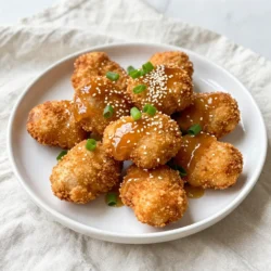 - 1 lb boneless, skinless chicken breasts - 1 cup breadcrumbs or panko - 1/2 cup all-purpose flour - 1 teaspoon garlic powder - 1 teaspoon onion powder - 1/4 cup honey - 1/4 cup soy sauce (low sodium preferred) - 2 cloves garlic, minced - Green onion and sesame seeds for garnish For this recipe, you need simple and fresh ingredients. Start with one pound of boneless, skinless chicken breasts. Cut the chicken into bite-sized pieces. This helps them cook evenly and makes them easy to eat. Next, you'll need one cup of breadcrumbs or panko. Panko gives a nice crunch. If you prefer a softer bite, use regular breadcrumbs. You'll also need half a cup of all-purpose flour. The flour helps the breading stick to the chicken. Now for the seasonings. Use one teaspoon of garlic powder and one teaspoon of onion powder. These add great flavor to the chicken. Don't forget about the sweetness! You will need a quarter cup of honey. This gives the nuggets that tasty honey garlic flavor. For the dipping sauce, grab a quarter cup of low-sodium soy sauce. This adds saltiness to balance the sweetness of the honey. You also need two cloves of minced garlic for extra flavor. Finally, garnish the dish with green onions and sesame seeds. This not only looks great but adds a fresh taste. {{ingredient_image_1}} First, preheat your oven to 400°F (200°C). This step is key for crispy nuggets. While the oven heats, line a baking sheet with parchment paper. This keeps the nuggets from sticking. Next, mix the dry ingredients in a shallow bowl. Combine 1/2 cup of all-purpose flour, 1 teaspoon of garlic powder, 1 teaspoon of onion powder, 1/2 teaspoon of black pepper, and 1/2 teaspoon of salt. Stir well until everything is mixed evenly. Now, let’s coat the chicken. Take your bite-sized chicken pieces. Dip each piece into the flour mixture first. This helps the egg stick better. Next, dip it into the beaten egg. Finally, coat it in the breadcrumbs or panko. Press gently to make sure the crumbs stick. Arrange the coated nuggets on the prepared baking sheet. Make sure they are spaced out so they cook evenly. Bake the nuggets in the oven for 15-20 minutes. Look for them to turn golden brown and cooked through. Halfway through the baking time, flip the nuggets over. This ensures they brown evenly on both sides. While they bake, prepare the honey garlic sauce. In a small saucepan, mix 1/4 cup of honey, 1/4 cup of soy sauce, 2 cloves of minced garlic, and 1 tablespoon of sesame oil. Simmer it over medium heat for 2-3 minutes until it thickens slightly. Once the chicken nuggets are done, take them out of the oven. Drizzle or toss them in the honey garlic sauce. This adds a sweet and savory flavor. Garnish with sliced green onion and sesame seeds. Enjoy your tasty honey garlic chicken nuggets! To make your honey garlic chicken nuggets truly shine, focus on even cooking. Here are some tips: - Flip the nuggets halfway through baking. This helps them crisp up evenly on all sides. - Use panko breadcrumbs for extra crunch. They create a light, airy crust that feels great in every bite. The honey garlic sauce is the star of the dish. Here’s how to make it perfect: - Thicken the sauce by simmering it longer. If it’s too thin, let it cook a bit more. - Adjust flavors by adding more garlic or honey. Taste it as you go, and find the sweet spot for your palate. Serve your honey garlic chicken nuggets with style. Here are some ideas: - Pair them with a side of sweet chili sauce or honey mustard for dipping. This adds a fun twist to each bite. - Garnish with green onions and sesame seeds. This adds color and makes your dish pop on the plate. These tips will help you create a dish that looks as good as it tastes! Pro Tips Perfect Breading Technique: Ensure that each piece of chicken is thoroughly coated with the flour mixture, egg, and breadcrumbs. Press the breadcrumbs firmly to achieve maximum adherence and crunch. Optimal Baking Time: Keep an eye on the nuggets as they bake. Ovens can vary, so check for a golden brown color and an internal temperature of 165°F (75°C) to ensure they are fully cooked. Make Ahead: You can prepare the chicken nuggets in advance and freeze them before baking. Just bake them straight from the freezer, adding a few extra minutes to the cooking time. Flavor Variations: Feel free to customize the honey garlic sauce by adding a splash of sriracha for heat or a squeeze of lime for a zesty twist! {{image_2}} You can make honey garlic chicken nuggets in different ways. Baking is simple and healthy. Preheat your oven to 400°F (200°C) for a crispy finish. Air frying is another great choice. It gives you that crunch without much oil. Just set your air fryer to 375°F (190°C) and cook for about 12-15 minutes. Grilling adds a smoky taste. It’s perfect for summer days. Just make sure to marinate the chicken in the honey garlic sauce first. This will infuse the flavors nicely while cooking. If you need gluten-free options, use almond flour or rice flour instead of regular flour. For the breadcrumbs, try crushed rice crackers or gluten-free panko. These swaps keep your nuggets tasty and safe for gluten-free diets. Looking for low-calorie options? You can skip the breadcrumbs entirely. Just coat the chicken with a bit of olive oil and spices for flavor. This keeps the nuggets moist while cutting calories. Want to change the taste? You can add spices like paprika or cayenne pepper. They will give your nuggets a kick. For a sweet twist, mix in a bit of chili sauce with the honey. This creates a sweet and spicy combo. You can also try different sauces. Swap the soy sauce for teriyaki sauce. This gives your nuggets a unique flavor. Or add some lime juice for a fresh twist. The choices are endless, so have fun experimenting! Store leftover honey garlic chicken nuggets in an airtight container. This keeps them fresh longer. Place them in the fridge within two hours of cooking. Honey garlic chicken nuggets last about 3 to 4 days in the fridge. If you want them to taste fresh, eat them sooner rather than later. To freeze your chicken nuggets, let them cool completely. Then, place them in a freezer bag or container. Make sure to remove as much air as possible. This helps prevent freezer burn. Honey garlic chicken nuggets can be frozen for up to 3 months. When you’re ready to eat them, let them thaw overnight in the fridge. To keep your chicken nuggets crispy, use the oven. Preheat it to 375°F (190°C). Place the nuggets on a baking sheet and heat for about 10-15 minutes. This method keeps them crunchy. If you use a microwave, they may turn soft. If you must use it, heat them in short bursts. Check every 30 seconds to avoid overcooking. Enjoy your tasty chicken nuggets! To make your chicken nuggets crispy, follow these steps: - Use panko breadcrumbs: Panko gives a light and crunchy texture. - Coat evenly: Make sure to coat each nugget well in flour, egg, and breadcrumbs. - Bake at high heat: Set your oven to 400°F (200°C) for the best crisp. - Flip halfway: Turn the nuggets halfway through cooking for even crisping. These tips help create a golden, crunchy outer layer that makes every bite satisfying. Yes, you can prepare honey garlic chicken nuggets ahead of time. Here’s how: - Pre-bread the nuggets: Bread the chicken and place them on a baking sheet. - Refrigerate: Cover and store them in the fridge for up to 24 hours. - Reheat after baking: Bake as normal when you are ready to eat. This method saves time and lets you enjoy fresh nuggets without much effort. You can serve honey garlic chicken nuggets with various tasty dipping sauces. Here are some popular choices: - Sweet chili sauce: This sauce adds a nice kick and sweetness. - Honey mustard: A classic combo that enhances the honey flavor. - Soy sauce: For a salty contrast, soy sauce pairs well. - Barbecue sauce: Adds a smoky element to the dish. These dips make your meal even more enjoyable and flavorful. In this post, we explored how to make tasty honey garlic chicken nuggets. We covered the main ingredients, step-by-step cooking instructions, tips for perfection, and creative variations. You learned methods for storing and reheating, too. Now, you can enjoy crispy, flavorful nuggets at home. With your new skills, get creative with flavors and sides. Try different dipping sauces for a fun twist! Enjoy your cooking adventure!