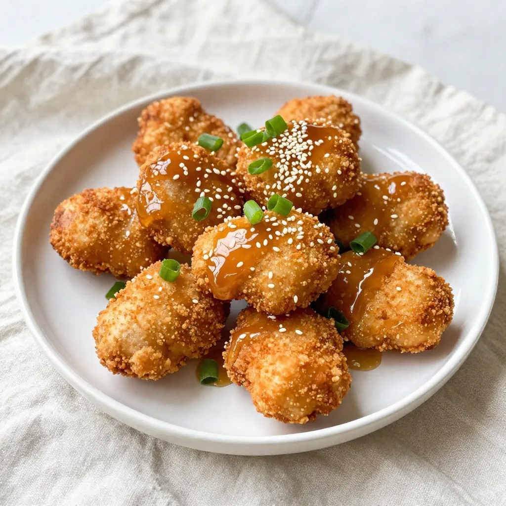 - 1 lb boneless, skinless chicken breasts - 1 cup breadcrumbs or panko - 1/2 cup all-purpose flour - 1 teaspoon garlic powder - 1 teaspoon onion powder - 1/4 cup honey - 1/4 cup soy sauce (low sodium preferred) - 2 cloves garlic, minced - Green onion and sesame seeds for garnish For this recipe, you need simple and fresh ingredients. Start with one pound of boneless, skinless chicken breasts. Cut the chicken into bite-sized pieces. This helps them cook evenly and makes them easy to eat. Next, you'll need one cup of breadcrumbs or panko. Panko gives a nice crunch. If you prefer a softer bite, use regular breadcrumbs. You'll also need half a cup of all-purpose flour. The flour helps the breading stick to the chicken. Now for the seasonings. Use one teaspoon of garlic powder and one teaspoon of onion powder. These add great flavor to the chicken. Don't forget about the sweetness! You will need a quarter cup of honey. This gives the nuggets that tasty honey garlic flavor. For the dipping sauce, grab a quarter cup of low-sodium soy sauce. This adds saltiness to balance the sweetness of the honey. You also need two cloves of minced garlic for extra flavor. Finally, garnish the dish with green onions and sesame seeds. This not only looks great but adds a fresh taste. {{ingredient_image_1}} First, preheat your oven to 400°F (200°C). This step is key for crispy nuggets. While the oven heats, line a baking sheet with parchment paper. This keeps the nuggets from sticking. Next, mix the dry ingredients in a shallow bowl. Combine 1/2 cup of all-purpose flour, 1 teaspoon of garlic powder, 1 teaspoon of onion powder, 1/2 teaspoon of black pepper, and 1/2 teaspoon of salt. Stir well until everything is mixed evenly. Now, let’s coat the chicken. Take your bite-sized chicken pieces. Dip each piece into the flour mixture first. This helps the egg stick better. Next, dip it into the beaten egg. Finally, coat it in the breadcrumbs or panko. Press gently to make sure the crumbs stick. Arrange the coated nuggets on the prepared baking sheet. Make sure they are spaced out so they cook evenly. Bake the nuggets in the oven for 15-20 minutes. Look for them to turn golden brown and cooked through. Halfway through the baking time, flip the nuggets over. This ensures they brown evenly on both sides. While they bake, prepare the honey garlic sauce. In a small saucepan, mix 1/4 cup of honey, 1/4 cup of soy sauce, 2 cloves of minced garlic, and 1 tablespoon of sesame oil. Simmer it over medium heat for 2-3 minutes until it thickens slightly. Once the chicken nuggets are done, take them out of the oven. Drizzle or toss them in the honey garlic sauce. This adds a sweet and savory flavor. Garnish with sliced green onion and sesame seeds. Enjoy your tasty honey garlic chicken nuggets! To make your honey garlic chicken nuggets truly shine, focus on even cooking. Here are some tips: - Flip the nuggets halfway through baking. This helps them crisp up evenly on all sides. - Use panko breadcrumbs for extra crunch. They create a light, airy crust that feels great in every bite. The honey garlic sauce is the star of the dish. Here’s how to make it perfect: - Thicken the sauce by simmering it longer. If it’s too thin, let it cook a bit more. - Adjust flavors by adding more garlic or honey. Taste it as you go, and find the sweet spot for your palate. Serve your honey garlic chicken nuggets with style. Here are some ideas: - Pair them with a side of sweet chili sauce or honey mustard for dipping. This adds a fun twist to each bite. - Garnish with green onions and sesame seeds. This adds color and makes your dish pop on the plate. These tips will help you create a dish that looks as good as it tastes! Pro Tips Perfect Breading Technique: Ensure that each piece of chicken is thoroughly coated with the flour mixture, egg, and breadcrumbs. Press the breadcrumbs firmly to achieve maximum adherence and crunch. Optimal Baking Time: Keep an eye on the nuggets as they bake. Ovens can vary, so check for a golden brown color and an internal temperature of 165°F (75°C) to ensure they are fully cooked. Make Ahead: You can prepare the chicken nuggets in advance and freeze them before baking. Just bake them straight from the freezer, adding a few extra minutes to the cooking time. Flavor Variations: Feel free to customize the honey garlic sauce by adding a splash of sriracha for heat or a squeeze of lime for a zesty twist! {{image_2}} You can make honey garlic chicken nuggets in different ways. Baking is simple and healthy. Preheat your oven to 400°F (200°C) for a crispy finish. Air frying is another great choice. It gives you that crunch without much oil. Just set your air fryer to 375°F (190°C) and cook for about 12-15 minutes. Grilling adds a smoky taste. It’s perfect for summer days. Just make sure to marinate the chicken in the honey garlic sauce first. This will infuse the flavors nicely while cooking. If you need gluten-free options, use almond flour or rice flour instead of regular flour. For the breadcrumbs, try crushed rice crackers or gluten-free panko. These swaps keep your nuggets tasty and safe for gluten-free diets. Looking for low-calorie options? You can skip the breadcrumbs entirely. Just coat the chicken with a bit of olive oil and spices for flavor. This keeps the nuggets moist while cutting calories. Want to change the taste? You can add spices like paprika or cayenne pepper. They will give your nuggets a kick. For a sweet twist, mix in a bit of chili sauce with the honey. This creates a sweet and spicy combo. You can also try different sauces. Swap the soy sauce for teriyaki sauce. This gives your nuggets a unique flavor. Or add some lime juice for a fresh twist. The choices are endless, so have fun experimenting! Store leftover honey garlic chicken nuggets in an airtight container. This keeps them fresh longer. Place them in the fridge within two hours of cooking. Honey garlic chicken nuggets last about 3 to 4 days in the fridge. If you want them to taste fresh, eat them sooner rather than later. To freeze your chicken nuggets, let them cool completely. Then, place them in a freezer bag or container. Make sure to remove as much air as possible. This helps prevent freezer burn. Honey garlic chicken nuggets can be frozen for up to 3 months. When you’re ready to eat them, let them thaw overnight in the fridge. To keep your chicken nuggets crispy, use the oven. Preheat it to 375°F (190°C). Place the nuggets on a baking sheet and heat for about 10-15 minutes. This method keeps them crunchy. If you use a microwave, they may turn soft. If you must use it, heat them in short bursts. Check every 30 seconds to avoid overcooking. Enjoy your tasty chicken nuggets! To make your chicken nuggets crispy, follow these steps: - Use panko breadcrumbs: Panko gives a light and crunchy texture. - Coat evenly: Make sure to coat each nugget well in flour, egg, and breadcrumbs. - Bake at high heat: Set your oven to 400°F (200°C) for the best crisp. - Flip halfway: Turn the nuggets halfway through cooking for even crisping. These tips help create a golden, crunchy outer layer that makes every bite satisfying. Yes, you can prepare honey garlic chicken nuggets ahead of time. Here’s how: - Pre-bread the nuggets: Bread the chicken and place them on a baking sheet. - Refrigerate: Cover and store them in the fridge for up to 24 hours. - Reheat after baking: Bake as normal when you are ready to eat. This method saves time and lets you enjoy fresh nuggets without much effort. You can serve honey garlic chicken nuggets with various tasty dipping sauces. Here are some popular choices: - Sweet chili sauce: This sauce adds a nice kick and sweetness. - Honey mustard: A classic combo that enhances the honey flavor. - Soy sauce: For a salty contrast, soy sauce pairs well. - Barbecue sauce: Adds a smoky element to the dish. These dips make your meal even more enjoyable and flavorful. In this post, we explored how to make tasty honey garlic chicken nuggets. We covered the main ingredients, step-by-step cooking instructions, tips for perfection, and creative variations. You learned methods for storing and reheating, too. Now, you can enjoy crispy, flavorful nuggets at home. With your new skills, get creative with flavors and sides. Try different dipping sauces for a fun twist! Enjoy your cooking adventure!