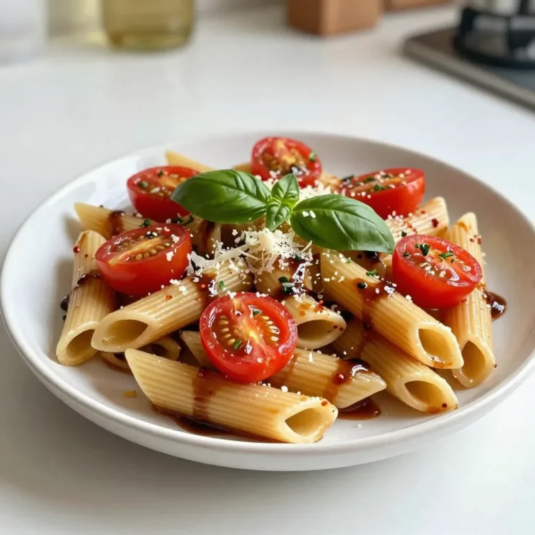 - 12 oz pasta of choice (spaghetti or penne recommended) - 2 cups cherry tomatoes, halved - 4 cloves garlic, minced - 1/4 cup fresh basil, chopped (plus extra for garnish) - 1/4 cup balsamic glaze - 3 tablespoons olive oil - Salt and pepper to taste - 1/2 teaspoon red pepper flakes (optional) - 1/2 cup grated Parmesan cheese (for serving) This dish shines because of its fresh and simple ingredients. Each one plays a key role. You will want the best quality of tomatoes. I love using ripe cherry tomatoes for their sweetness. The garlic brings a bold taste, while the fresh basil adds a lovely aroma. Olive oil is essential for a smooth finish. Balsamic glaze gives a sweet tang, perfectly balancing the flavors. When I make this pasta, I always keep the balance in mind. Salt and pepper enhance the dish, while red pepper flakes add a hint of heat. Remember, you can adjust the spice to your liking. Lastly, the Parmesan cheese on top adds a creamy touch that completes the meal. {{ingredient_image_1}} To cook pasta to al dente, bring a large pot of salted water to a boil. Add your pasta and cook it according to the package instructions. This usually takes about 8 to 10 minutes. You want the pasta to be firm but not hard when you bite it. It should have a slight bite to it. After cooking, reserve about 1/2 cup of the pasta water before you drain it. This water contains starch that helps the sauce stick to the pasta later. Heat a large skillet over medium heat and add olive oil. Once the oil is hot, toss in the minced garlic. You only need to sauté the garlic for about 1 minute. Watch it closely to avoid burning. If it turns brown, it will taste bitter. Add the halved cherry tomatoes to the skillet after the garlic. Cook them for about 5 to 7 minutes. You want the tomatoes to soften and release their juices. Stir them occasionally to ensure even cooking. The sauce should be juicy but not too watery. Next, add your drained pasta to the skillet with the tomatoes. Stir everything well so the pasta mixes with the sauce. If the mixture seems dry, slowly add some reserved pasta water. This will help achieve your desired consistency. Now, stir in the chopped basil, balsamic glaze, salt, pepper, and red pepper flakes if you like some heat. Toss everything together until it's warm and evenly mixed. Serve the pasta in bowls. Garnish with extra fresh basil and a sprinkle of grated Parmesan cheese. You can also drizzle some balsamic glaze on top for extra flavor. This dish pairs well with a simple green salad or crusty bread. Enjoy your Tomato Basil Bruschetta Pasta! To make this dish your own, play with the flavors. You can add more salt or pepper to taste. If you like it spicy, add more red pepper flakes. For a milder dish, leave them out. Fresh ingredients shine in this recipe. Use fresh basil and cherry tomatoes for the best taste. Canned tomatoes work, but fresh gives a brighter flavor. You don’t need fancy tools for this recipe. A large pot is great for boiling pasta. A big skillet is key for sautéing garlic and tomatoes. Use a wooden spoon to stir and mix. If you have a pasta strainer, it helps to drain the pasta easily. You can make this dish ahead of time. Cook the pasta and sauce, then store them separately. Keep the pasta in a sealed container in the fridge. The sauce also needs a container. This way, you keep the pasta from getting mushy. When you’re ready to eat, mix the two and heat them up. Leftovers can last for three days in the fridge. Just reheat in a pan until warm. Pro Tips Use Fresh Ingredients: For the best flavor, use fresh cherry tomatoes and basil. The quality of these ingredients significantly enhances the dish. Adjust the Balsamic Glaze: Feel free to adjust the amount of balsamic glaze to suit your taste. You can add more for a tangier flavor or less for a milder taste. Reserve Pasta Water: Always reserve some pasta water before draining. This starchy water can help loosen the sauce and create a creamier texture. Experiment with Cheeses: While Parmesan is traditional, try using other cheeses like feta or mozzarella for a different flavor profile and texture. {{image_2}} You can make this dish even better by adding more veggies. Some great options are bell peppers, zucchini, or spinach. These add color and nutrients. For cheese lovers, you can swap out Parmesan with feta or goat cheese. These alternatives bring a creamy texture and tangy flavor. Want to add protein? Chicken and shrimp are perfect choices. To add chicken, cook it in the skillet before the garlic. Use bite-sized pieces for quick cooking. For shrimp, toss them in after the garlic, cooking just until they turn pink. This keeps the dish light and flavorful. If you need gluten-free options, look for pasta made from rice or quinoa. These work well in this recipe. When using gluten-free pasta, check the cooking time. It may vary. To keep flavors strong, add a bit more balsamic glaze or fresh basil. This helps balance the taste and keeps it delicious. To store your leftover Tomato Basil Bruschetta Pasta, use an airtight container. Glass or plastic containers work well. Make sure the pasta cools down for about 30 minutes before sealing. This helps prevent moisture build-up, which can make the pasta soggy. When it's time to enjoy your pasta again, the best way to reheat it is in a skillet. Heat it on low and add a splash of water or olive oil to keep it moist. Stir gently to avoid sticking. You can also microwave it in short intervals. Cover it with a damp paper towel to retain some moisture. In the fridge, your Tomato Basil Bruschetta Pasta will last about 3 to 5 days. Always check for signs of spoilage. If you see mold or if it smells off, it’s best to toss it. Freshness is key to enjoying this dish! You can use dried basil instead of fresh. However, dried basil has a different flavor. It's less bright and aromatic. If you use dried, use one-third of the fresh amount. For this recipe, that means about 1 tablespoon of dried basil. Balsamic glaze is a thick, sweet sauce made from balsamic vinegar. It adds rich flavor to dishes. You can make it at home by simmering balsamic vinegar in a pot. Cook it until it reduces and thickens, which takes about 10-15 minutes. Let it cool, and it’s ready to use! Yes, this dish is great for meal prep! You can make it ahead and store it in the fridge. It keeps well for a few days. Just warm it up when you are ready to eat. The flavors meld together nicely, making it even tastier. You can freeze Tomato Basil Bruschetta Pasta. To do this, let it cool completely. Then, place it in an airtight container or a freezer bag. Label it with the date. When you want to eat it, defrost it in the fridge overnight. Reheat it on the stove, adding a splash of water if needed. To add heat, you can mix in some red pepper flakes. Start with 1/2 teaspoon and adjust to your taste. You can also add sliced jalapeños or a dash of hot sauce. These will give your pasta a nice kick! This recipe combines simple ingredients for a tasty Tomato Basil Bruschetta Pasta. You learned how to cook the pasta to perfection, sauté garlic without burning it, and create a rich sauce. I shared tips for storing leftovers and reheating to maintain flavor. You can customize this dish with your favorite veggies or proteins. It’s easy to adjust flavors and perfect for meal prep. Enjoy making this dish, and let your creativity shine in the kitchen!