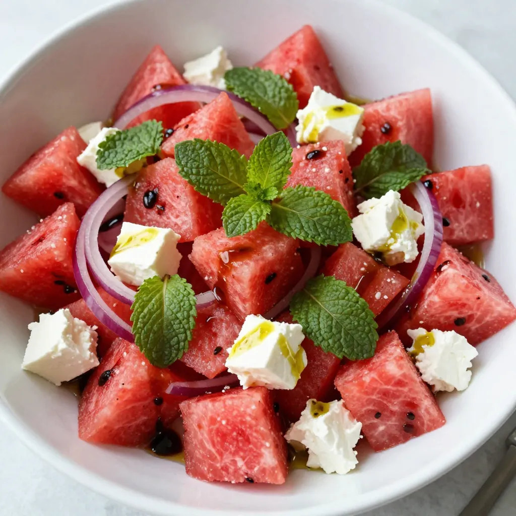 - 4 cups watermelon, diced - 1 cup feta cheese, crumbled - 1/2 cup fresh mint leaves, roughly chopped - 1/4 cup red onion, thinly sliced Watermelon is sweet and juicy. It makes this salad cool and fresh. Choose a ripe watermelon for the best flavor. Feta cheese adds a creamy and salty taste. The mint leaves give a bright and clean flavor. Red onion offers a nice crunch and a slight bite. - 2 tablespoons olive oil - 1 tablespoon balsamic vinegar - Salt and pepper to taste For the dressing, use good quality olive oil. It gives richness to the salad. Balsamic vinegar adds a tangy sweetness that balances the dish. Always season with salt and pepper. This simple dressing pulls all the flavors together. {{ingredient_image_1}} - Dice Watermelon: First, cut your watermelon into bite-sized pieces. Aim for about 4 cups. This makes it easy to eat and mix. Place the diced watermelon in a large serving bowl. - Crumble Feta Cheese: Next, take 1 cup of feta cheese and crumble it. Feta adds a nice salty flavor. Sprinkle it over the watermelon in the bowl. - Chop Fresh Mint and Slice Red Onion: Now, take 1/2 cup of fresh mint leaves and roughly chop them. The mint gives the salad a fresh taste. Also, slice 1/4 cup of red onion thinly. This adds a sweet crunch. Add both to your bowl. - Combine Ingredients in Serving Bowl: Check that all your ingredients are in the bowl. You should see bright pink watermelon, white feta, green mint, and purple onion. - Whisk Dressing in a Separate Bowl: In a small bowl, mix 2 tablespoons of olive oil with 1 tablespoon of balsamic vinegar. Whisk them together until they blend well. This dressing will tie all the flavors together. - Drizzle Dressing Over Salad: Pour the dressing over your salad mixture. Make sure to cover all the ingredients for the best flavor. - Toss Gently and Season to Taste: Use a large spoon to toss the salad gently. Be careful not to mash the watermelon. Finally, add salt and pepper to taste. This will enhance all the flavors. - Look for Firmness and Uniformity: Choose a watermelon that feels heavy for its size. Tap it; a deep sound shows it’s ripe. Look for a smooth, uniform skin without cuts. The field spot (where it rests on the ground) should be a creamy yellow. This indicates ripeness. - How to Select Ripe Feta Cheese: Pick feta cheese that is moist and crumbly. It should be white and free from brown spots. If you can, taste it. Good feta has a tangy flavor that adds depth to your salad. - Presentation Tips for Salads: Serve your salad in a large bowl or on a platter. For a fun touch, use individual bowls. Garnish with extra mint leaves for color. Adding a sprinkle of feta on top makes it look fancy and tasty. - Pairing with Other Dishes: Watermelon feta mint salad pairs well with grilled chicken or fish. Serve it alongside a warm pita or flatbread for a complete meal. It also works great at picnics or barbecues. - Adding Nuts or Seeds: For a crunch, add nuts like pistachios or sunflower seeds. These add flavor and texture. You can also try pumpkin seeds for a fun twist. - Substituting Ingredients for Dietary Needs: If you want a vegan option, swap feta for avocado or a vegan cheese. You can also skip the cheese entirely. Use fresh herbs like basil for a new taste. Pro Tips Fresh Ingredients: Always use the ripest watermelon, as its sweetness complements the salty feta beautifully. Chill Before Serving: For a more refreshing taste, chill the salad in the refrigerator for about 30 minutes before serving. Mint Alternatives: If you don't have fresh mint, you can substitute with basil for a different flavor profile. Layered Presentation: For an impressive presentation, layer the ingredients in a clear bowl to showcase the vibrant colors. {{image_2}} You can add a Mediterranean touch by including olives and cherry tomatoes. The briny flavor of olives pairs well with sweet watermelon. I suggest using Kalamata olives for their rich taste. Slice them in half and mix them in. Cherry tomatoes add a burst of color and a fresh taste. Halve the tomatoes and toss them gently with the other ingredients. This variation creates a delightful contrast in flavors. Feel free to mix in other seasonal fruits. Berries like strawberries or blueberries can add a sweet twist. You can also try peaches or nectarines for a juicy bite. Dice the fruits and fold them into the salad for extra texture. This not only enhances the taste but also makes your salad more vibrant. Each fruit adds its own unique flavor and keeps the salad exciting. If you're looking for a different cheese, goat cheese or ricotta works great. Goat cheese adds a tangy flavor that complements the watermelon. Simply crumble it over the salad, just like the feta. Ricotta offers a creamy texture that blends well with the other ingredients. Just spoon it in dollops around the salad for a lovely presentation. These cheese options allow you to customize the taste to your liking. To keep your Watermelon Feta Mint Salad fresh, use airtight containers. This helps prevent air from spoiling the salad. Make sure to seal the container tightly. Store it in the fridge right after serving. This way, your salad stays tasty for later. How long will it last in the fridge? Watermelon Feta Mint Salad can last about 2 to 3 days in the fridge. The watermelon may get mushy, but the flavors stay good. Check for freshness before eating. If it smells funny or looks odd, toss it out. Can you freeze Watermelon Feta Salad? It’s not a great idea. Freezing can change the texture of watermelon. The feta cheese may not taste good after thawing. If you want to enjoy it later, just store it in the fridge. Enjoy it fresh for the best taste! Yes, you can prepare the salad ahead of time. Here are some tips: - Cut Watermelon Early: Dice the watermelon and store it in the fridge. - Mix Dressing Separately: Whisk your dressing and keep it chilled. - Combine Before Serving: Toss all ingredients together just before eating. This keeps the watermelon fresh. You can try different fresh herbs. Here are some great choices: - Basil: Offers a sweet and peppery taste. - Cilantro: Adds a bright, zesty flavor. - Parsley: Provides a mild, fresh touch. Feel free to mix herbs to find your favorite flavor. Making this salad vegan is simple. Here are the swaps you need: - Replace Feta: Use vegan feta cheese or omit it entirely. - Check Dressing: Ensure your olive oil and balsamic vinegar are vegan-friendly. These changes keep the taste great while making it plant-based. This blog post covered making a delicious Watermelon Feta Mint Salad. We discussed key ingredients, step-by-step instructions, and tips for perfecting your salad. You learned how to choose the best watermelon, serve it well, and customize the recipe to suit your taste. Remember, this salad is not just refreshing; it’s versatile too. Feel free to explore variations and storage tips to enjoy it longer. Whether you eat it fresh or change it up, you can create a delightful dish every time. Now, it's time to make this tasty salad and enjoy!