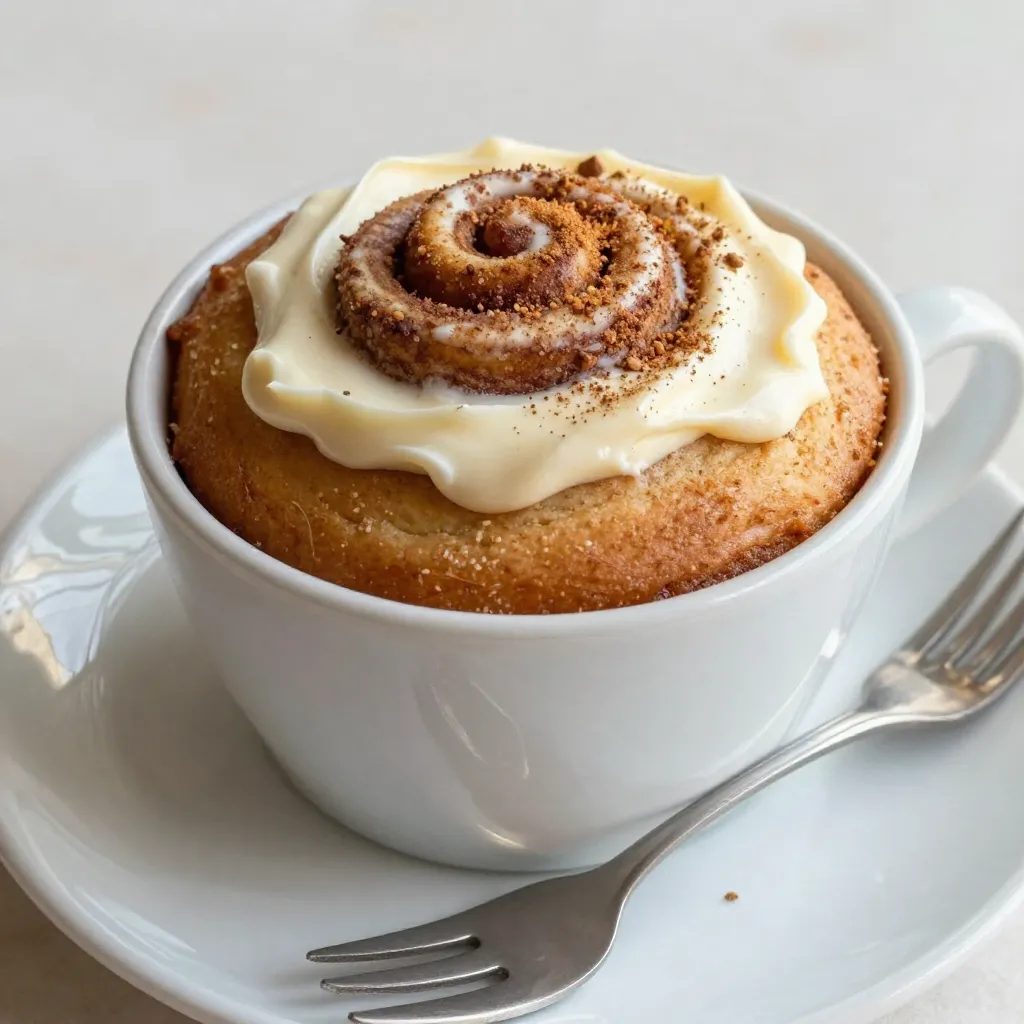 Here are the simple ingredients you need for your cinnamon roll mug cake: - 4 tablespoons all-purpose flour - 1 tablespoon granulated sugar - 1/2 teaspoon baking powder - 1/8 teaspoon salt - 3 tablespoons milk - 1 tablespoon vegetable oil - 1/2 teaspoon vanilla extract - 1 teaspoon ground cinnamon - 1 tablespoon brown sugar - 1 tablespoon chopped walnuts (optional) - Cream cheese frosting for drizzling (optional) Each ingredient plays a key role in making this mug cake fluffy and full of flavor. The flour gives it structure, while sugar adds sweetness. Baking powder makes it rise, and salt enhances all the flavors. Milk and oil keep it moist, and vanilla adds that warm aroma. The cinnamon and brown sugar create that classic cinnamon roll flavor. If you like crunch, toss in some walnuts! For an extra treat, drizzle with cream cheese frosting. This mug cake is quick, easy, and oh-so-delicious! {{ingredient_image_1}} First, grab a microwave-safe mug. In it, mix: - 4 tablespoons all-purpose flour - 1 tablespoon granulated sugar - 1/2 teaspoon baking powder - 1/8 teaspoon salt Stir these together well. Make sure there are no lumps. This step is key for a nice texture. Next, add the wet ingredients to the mug. Pour in: - 3 tablespoons milk - 1 tablespoon vegetable oil - 1/2 teaspoon vanilla extract Stir until you have a smooth batter. This is where the magic starts to happen. In a small bowl, mix: - 1 teaspoon ground cinnamon - 1 tablespoon brown sugar If you want, add: - 1 tablespoon chopped walnuts This mixture adds the delicious cinnamon flavor. It’s a must for your mug cake! Now, take a toothpick or a knife. Swirl the cinnamon mixture into the batter. You want a marble effect. Go gentle to keep it pretty! Put the mug in the microwave. Cook for about 60-90 seconds. Start with 60 seconds and check. The cake should puff up and be set in the middle. Let the mug cake cool for one minute. If you like, drizzle with cream cheese frosting. It adds a sweet touch. Enjoy it warm for the best flavor! To make a perfect cinnamon roll mug cake, I have a few tips. First, avoid overcooking. Start by microwaving for 60 seconds. If it's not done, add 10 more seconds. This keeps the cake soft and fluffy. Next, ensure an even mix for texture. Mix the dry ingredients well before adding wet ones. This helps avoid lumps. A smooth batter gives you a better cake. Now, let's talk about enhancements. You can top your mug cake with extra cinnamon for more flavor. A drizzle of icing adds sweetness too. Get creative! For serving, try pairing it with vanilla ice cream. The warm cake and cold ice cream make a great mix. You can also serve it with a sprinkle of nuts on top for crunch. Enjoy your dessert! Pro Tips Use Fresh Ingredients: Ensure your baking powder and flour are fresh for the best rise and texture. Customize Toppings: Feel free to add chocolate chips or dried fruit for a unique twist on the classic flavor. Check Microwave Power: Microwaves can vary in power; adjust cooking time as needed to avoid overcooking. Perfect Cream Cheese Frosting: Soften the cream cheese before mixing to create a smooth and creamy drizzle. {{image_2}} You can change the flavor of your cinnamon roll mug cake easily. Here are two fun ideas: - Add cocoa powder: Mix in one tablespoon of cocoa powder. This gives a great chocolate twist. - Use different nuts or dried fruits: Try adding chopped pecans, almonds, or dried cranberries. Each choice adds a unique taste. You can also make your mug cake fit your diet needs. Here are some swaps: - Gluten-free flour alternatives: Use a gluten-free flour blend instead of all-purpose flour. This keeps the cake tasty for everyone. - Dairy-free substitutions: Replace milk with almond milk or coconut milk. For a dairy-free frosting, you can use a vegan cream cheese option. These simple changes let you enjoy your cinnamon roll mug cake in many ways! To keep your cinnamon roll mug cake fresh, store it properly. If you plan to eat it soon, room temperature is fine. Just cover the mug with a plate or plastic wrap. This keeps it moist and tasty for up to a day. If you want to save it for later, the fridge is best. Place it in an airtight container. This method keeps it safe for up to three days. Just remember, the longer it sits, the drier it may get. When you're ready to enjoy your mug cake again, use the microwave. Place the cake in the microwave for 10 to 15 seconds. This warms it up nicely without cooking it more. To keep it moist, you can add a splash of milk before reheating. This trick helps bring back that soft texture. After reheating, check if it’s warm enough. If not, heat for a few more seconds. Enjoy your delicious treat! A cinnamon roll mug cake takes about 5 to 6 minutes from start to finish. You will spend 5 minutes prepping the ingredients. Cooking in the microwave takes just 60 to 90 seconds. Start with 60 seconds to check if it is done. Yes, you can make this mug cake in the oven. Preheat your oven to 350°F (175°C). Use an oven-safe mug or a small baking dish. Bake for about 10-12 minutes or until the cake is set in the middle. If you want a different topping, you can use vanilla icing, chocolate sauce, or whipped cream. You can also sprinkle powdered sugar on top for a simple sweet finish. It’s best to eat your mug cake fresh. If it sits out for more than two hours, it may not be safe. Always check for any signs of spoilage before eating. Yes, you can double the recipe. Just mix the ingredients in a larger bowl. Divide the batter into two mugs and cook them one at a time in the microwave. Each mug will need similar cooking time. This blog post covered how to make a tasty cinnamon roll mug cake. We started with the key ingredients and detailed each step, from mixing to cooking. I shared tips to improve your cake, like avoiding overcooking and trying fun toppings. You learned about variations, storage methods, and answers to common questions. You now have all the tools to create this quick and delicious treat. Enjoy your baking!