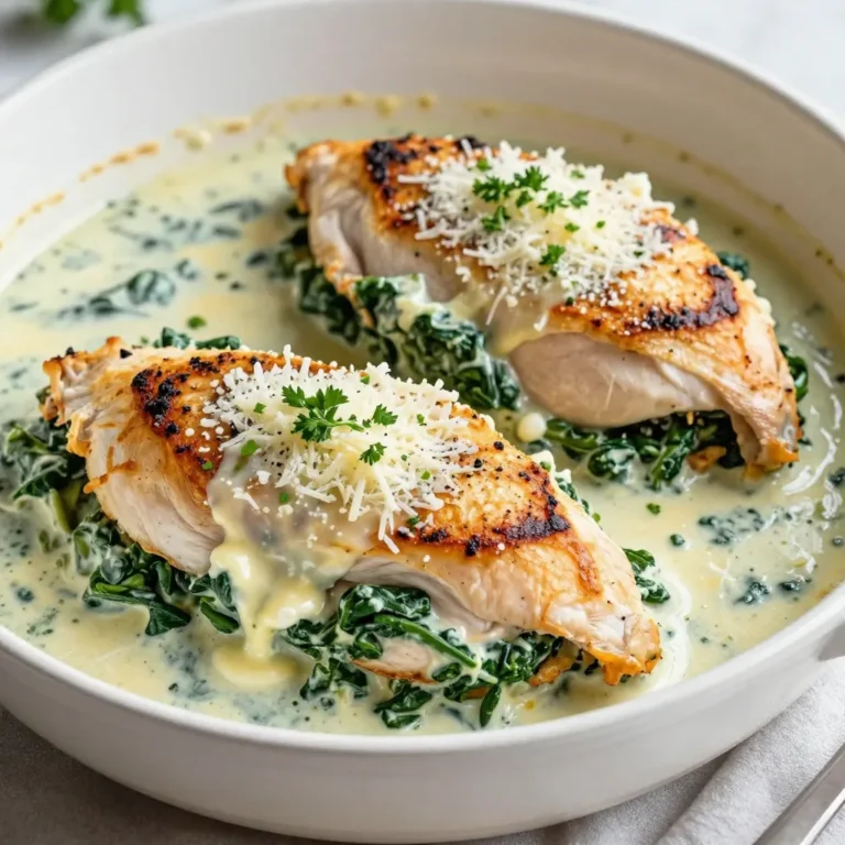- 4 boneless, skinless chicken breasts - 1 cup fresh spinach, chopped - 1 cup cream cheese, softened - 1/2 cup shredded mozzarella cheese - 1/4 cup grated Parmesan cheese - 2 cloves garlic, minced - 1 teaspoon onion powder - 1/2 teaspoon salt - 1/4 teaspoon black pepper - 1/4 teaspoon red pepper flakes (optional for heat) - 2 tablespoons olive oil These ingredients come together to create a rich, creamy filling. The chicken breasts serve as the perfect vessel for the spinach and cheese mix. The garlic and spices really enhance the flavors. - Fresh parsley - Extra Parmesan Garnishing with fresh parsley adds a nice pop of color. Extra Parmesan gives an extra flavor boost. These small touches elevate the dish’s look and taste. You can get creative with garnishes, too! {{ingredient_image_1}} First, grab a medium bowl. In it, mix together the following ingredients: - 1 cup fresh spinach, chopped - 1 cup cream cheese, softened - 1/2 cup shredded mozzarella cheese - 1/4 cup grated Parmesan cheese - 2 cloves garlic, minced - 1 teaspoon onion powder - 1/2 teaspoon salt - 1/4 teaspoon black pepper - 1/4 teaspoon red pepper flakes (optional for heat) Stir everything until it's well combined. The mixture should be creamy and smooth, with the spinach nicely distributed. This filling gives the chicken a rich and tasty flavor. Now, it’s time for the chicken. Take your 4 boneless, skinless chicken breasts. Use a sharp knife to carefully make a pocket in each breast. Slice them horizontally, but don’t cut all the way through. You want enough space to hold the filling. Next, take your creamy spinach mixture and stuff each chicken breast. Use a generous amount, but don’t overfill. If needed, secure the openings with toothpicks to keep the filling inside. Heat 2 tablespoons of olive oil in a large oven-safe skillet over medium heat. Once the oil is hot, gently add the stuffed chicken breasts. Sear each side for about 3-4 minutes, or until they turn golden brown. This step builds flavor and gives a nice crust. After searing, transfer the skillet to a preheated oven at 375°F (190°C). Bake the chicken for 20-25 minutes, until it reaches an internal temperature of 165°F (75°C). Once done, take the skillet out of the oven. Let the chicken rest for about 5 minutes before removing any toothpicks. Now your creamy spinach stuffed chicken is ready to enjoy! To get a golden crust on your creamy spinach stuffed chicken, start by searing it in a hot skillet. This locks in moisture and flavor. Use medium heat and add olive oil. Sear each side for about 3 to 4 minutes until you see a nice golden color. Then, bake the chicken in the oven. The right internal temperature for chicken is 165°F (75°C). Use a meat thermometer to check. This ensures your chicken is safe to eat and perfectly juicy. You can vary the seasonings for a unique twist. Try adding a pinch of nutmeg or a dash of lemon zest. These flavors brighten the dish. Fresh herbs, like basil or thyme, can also enhance taste. Chop them finely and mix them into the filling. This adds freshness and depth to your meal. Plating your creamy spinach stuffed chicken can elevate the dish. Slice the chicken into thick pieces to show off the filling. Arrange it on a colorful plate. Garnish with fresh parsley for a pop of color. For extra flavor, drizzle a sauce over the chicken. A simple balsamic reduction or a garlic cream sauce works great. This adds both taste and a beautiful finish to your dish. Pro Tips Use Fresh Spinach: Fresh spinach will provide better flavor and texture compared to frozen. Be sure to wash and chop it just before using. Seal the Chicken: After stuffing the chicken, you can use kitchen twine instead of toothpicks for a more secure seal and a better presentation. Let It Rest: Allow the stuffed chicken to rest for a few minutes after baking. This helps the juices redistribute, ensuring moist and flavorful meat. Experiment with Cheese: Feel free to mix different cheeses into the stuffing, such as feta or cream cheese, for a unique flavor twist. {{image_2}} You can change the cream cheese in this dish. Try using ricotta cheese for a lighter taste. Greek yogurt works too, giving a nice tang. These swaps keep the creamy texture while adding a new flavor. For cheeses, consider using feta for a salty kick. Cheddar cheese adds a nice sharpness. If you love a smoky taste, smoked gouda is a fun choice. Mixing different cheeses can create a unique filling. If you want low-carb or keto options, skip the cream cheese. Use a mix of cottage cheese and spinach for a tasty filling. You can also use almond flour instead of breadcrumbs if you want a crunchy topping. For gluten-free diets, make sure to check your seasonings. Some spices may have gluten. Use fresh herbs and safe spices to keep your dish gluten-free. This way, everyone can enjoy the meal. Want to spice things up? Add diced jalapeños or chopped green chilies to the filling. This adds a nice heat without overpowering the dish. You can also use crushed red pepper flakes for a subtle kick. Try adding other vegetables too. Chopped bell peppers or mushrooms blend well with spinach. This not only boosts flavor but also adds more nutrition. Feel free to mix in what you have on hand. Store any leftover creamy spinach stuffed chicken in the fridge. Place the chicken in an airtight container. This keeps the chicken fresh and safe to eat. You can keep it for up to three days. If you want to keep it longer, consider freezing it. To freeze the chicken, let it cool first. Wrap each piece in plastic wrap. Then, place the wrapped chicken in a freezer-safe bag or container. Make sure to remove as much air as you can. This helps prevent freezer burn. When you're ready to eat, thaw the chicken in the fridge overnight. Reheat it in the oven at 350°F (175°C) until hot. This keeps the chicken juicy and tasty. For best quality, use the chicken within three months if frozen. Always check for signs of spoilage before eating. If the chicken smells bad or has a strange color, it is time to throw it away. Follow these tips to enjoy your creamy spinach stuffed chicken at its best! You can serve several great side dishes with creamy spinach stuffed chicken. Some tasty options include: - Steamed rice: White or brown rice pairs well. - Roasted potatoes: Crispy potatoes add texture. - Mixed veggies: Lightly sautéed or steamed vegetables are fresh and healthy. - Caesar salad: A crisp salad adds a nice crunch. For sauces or dips, consider: - Garlic aioli: It enhances the chicken's flavor. - Tomato sauce: A rich sauce complements the dish well. Yes, you can make creamy spinach stuffed chicken ahead of time. Meal prep can save you time during busy nights. You can prepare it up to 24 hours in advance. Just stuff the chicken and keep it in the fridge. This way, it’s ready to cook when you are. You can get creative with the fillings in stuffed chicken. Here are some ideas for alternative fillings: - Sun-dried tomatoes and feta: A Mediterranean twist. - Mushrooms and Swiss cheese: Earthy flavors that blend nicely. - Pesto and mozzarella: For a fresh, herby flavor. Think about flavor combinations that excite you. Mixing cheeses and veggies can lead to wonderful new dishes. This blog post explored how to make creamy spinach stuffed chicken. We covered ingredients, preparation, cooking methods, and tips for great taste. You learned about variations and storage options to help you enjoy this dish later. This recipe is not only simple but also flexible. You can swap ingredients and adjust flavors easily. I encourage you to try it out and make it your own. Happy cooking!