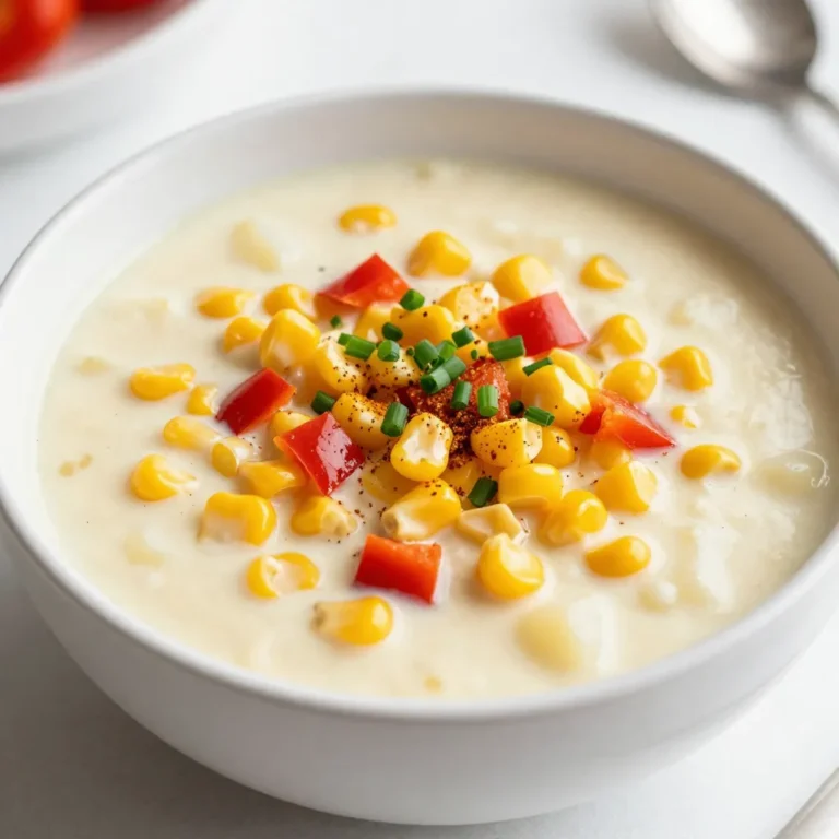 For the base of this chowder, you will need fresh corn. Here’s what you need: - 4 cups fresh corn kernels (about 6-8 ears of corn) - 1 medium onion, diced - 2 cloves garlic, minced - 2 medium potatoes, peeled and diced - 1 red bell pepper, diced Fresh corn adds a sweet and crunchy bite. The onion and garlic give it depth. Potatoes thicken the chowder, while red bell pepper adds vibrant color. These ingredients are key to making the chowder creamy and full of flavor: - 4 cups vegetable broth - 1 cup heavy cream or coconut milk - 1 teaspoon smoked paprika - 1 tablespoon fresh thyme (or 1 teaspoon dried thyme) - Salt and pepper to taste - 2 tablespoons olive oil Vegetable broth is a great base. You can choose heavy cream for richness or coconut milk for a lighter option. Smoked paprika brings a warm flavor that ties everything together. To make your chowder look and taste even better, consider these garnishes: - 1/4 cup fresh chives, chopped Chives add a fresh, onion-like crunch to your chowder. They make each bowl pop with color and flavor. You can also experiment with other herbs or crispy toppings. {{ingredient_image_1}} First, heat the olive oil in a large pot over medium heat. I like to add the diced onion right away. Cook it for about 3 to 4 minutes. The onion should turn soft and clear. Next, add the minced garlic and diced red bell pepper. Cook these for another 2 to 3 minutes. You want to smell the garlic and pepper. This mix gives the chowder a great start. Now it’s time to add the diced potatoes, fresh corn kernels, and the vegetable broth. Pour everything into the pot. Bring the mixture to a boil, then reduce the heat to a simmer. Add in the smoked paprika and thyme for flavor. Cover the pot and let it cook for about 15 to 20 minutes. You want the potatoes to be tender, which means they are ready. After the potatoes are tender, use an immersion blender to blend the soup. Blend it until you reach the texture you like. Some prefer it smooth, while others enjoy a few chunks. Once blended, stir in the heavy cream or coconut milk. Taste the chowder and add salt and pepper as you like. Heat it through for another 5 minutes. When ready, serve the chowder hot and sprinkle fresh chives on top for a nice finish. Enjoy! To get the best texture in your sweet corn chowder, blend it just right. I like to use an immersion blender. This tool lets you control how smooth or chunky the chowder gets. Blend until you see a nice mix of smoothness and some corn pieces. If you don’t have an immersion blender, you can scoop some soup into a regular blender. Just remember to leave some chunks for that great texture. Flavor can make or break your chowder. Start by cooking the onions and garlic in olive oil until soft. This brings out their natural sweetness. Adding smoked paprika gives a subtle smoky taste. Fresh thyme adds a nice earthiness too. Don’t forget to taste as you go! Adjust salt and pepper to balance the flavors. A squeeze of lemon juice at the end can brighten the dish even more. Serving your chowder can be just as fun as making it! Ladle it into bowls and add a sprinkle of fresh chives on top. They add a nice color and flavor. You can also serve it with crusty bread or crackers on the side. If you want to impress guests, add a drizzle of olive oil or a dollop of sour cream. Enjoy your chowder warm, as it is the best way to savor its comforting goodness. Pro Tips Use Fresh Corn: Fresh corn enhances the sweetness and flavor of the chowder. If possible, use corn that has been recently harvested for the best results. Blend to Preference: Adjust the texture of your chowder by blending it to your desired consistency. For a creamier soup, blend completely; for a chunkier texture, blend only half. Add a Kick: For spice lovers, consider adding a pinch of cayenne pepper or a dash of hot sauce when seasoning. This will give your chowder a delightful heat that complements the sweetness of the corn. Garnish Creatively: Elevate the presentation by garnishing with crispy bacon bits or a dollop of sour cream in addition to the chives. It adds texture and an extra layer of flavor. {{image_2}} You can make a vegan sweet corn chowder by using coconut milk. Simply swap the heavy cream for one cup of coconut milk. This gives your chowder a rich, creamy taste without dairy. The coconut milk adds a hint of sweetness that pairs well with the corn. You can follow the same recipe steps, and you'll have a delicious vegan dish. If you love a chunky chowder, keep some corn kernels and potatoes intact. When you blend the chowder, only mix half of it. This way, you keep some whole pieces for texture. You can also add diced vegetables like carrots or zucchini for extra bite. Just make sure to adjust cooking times to ensure all veggies cook evenly. To make your sweet corn chowder heartier, add protein like bacon or chicken. For bacon, cook it in the pot before adding the onion. Let the bacon crisp up and then remove it. Use the bacon fat to sauté the onion and pepper. For chicken, add cooked, shredded chicken to the chowder before serving. It makes the chowder filling and boosts flavor. To keep your sweet corn chowder fresh, store it in an airtight container. Let it cool first, then cover it tightly. It will stay good in the fridge for about 3 to 4 days. If you want to enjoy it later, consider freezing it instead. Freezing sweet corn chowder is a great way to save it for later. First, allow it to cool completely. Then, pour the chowder into freezer-safe bags or containers. Leave some space at the top for expansion. It can last for about 2 to 3 months in the freezer. When you're ready to eat, just thaw it in the fridge overnight. Reheating sweet corn chowder is simple. You can use the stove or microwave. If using the stove, pour the chowder into a pot over low heat. Stir often until it’s hot. In the microwave, place the chowder in a bowl and cover it. Heat it for 1-2 minutes, then stir and check if it's hot enough. Always check the temperature before serving. Yes, you can use frozen corn. It saves time and still tastes great. Just add it directly to the pot with the other ingredients. Frozen corn is picked at peak ripeness, so it works well in chowder. Sweet Corn Chowder lasts about 4 to 5 days in the fridge. Store it in an airtight container to keep it fresh. Always check for any off smells before you eat it. If it looks or smells strange, throw it out. You can use coconut milk for a dairy-free option. It adds a nice creaminess without the dairy. You can also use half-and-half or whole milk if you prefer. Just know that the chowder may be a bit less rich. You can make a delicious Sweet Corn Chowder with fresh corn and simple pantry items. Start by cooking the base, then add corn and broth. Blend and finish with your favorite touches. Use tips to get the perfect texture and flavors. Consider variations like a vegan chowder or adding protein. Store it well to enjoy later, and remember that frozen corn works too. Follow these steps for a comforting dish that your family will love. Enjoy your cooking!