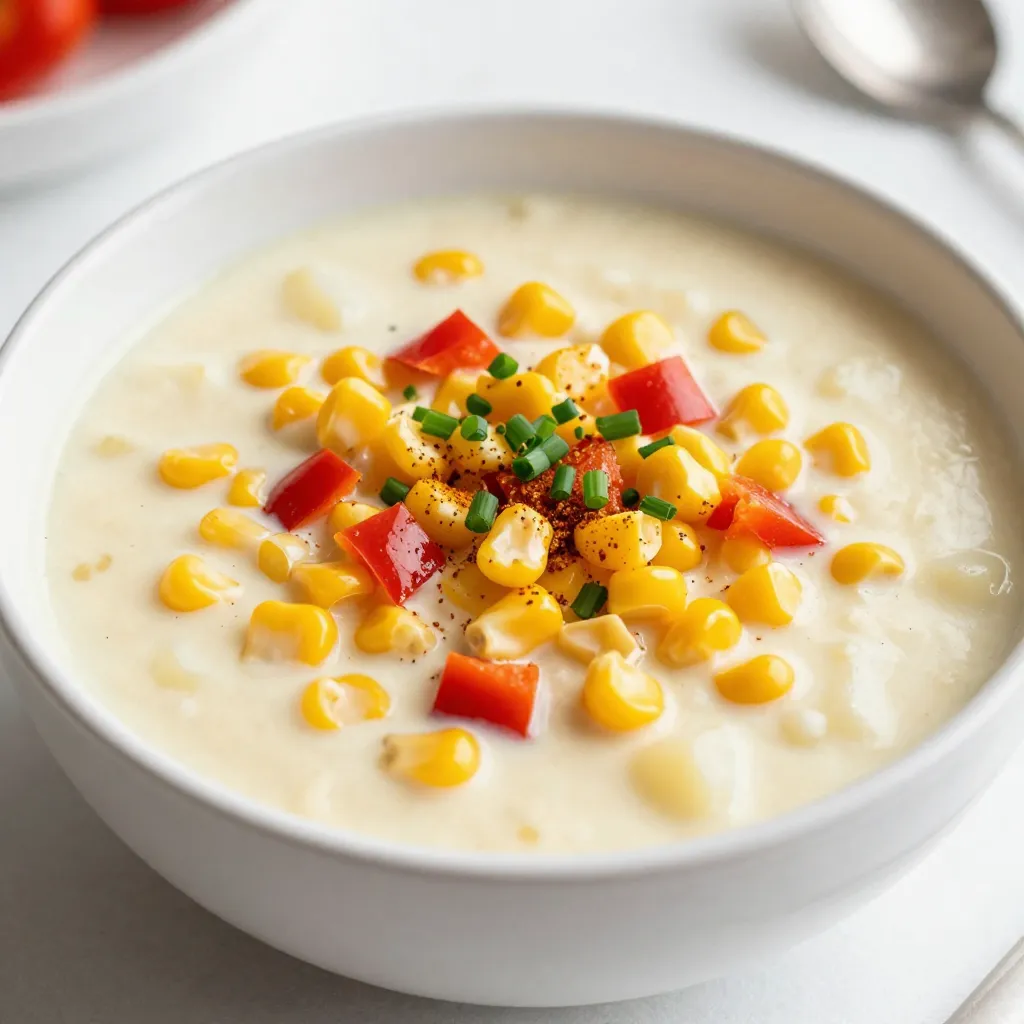 For the base of this chowder, you will need fresh corn. Here’s what you need: - 4 cups fresh corn kernels (about 6-8 ears of corn) - 1 medium onion, diced - 2 cloves garlic, minced - 2 medium potatoes, peeled and diced - 1 red bell pepper, diced Fresh corn adds a sweet and crunchy bite. The onion and garlic give it depth. Potatoes thicken the chowder, while red bell pepper adds vibrant color. These ingredients are key to making the chowder creamy and full of flavor: - 4 cups vegetable broth - 1 cup heavy cream or coconut milk - 1 teaspoon smoked paprika - 1 tablespoon fresh thyme (or 1 teaspoon dried thyme) - Salt and pepper to taste - 2 tablespoons olive oil Vegetable broth is a great base. You can choose heavy cream for richness or coconut milk for a lighter option. Smoked paprika brings a warm flavor that ties everything together. To make your chowder look and taste even better, consider these garnishes: - 1/4 cup fresh chives, chopped Chives add a fresh, onion-like crunch to your chowder. They make each bowl pop with color and flavor. You can also experiment with other herbs or crispy toppings. {{ingredient_image_1}} First, heat the olive oil in a large pot over medium heat. I like to add the diced onion right away. Cook it for about 3 to 4 minutes. The onion should turn soft and clear. Next, add the minced garlic and diced red bell pepper. Cook these for another 2 to 3 minutes. You want to smell the garlic and pepper. This mix gives the chowder a great start. Now it’s time to add the diced potatoes, fresh corn kernels, and the vegetable broth. Pour everything into the pot. Bring the mixture to a boil, then reduce the heat to a simmer. Add in the smoked paprika and thyme for flavor. Cover the pot and let it cook for about 15 to 20 minutes. You want the potatoes to be tender, which means they are ready. After the potatoes are tender, use an immersion blender to blend the soup. Blend it until you reach the texture you like. Some prefer it smooth, while others enjoy a few chunks. Once blended, stir in the heavy cream or coconut milk. Taste the chowder and add salt and pepper as you like. Heat it through for another 5 minutes. When ready, serve the chowder hot and sprinkle fresh chives on top for a nice finish. Enjoy! To get the best texture in your sweet corn chowder, blend it just right. I like to use an immersion blender. This tool lets you control how smooth or chunky the chowder gets. Blend until you see a nice mix of smoothness and some corn pieces. If you don’t have an immersion blender, you can scoop some soup into a regular blender. Just remember to leave some chunks for that great texture. Flavor can make or break your chowder. Start by cooking the onions and garlic in olive oil until soft. This brings out their natural sweetness. Adding smoked paprika gives a subtle smoky taste. Fresh thyme adds a nice earthiness too. Don’t forget to taste as you go! Adjust salt and pepper to balance the flavors. A squeeze of lemon juice at the end can brighten the dish even more. Serving your chowder can be just as fun as making it! Ladle it into bowls and add a sprinkle of fresh chives on top. They add a nice color and flavor. You can also serve it with crusty bread or crackers on the side. If you want to impress guests, add a drizzle of olive oil or a dollop of sour cream. Enjoy your chowder warm, as it is the best way to savor its comforting goodness. Pro Tips Use Fresh Corn: Fresh corn enhances the sweetness and flavor of the chowder. If possible, use corn that has been recently harvested for the best results. Blend to Preference: Adjust the texture of your chowder by blending it to your desired consistency. For a creamier soup, blend completely; for a chunkier texture, blend only half. Add a Kick: For spice lovers, consider adding a pinch of cayenne pepper or a dash of hot sauce when seasoning. This will give your chowder a delightful heat that complements the sweetness of the corn. Garnish Creatively: Elevate the presentation by garnishing with crispy bacon bits or a dollop of sour cream in addition to the chives. It adds texture and an extra layer of flavor. {{image_2}} You can make a vegan sweet corn chowder by using coconut milk. Simply swap the heavy cream for one cup of coconut milk. This gives your chowder a rich, creamy taste without dairy. The coconut milk adds a hint of sweetness that pairs well with the corn. You can follow the same recipe steps, and you'll have a delicious vegan dish. If you love a chunky chowder, keep some corn kernels and potatoes intact. When you blend the chowder, only mix half of it. This way, you keep some whole pieces for texture. You can also add diced vegetables like carrots or zucchini for extra bite. Just make sure to adjust cooking times to ensure all veggies cook evenly. To make your sweet corn chowder heartier, add protein like bacon or chicken. For bacon, cook it in the pot before adding the onion. Let the bacon crisp up and then remove it. Use the bacon fat to sauté the onion and pepper. For chicken, add cooked, shredded chicken to the chowder before serving. It makes the chowder filling and boosts flavor. To keep your sweet corn chowder fresh, store it in an airtight container. Let it cool first, then cover it tightly. It will stay good in the fridge for about 3 to 4 days. If you want to enjoy it later, consider freezing it instead. Freezing sweet corn chowder is a great way to save it for later. First, allow it to cool completely. Then, pour the chowder into freezer-safe bags or containers. Leave some space at the top for expansion. It can last for about 2 to 3 months in the freezer. When you're ready to eat, just thaw it in the fridge overnight. Reheating sweet corn chowder is simple. You can use the stove or microwave. If using the stove, pour the chowder into a pot over low heat. Stir often until it’s hot. In the microwave, place the chowder in a bowl and cover it. Heat it for 1-2 minutes, then stir and check if it's hot enough. Always check the temperature before serving. Yes, you can use frozen corn. It saves time and still tastes great. Just add it directly to the pot with the other ingredients. Frozen corn is picked at peak ripeness, so it works well in chowder. Sweet Corn Chowder lasts about 4 to 5 days in the fridge. Store it in an airtight container to keep it fresh. Always check for any off smells before you eat it. If it looks or smells strange, throw it out. You can use coconut milk for a dairy-free option. It adds a nice creaminess without the dairy. You can also use half-and-half or whole milk if you prefer. Just know that the chowder may be a bit less rich. You can make a delicious Sweet Corn Chowder with fresh corn and simple pantry items. Start by cooking the base, then add corn and broth. Blend and finish with your favorite touches. Use tips to get the perfect texture and flavors. Consider variations like a vegan chowder or adding protein. Store it well to enjoy later, and remember that frozen corn works too. Follow these steps for a comforting dish that your family will love. Enjoy your cooking!