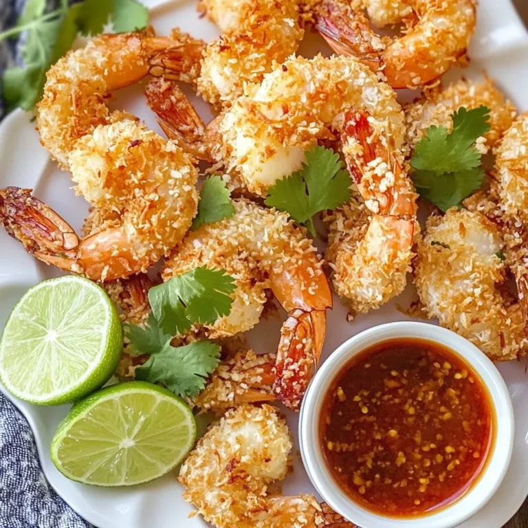 - 1 lb large shrimp, peeled and deveined - 1 cup unsweetened shredded coconut - 1/2 cup panko breadcrumbs - 1/2 cup all-purpose flour - 2 large eggs - 1 teaspoon garlic powder - 1 teaspoon paprika - Salt and pepper to taste - Cooking spray - Air fryer - Shallow bowls - Mixing spoons - Measuring cups and spoons To make the best air fryer coconut shrimp, gather all your ingredients first. Start with fresh, large shrimp that are peeled and deveined. This step saves time and ensures a clean bite. You’ll need unsweetened shredded coconut for the perfect sweet and nutty flavor. Avoid sweetened coconut, as it can make your dish too sugary. Panko breadcrumbs give a great crunch, while all-purpose flour helps the coating stick. For the coating process, have two large eggs ready. Beat them in a bowl until they are smooth. The eggs help bind the coconut and breadcrumbs to the shrimp. To add flavor, garlic powder and paprika are key. They bring warmth and depth to your dish, making it more exciting. Lastly, don’t forget salt and pepper to taste. These simple seasonings enhance all the flavors. Make sure you have cooking spray too. It helps achieve a crispy crust in the air fryer without adding too much oil. Now that you have everything, you’re set to create a crunchy and flavorful shrimp delight! {{ingredient_image_1}} - Preheat your air fryer to 400°F (200°C) for 5 minutes. - While it heats, prepare the shrimp. Make sure they are peeled and deveined. - In a shallow bowl, mix flour, garlic powder, paprika, salt, and pepper. - In another bowl, beat the two eggs until mixed well. - In a third bowl, combine the shredded coconut and panko breadcrumbs. - Take each shrimp and coat it first in the flour mixture. Shake off any extra. - Next, dip the floured shrimp into the egg wash to coat fully. - Finally, roll the shrimp in the coconut-panko mix. Press gently so it sticks. - After coating all the shrimp, spray them lightly with cooking spray for extra crunch. - Place the shrimp in a single layer in the air fryer basket. Leave space between each piece. - Air fry at 400°F (200°C) for 8-10 minutes. Flip halfway through for even cooking. To get the best crunch, always use unsweetened coconut. Sweetened coconut can make your shrimp too sweet. The unsweetened version gives a nice contrast to the savory shrimp. For extra crunch, try layering your coatings. First, coat the shrimp in flour, then dip in eggs. Lastly, roll them in a mix of shredded coconut and panko breadcrumbs. Press down gently to help the coating stick. This method really helps achieve that perfect, crispy texture. When cooking shrimp, size matters. If you use smaller shrimp, reduce the cooking time. Cook smaller shrimp for about 6-8 minutes. For larger shrimp, stick to the 8-10 minutes. Always check for a golden brown color and crispiness. If your air fryer seems to cook unevenly, try shaking the basket halfway through. This helps all the shrimp cook evenly. If you find some shrimp undercooked, just pop them back in for another minute or two. Adjusting these small details can lead to much better results. Pro Tips Use Fresh Shrimp: Opt for fresh or high-quality frozen shrimp for the best flavor and texture. Don’t Overcrowd the Basket: Air fry in batches to ensure even cooking and maximum crispiness. Experiment with Seasonings: Feel free to add your favorite spices to the flour mixture for extra flavor. Pair with Dipping Sauce: Serve with a zesty dipping sauce to enhance the tropical flavor of the coconut shrimp. {{image_2}} You can boost the flavor of your coconut shrimp easily. Here are some fun ideas: - Adding spices to the flour mixture: Mix in a pinch of cayenne for heat. Or try adding some cumin for a warm, earthy taste. A bit of lemon zest adds a fresh note. - Using different types of breadcrumbs: Instead of panko, try crushed cornflakes or seasoned breadcrumbs. This changes the crunch and adds new flavors. Pairing your coconut shrimp with tasty dips makes it even better. Here are some great options: - Pairing with dips and sauces: Sweet chili sauce is a classic choice. Mango salsa adds a fruity twist. You can also try a spicy aioli for some zing. - Side dishes that complement coconut shrimp: Serve with a fresh salad or coleslaw for crunch. Coconut rice pairs well and makes a lovely meal. Grilled veggies also add color and flavor to your plate. To keep your cooked shrimp fresh, follow these simple steps: - Let the shrimp cool to room temperature. - Place the shrimp in an airtight container. - Store it in the fridge for up to 3 days. - For longer storage, freeze the shrimp. - Use a freezer-safe bag or container. - The shrimp will last for up to 3 months in the freezer. When you want to enjoy them again, make sure to properly thaw the shrimp in the fridge overnight. This keeps the texture nice. For the best taste when reheating, use these methods: Air Fryer: - Preheat your air fryer to 350°F (175°C). - Place the shrimp in a single layer in the basket. - Reheat for 3-5 minutes, checking to avoid overcooking. Oven: - Preheat your oven to 350°F (175°C). - Spread the shrimp on a baking sheet. - Heat for about 10 minutes, flipping halfway through. These methods keep your shrimp crispy and tasty. Avoid using the microwave, as it can make the shrimp soggy. Enjoy your flavorful delight! Yes, you can use frozen shrimp. Just remember to thaw them first. The best way to thaw shrimp is to place them in the fridge overnight. If you're in a hurry, you can run cold water over them for about 15-20 minutes. After thawing, pat them dry with paper towels. This helps the coating stick better. Be sure to remove any excess moisture before you coat them. To make this recipe gluten-free, swap out the all-purpose flour and panko breadcrumbs. Use gluten-free flour instead of regular flour. For breadcrumbs, look for gluten-free panko or crush gluten-free crackers. Both options give you that same crispy texture. Always check labels to ensure products are gluten-free. Great dips can really enhance your coconut shrimp. Here are some tasty options: - Sweet chili sauce: This adds a nice kick. - Mango salsa: Fresh and fruity, it pairs well. - Coconut curry sauce: For a unique twist, try this. - Spicy aioli: A creamy option with a bit of heat. Try these dips to make your meal even more enjoyable! This blog covered a simple coconut shrimp recipe with all the important steps. We looked at the ingredients needed, tools, cooking tips, and storage methods. Making crispy coconut shrimp in an air fryer is quick and fun. You can even change the flavor with spices or different dips. With the right tips, you’ll wow your family and friends. Try this recipe today and enjoy a tasty meal!