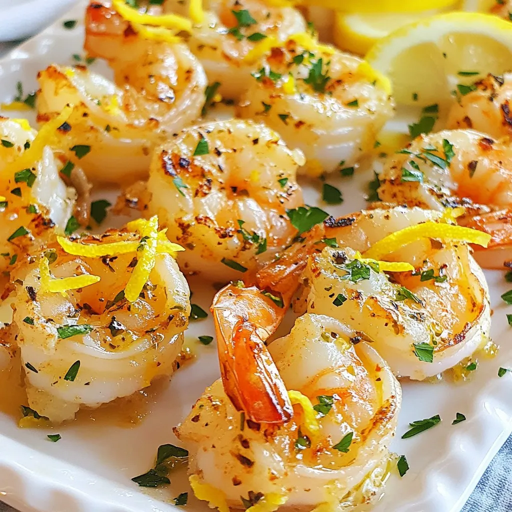 - 1 pound large shrimp, peeled and deveined - 4 tablespoons unsalted butter, melted - 4 cloves garlic, minced - Zest of 1 lemon - 2 tablespoons fresh lemon juice - 1 teaspoon paprika - 1 teaspoon dried parsley - Salt and pepper to taste - Wooden skewers (soaked in water for 30 minutes) In making Garlic Butter Lemon Shrimp Skewers, you need fresh and quality ingredients. Start with a pound of large shrimp. Make sure they are peeled and deveined for easy cooking. You will also need unsalted butter to create a rich flavor. Garlic adds a lovely aroma and taste. Use four cloves minced finely. The zest of one lemon brings a bright, fresh note. You will also need two tablespoons of fresh lemon juice to enhance the flavor. Paprika adds a nice touch of color and mild spice. You’ll need one teaspoon. Dried parsley boosts the flavor, so grab one teaspoon of that too. Finally, add salt and pepper to taste. Don’t forget the wooden skewers! Soak them in water for 30 minutes to prevent burning on the grill. These ingredients come together to create a dish that is not only tasty but also quick to prepare. {{ingredient_image_1}} Start by grabbing a small bowl. Add 4 tablespoons of melted butter. Then, toss in 4 cloves of minced garlic. Next, add the zest of one lemon and 2 tablespoons of fresh lemon juice. Sprinkle in 1 teaspoon of paprika and 1 teaspoon of dried parsley. Season with salt and pepper to taste. Mix well until all ingredients blend perfectly. This garlic butter mixture brings rich flavor to your shrimp. In a larger bowl, place 1 pound of peeled and deveined shrimp. Pour the garlic butter mixture over the shrimp. Use your hands to gently toss the shrimp. Make sure they are well coated in the flavorful sauce. Let the shrimp marinate for about 10 minutes. This allows the flavors to soak in deeply, making every bite delicious. Take wooden skewers that have soaked in water for 30 minutes. Thread about 4-5 shrimp onto each skewer. Leave a little space between each shrimp for even cooking. Preheat your grill or grill pan over medium-high heat. Once hot, place the skewers on the grill. Cook for about 2-3 minutes per side. You’ll know they’re done when the shrimp turn pink and opaque. Be careful not to overcook them! Once cooked, remove the skewers from the grill and let them rest for a minute before serving. Enjoy your shrimp skewers warm, drizzled with any leftover garlic butter sauce for an extra burst of flavor. When picking shrimp, look for large, firm ones. Fresh shrimp should have a clean smell, like the ocean. Avoid shrimp with dark spots or a strong fishy scent. If you buy frozen shrimp, check for frost. This frost means they may have been thawed and refrozen. Shrimp cook quickly, so timing is key. Cook them for only 2-3 minutes on each side. They will turn pink and opaque when done. Once they curl up, they are close to being overcooked. If you cook them too long, they will become rubbery and tough. Serve the shrimp skewers on a bright platter. Add lemon slices and fresh parsley for color. This makes the dish more appealing. Pair it with a crisp green salad or grilled veggies to complete your meal. Drizzle any leftover garlic butter over the shrimp for extra taste. Pro Tips Choose Fresh Shrimp: Opt for fresh, high-quality shrimp for the best flavor and texture. Check for a mild scent and firm flesh. Don't Overcrowd the Skewers: Leave space between shrimp on the skewers for even cooking and to ensure they grill properly. Watch the Cooking Time: Shrimp cook quickly; they turn pink and opaque in just a few minutes. Avoid overcooking to maintain tenderness. Extra Garlic Butter Drizzle: Save some garlic butter sauce for drizzling over the cooked skewers to enhance flavor and moisture. {{image_2}} If you want some heat, add red pepper flakes. Start with half a teaspoon. Mix it in with the garlic butter mixture. This gives the shrimp a nice kick. Adjust the spice level to your taste. You can always add more if you like it hot. Spicy shrimp skewers are great for summer barbecues or cozy dinners. Fresh herbs can change the flavor of your dish. Try adding fresh basil or cilantro to your garlic butter mix. Chop a tablespoon of either herb and stir it in. Basil offers a sweet, fragrant taste, while cilantro adds a fresh zing. Both herbs brighten up the shrimp and make it more colorful. Use what you like best or switch it up each time. You don’t have to stick with shrimp. Try scallops or firm fish like salmon. Both cook well on skewers. Just cut them into similar sizes to the shrimp. Adjust cooking time based on what you use. Scallops need about 2-3 minutes per side, while fish may need a bit longer. This way, you can enjoy different flavors and textures in your meals. You can keep leftover shrimp skewers in the fridge. Place them in an airtight container. They will stay fresh for up to three days. Make sure the shrimp are cool before sealing. This helps keep them safe to eat. To reheat, use a skillet on medium heat. Add a little butter or oil to the pan. Heat the skewers for about 2-3 minutes per side. You want the shrimp to be warm, not overcooked. You can also use a microwave. Heat on low for about 30 seconds, checking often. If you want to save them longer, freezing is a good option. Wrap the skewers tightly in plastic wrap. Then, place them in a freezer bag. They can last up to two months in the freezer. To enjoy, thaw them in the fridge overnight before reheating. Yes, you can use frozen shrimp. Just make sure to thaw them first. Place them in cold water for about 15-20 minutes. Once thawed, peel and devein them if needed. Frozen shrimp work well in this recipe. They will still soak up all the garlic and lemon flavors. Cook shrimp on skewers for 2-3 minutes per side. The shrimp should turn pink and opaque when done. Avoid overcooking them, as this can make them tough. Keep an eye on them while they grill. The timing may vary based on your grill's heat. Serve the skewers with a fresh green salad or grilled vegetables. Rice or quinoa also pairs well. For a refreshing touch, add lemon slices and fresh parsley to the plate. This adds color and flavor to your meal. Enjoy your delicious shrimp skewers with friends or family for a fun dining experience. This post covered the key ingredients and simple steps for making garlic butter lemon shrimp skewers. We discussed how to choose fresh shrimp, avoid overcooking, and present your dish nicely. Variations, like adding spice or different seafood, keep it exciting. Lastly, proper storage ensures you enjoy your skewers later. With these tips, you can create a tasty meal that impresses. Follow these steps, and enjoy delicious shrimp every time. Your cooking will shine!