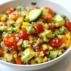 - 1 cup quinoa - 1 cup cherry tomatoes, halved - 1 bell pepper (red or yellow), diced - 1 cup corn (fresh or frozen) - 1 avocado, diced - 1/2 cup red onion, finely chopped - 1 cup fresh cilantro, chopped - 1 lime, juiced - 3 tablespoons olive oil - Salt and pepper to taste In this salad, quinoa is the star. It's a great grain that packs a punch of protein. You start with one cup of rinsed quinoa. This step rinses away any bitterness. You need two cups of water or vegetable broth to cook it. The broth adds flavor to the quinoa. Next, let’s gather fresh vegetables. You’ll need one cup of cherry tomatoes. Halve them for bite-sized pieces. Choose either a red or yellow bell pepper. Dice it into small chunks, adding color and crunch. Corn, whether fresh or frozen, adds sweetness and texture. You want one whole cup. Now, the avocado is a must. One diced avocado makes the salad creamy and rich. Use half a cup of finely chopped red onion for a slight bite. Finally, grab a whole cup of fresh cilantro. It adds that zesty kick. For the dressing, you need one lime. Juice it to bring brightness. Combine this with three tablespoons of olive oil. Add salt and pepper to taste; this balances all the flavors. Each ingredient works together to create a refreshing, zesty salad that you’ll love. {{ingredient_image_1}} To start, bring 2 cups of water or vegetable broth to a boil in a medium saucepan. Once it boils, add 1 cup of rinsed quinoa. Reduce the heat to low, cover, and cook for about 15 minutes. The quinoa is done when it is fluffy and the liquid is absorbed. After cooking, remove it from the heat and let it cool for a few minutes. Use a fork to fluff the quinoa gently. This makes it light and airy. While the quinoa cooks, chop your vegetables. I suggest using a sharp knife for easy cutting. Dice the bell pepper and chop the red onion finely. Halve the cherry tomatoes and dice the avocado. For the fresh cilantro, give it a rough chop. Take a large mixing bowl and combine all the chopped vegetables. This colorful mix adds freshness to your salad. In a small bowl, whisk together the lime juice and olive oil. I find that a fork works well for this. Add salt and pepper to taste. If you like a stronger lime flavor, feel free to add more juice. Whisking well ensures the dressing is mixed evenly. Taste it to check if the balance is right for you. Once the quinoa has cooled, add it to the bowl with the vegetables. Pour the dressing over the salad. Gently toss everything together to coat the quinoa and veggies in the dressing. If you think it needs more salt or pepper, now is the time to adjust. Let the salad sit for about 15 minutes. This helps all the flavors blend nicely before serving. Enjoy the vibrant colors and flavors! To avoid undercooked quinoa, always rinse it first. This removes the bitter coating. Cook it in boiling water or broth for the best flavor. Use a ratio of 1 cup quinoa to 2 cups water or broth. Simmer it for about 15 minutes. Once the liquid is gone, remove it from heat. Let it sit covered for 5 minutes. This keeps it fluffy. For fluffiness, use a fork to fluff the quinoa after it cools. This separates the grains and helps it stay light. To boost flavor, add herbs like parsley or mint. You can also mix in spices like cumin or paprika for depth. For a kick, try adding chopped jalapeños or red pepper flakes. This can make your salad exciting! This salad pairs well with grilled chicken or fish. It also makes a great base for tacos. For presentation, serve it in a large bowl and top with extra cilantro. You can also layer it in jars for a fun, portable option. Pro Tips Rinse Your Quinoa: Always rinse quinoa under cold water before cooking to remove its natural coating, saponin, which can give it a bitter taste. Customize Your Veggies: Feel free to swap out vegetables based on your preference or seasonal availability for a unique twist each time. Let It Rest: Allow the salad to sit for at least 15 minutes before serving to enhance the flavors as they meld together. Perfect Avocado: To keep your avocado fresh and vibrant, add it just before serving to prevent browning. {{image_2}} You can change the base of your salad. Instead of quinoa, try rice or bulgur. Each swap adds a different taste and texture. Rice brings a soft bite, while bulgur offers a nutty flavor. You can also switch up the veggies. Use zucchini or carrots for added crunch. They blend well with the fresh flavors of the salad. This salad is easy to adapt for different diets. It fits both vegan and gluten-free needs. Just ensure the broth is veggie-based and check labels. To boost protein, add chickpeas or black beans. They mix well and make the salad heartier. Change your salad with the seasons! In summer, add cucumbers and sweet peppers. They keep it cool and refreshing. For winter, consider roasted vegetables like squash or Brussels sprouts. Roasting brings out their sweetness and warmth. These changes keep your meals exciting all year long! For storing leftovers, use airtight containers. Glass or plastic containers work well. Make sure the salad has cooled before sealing. Place it in the fridge within two hours after making it. This helps keep it fresh and safe to eat. In the refrigerator, your salad lasts about three to five days. Always check for signs of spoilage. If you see brown or mushy vegetables, it’s time to toss it. A sour smell also means it’s no longer good to eat. You can freeze the salad, but it may change texture. Avoid freezing the avocado as it can become mushy. To freeze, store in a freezer-safe container. When you’re ready to eat, thaw it in the fridge overnight. Serve it cold or at room temperature for the best taste. Quinoa is a grain-like seed packed with protein. It is gluten-free, making it great for many diets. Quinoa has all nine essential amino acids. This helps build muscles and repair cells. It also has fiber, which aids digestion. Plus, it is rich in vitamins and minerals. Eating quinoa can help keep you full and satisfied. Yes, you can make this salad ahead of time. It stays fresh for a couple of days. Just store it in an airtight container in the fridge. The flavors taste even better after sitting. However, add avocado just before serving to keep it fresh. Cilantro Lime Quinoa Salad lasts about 3 to 4 days in the fridge. After that, the veggies may become soggy. Always check for any off smells or slimy textures before eating. If it looks or smells bad, throw it out. Absolutely! Adding protein can make this salad heartier. You can use grilled chicken, shrimp, or beans. Tofu is also a great option for a plant-based choice. This adds flavor and keeps you full longer. This salad pairs well with many sides. Try serving it with grilled meats or fish. It also goes great with tortilla chips and salsa. For a light meal, serve it with a fruit salad. These sides complement the flavors and make a vibrant meal. This article covered how to create a delicious Cilantro Lime Quinoa Salad. We went through the key ingredients, cooking methods, and tips for perfecting the dish. You learned how to pick the right veggies and dress them for great flavor. Consider the different variations and storage options to keep leftovers fresh. I hope you feel ready to try this salad and make it your own! Enjoy your cooking adventure!