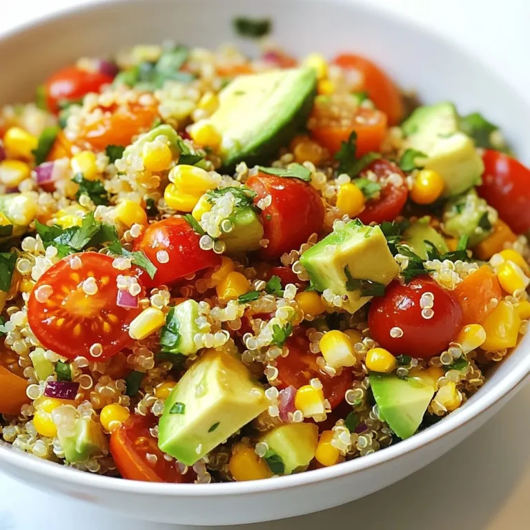 - 1 cup quinoa - 1 cup cherry tomatoes, halved - 1 bell pepper (red or yellow), diced - 1 cup corn (fresh or frozen) - 1 avocado, diced - 1/2 cup red onion, finely chopped - 1 cup fresh cilantro, chopped - 1 lime, juiced - 3 tablespoons olive oil - Salt and pepper to taste In this salad, quinoa is the star. It's a great grain that packs a punch of protein. You start with one cup of rinsed quinoa. This step rinses away any bitterness. You need two cups of water or vegetable broth to cook it. The broth adds flavor to the quinoa. Next, let’s gather fresh vegetables. You’ll need one cup of cherry tomatoes. Halve them for bite-sized pieces. Choose either a red or yellow bell pepper. Dice it into small chunks, adding color and crunch. Corn, whether fresh or frozen, adds sweetness and texture. You want one whole cup. Now, the avocado is a must. One diced avocado makes the salad creamy and rich. Use half a cup of finely chopped red onion for a slight bite. Finally, grab a whole cup of fresh cilantro. It adds that zesty kick. For the dressing, you need one lime. Juice it to bring brightness. Combine this with three tablespoons of olive oil. Add salt and pepper to taste; this balances all the flavors. Each ingredient works together to create a refreshing, zesty salad that you’ll love. {{ingredient_image_1}} To start, bring 2 cups of water or vegetable broth to a boil in a medium saucepan. Once it boils, add 1 cup of rinsed quinoa. Reduce the heat to low, cover, and cook for about 15 minutes. The quinoa is done when it is fluffy and the liquid is absorbed. After cooking, remove it from the heat and let it cool for a few minutes. Use a fork to fluff the quinoa gently. This makes it light and airy. While the quinoa cooks, chop your vegetables. I suggest using a sharp knife for easy cutting. Dice the bell pepper and chop the red onion finely. Halve the cherry tomatoes and dice the avocado. For the fresh cilantro, give it a rough chop. Take a large mixing bowl and combine all the chopped vegetables. This colorful mix adds freshness to your salad. In a small bowl, whisk together the lime juice and olive oil. I find that a fork works well for this. Add salt and pepper to taste. If you like a stronger lime flavor, feel free to add more juice. Whisking well ensures the dressing is mixed evenly. Taste it to check if the balance is right for you. Once the quinoa has cooled, add it to the bowl with the vegetables. Pour the dressing over the salad. Gently toss everything together to coat the quinoa and veggies in the dressing. If you think it needs more salt or pepper, now is the time to adjust. Let the salad sit for about 15 minutes. This helps all the flavors blend nicely before serving. Enjoy the vibrant colors and flavors! To avoid undercooked quinoa, always rinse it first. This removes the bitter coating. Cook it in boiling water or broth for the best flavor. Use a ratio of 1 cup quinoa to 2 cups water or broth. Simmer it for about 15 minutes. Once the liquid is gone, remove it from heat. Let it sit covered for 5 minutes. This keeps it fluffy. For fluffiness, use a fork to fluff the quinoa after it cools. This separates the grains and helps it stay light. To boost flavor, add herbs like parsley or mint. You can also mix in spices like cumin or paprika for depth. For a kick, try adding chopped jalapeños or red pepper flakes. This can make your salad exciting! This salad pairs well with grilled chicken or fish. It also makes a great base for tacos. For presentation, serve it in a large bowl and top with extra cilantro. You can also layer it in jars for a fun, portable option. Pro Tips Rinse Your Quinoa: Always rinse quinoa under cold water before cooking to remove its natural coating, saponin, which can give it a bitter taste. Customize Your Veggies: Feel free to swap out vegetables based on your preference or seasonal availability for a unique twist each time. Let It Rest: Allow the salad to sit for at least 15 minutes before serving to enhance the flavors as they meld together. Perfect Avocado: To keep your avocado fresh and vibrant, add it just before serving to prevent browning. {{image_2}} You can change the base of your salad. Instead of quinoa, try rice or bulgur. Each swap adds a different taste and texture. Rice brings a soft bite, while bulgur offers a nutty flavor. You can also switch up the veggies. Use zucchini or carrots for added crunch. They blend well with the fresh flavors of the salad. This salad is easy to adapt for different diets. It fits both vegan and gluten-free needs. Just ensure the broth is veggie-based and check labels. To boost protein, add chickpeas or black beans. They mix well and make the salad heartier. Change your salad with the seasons! In summer, add cucumbers and sweet peppers. They keep it cool and refreshing. For winter, consider roasted vegetables like squash or Brussels sprouts. Roasting brings out their sweetness and warmth. These changes keep your meals exciting all year long! For storing leftovers, use airtight containers. Glass or plastic containers work well. Make sure the salad has cooled before sealing. Place it in the fridge within two hours after making it. This helps keep it fresh and safe to eat. In the refrigerator, your salad lasts about three to five days. Always check for signs of spoilage. If you see brown or mushy vegetables, it’s time to toss it. A sour smell also means it’s no longer good to eat. You can freeze the salad, but it may change texture. Avoid freezing the avocado as it can become mushy. To freeze, store in a freezer-safe container. When you’re ready to eat, thaw it in the fridge overnight. Serve it cold or at room temperature for the best taste. Quinoa is a grain-like seed packed with protein. It is gluten-free, making it great for many diets. Quinoa has all nine essential amino acids. This helps build muscles and repair cells. It also has fiber, which aids digestion. Plus, it is rich in vitamins and minerals. Eating quinoa can help keep you full and satisfied. Yes, you can make this salad ahead of time. It stays fresh for a couple of days. Just store it in an airtight container in the fridge. The flavors taste even better after sitting. However, add avocado just before serving to keep it fresh. Cilantro Lime Quinoa Salad lasts about 3 to 4 days in the fridge. After that, the veggies may become soggy. Always check for any off smells or slimy textures before eating. If it looks or smells bad, throw it out. Absolutely! Adding protein can make this salad heartier. You can use grilled chicken, shrimp, or beans. Tofu is also a great option for a plant-based choice. This adds flavor and keeps you full longer. This salad pairs well with many sides. Try serving it with grilled meats or fish. It also goes great with tortilla chips and salsa. For a light meal, serve it with a fruit salad. These sides complement the flavors and make a vibrant meal. This article covered how to create a delicious Cilantro Lime Quinoa Salad. We went through the key ingredients, cooking methods, and tips for perfecting the dish. You learned how to pick the right veggies and dress them for great flavor. Consider the different variations and storage options to keep leftovers fresh. I hope you feel ready to try this salad and make it your own! Enjoy your cooking adventure!