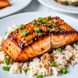 - 4 salmon fillets (6 oz each) - 1/4 cup honey - 3 cloves garlic, minced - 2 tablespoons soy sauce (low sodium) - 1 tablespoon Dijon mustard - 1 tablespoon fresh ginger, grated - 2 tablespoons olive oil - Salt and pepper to taste - 2 green onions, chopped (for garnish) - Sesame seeds (for garnish) To make honey garlic glazed salmon, you need fresh ingredients. The salmon fillets are key for flavor and texture. Honey gives sweetness, while garlic adds depth. Soy sauce brings saltiness, and Dijon mustard adds a nice tang. Fresh ginger adds warmth and spice. Olive oil is best for cooking the salmon. Don't forget salt and pepper to season. For garnishing, use chopped green onions and sesame seeds. These add color and crunch to the dish. Use high-quality ingredients for the best results. Fresh salmon will make your dish shine. Make sure your honey is pure. Fresh garlic and ginger will enhance the flavors. Gather all your ingredients before starting. This makes cooking smoother and faster. You can even prep some ingredients ahead of time. This way, you will enjoy cooking more and worry less. {{ingredient_image_1}} To start, you need to mix the honey garlic marinade. In a small bowl, whisk together these ingredients: - 1/4 cup honey - 3 cloves garlic, minced - 2 tablespoons soy sauce - 1 tablespoon Dijon mustard - 1 tablespoon fresh ginger, grated Mix until smooth. The right ratios matter. Too much honey makes it sweet. Too much soy sauce makes it salty. Finding balance is key for great flavor. Next, heat the skillet. Add 2 tablespoons of olive oil over medium heat. Wait until it shimmers. This means it’s hot enough. While the pan heats, season your salmon fillets with salt and pepper on both sides. Then, place them skin-side down in the skillet. Cook for about 4 to 5 minutes. You want the skin crispy and golden. To achieve crispy skin, avoid moving the salmon too much. Let it sear well. After 4 to 5 minutes, carefully flip the salmon. Pour the honey garlic mixture over the fillets. Baste the salmon with this sauce as it cooks. This helps the glaze stick. Cook for another 4 to 5 minutes until it flakes easily. To ensure perfect doneness, check the salmon. It should be opaque and flake with a fork. Remove it from heat. Drizzle any remaining sauce over the top. For garnishing, use chopped green onions and sesame seeds. This adds color and extra flavor. Enjoy your delicious honey garlic glazed salmon! Using fresh ingredients makes a big difference. Fresh salmon has a better taste than frozen. Choose high-quality honey for a rich sweetness. You can adjust the sweetness by adding more or less honey. If you want more saltiness, add a bit more soy sauce. This balance gives the dish depth. I prefer pan-searing the salmon. It gives a nice crispy skin. Start cooking on medium heat to prevent burning. Watch the time carefully; overcooking makes the fish dry. Flip the salmon gently to keep it intact. Use a spatula to help if needed. Plating is important for a gourmet look. Serve the salmon on a bed of steamed rice. Add some sautéed vegetables for color and crunch. Drizzle extra sauce on the plate for flair. Scatter green onions and sesame seeds on top for a beautiful finish. Pro Tips Fresh Ingredients: Use fresh salmon and high-quality honey for the best flavor. Fresh garlic and ginger will enhance the taste of the glaze significantly. Skin-Side Down: Always start cooking the salmon skin-side down. This helps achieve a crispy skin and prevents the fish from sticking to the skillet. Glaze Techniques: For a thicker glaze, allow the sauce to simmer for a few extra minutes after adding it to the salmon. This will intensify the flavors and create a beautiful finish. Resting Time: Let the salmon rest for a couple of minutes after cooking. This allows the juices to redistribute, making the fish more tender and flavorful. {{image_2}} You can switch up the fish in this recipe. Try using trout or tilapia instead of salmon. These options work well with the honey garlic glaze too. If you prefer other proteins, chicken or shrimp can also shine in this dish. If you run out of honey, you can use maple syrup as a sweet substitute. It adds a nice flavor twist. For soy sauce, tamari is a great gluten-free option. You can also try coconut aminos for a lighter taste. To make this dish your own, add spices or herbs. A pinch of red pepper flakes can add a nice kick. Fresh herbs like cilantro or parsley can brighten the dish and add color. You can also incorporate citrus to enhance the flavor. Squeeze some fresh lemon or lime juice over the salmon before serving. For a spicier version, try adding a dash of hot sauce to the glaze. This gives the dish a fun twist and makes it even more exciting. To keep your honey garlic glazed salmon fresh, start by cooling it to room temperature. Place it in an airtight container. Store it in the fridge for up to three days. Make sure to separate the salmon from the sauce if possible. This helps keep the fish firm and tasty. If you want to save it longer, freeze the salmon. Wrap each fillet in plastic wrap, then place it in a freezer bag. It can last in the freezer for up to three months. When you’re ready to eat it, just thaw it in the fridge overnight. To reheat your salmon, use the oven for the best texture. Preheat it to 350°F (175°C). Place the salmon on a baking sheet and cover it with foil. Heat for about 10-15 minutes, until warm. You can also use the microwave, but be careful. Heat it on low power in short bursts to prevent it from becoming soggy. Check it often as it warms. Enjoy your flavorful leftovers without losing that delicious glaze! Cooking time depends on the thickness of the salmon fillet. A 6 oz fillet takes about 8-10 minutes total. Cook it for 4-5 minutes on the skin side first. Then, flip it and cook for another 4-5 minutes. Thicker fish takes longer, while thinner cuts cook faster. Always check if it flakes easily with a fork. This dish pairs well with many sides. Here are some great options: - Steamed rice - Quinoa - Sautéed vegetables - Mixed greens salad - Mashed potatoes - Roasted sweet potatoes These sides add color and balance to your meal. They also soak up the honey garlic sauce well. Yes, you can prepare this dish ahead of time. Cook the salmon and let it cool. Store it in an airtight container in the fridge for up to two days. You can also make the honey garlic sauce in advance. Just keep it in the fridge until you're ready to use it. When you're ready to eat, reheat the salmon gently in a pan. This keeps it nice and moist. This blog post guides you through a tasty honey garlic salmon recipe. We covered key ingredients, from salmon to seasoning. I shared steps for mixing the marinade, cooking techniques, and adding final touches. You learned tips for flavor and presentation, plus variations for different tastes. To wrap it up, enjoy your cooking, get creative with flavors, and savor your dish. You’ll impress everyone with your skills. Happy cooking!