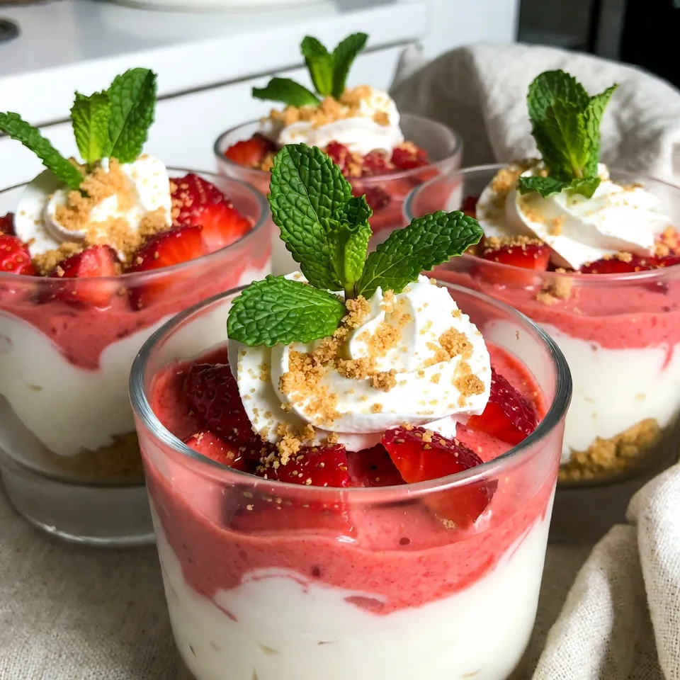 To make a great strawberry cheesecake mousse, you need fresh ingredients. Here’s what you will need: - 1 cup fresh strawberries, hulled and sliced - 2 tablespoons granulated sugar (divided) - 1 cup cream cheese, softened - 1 cup heavy cream - 1 teaspoon vanilla extract - 1 tablespoon lemon juice - 1/2 cup powdered sugar - Fresh mint leaves for garnish (optional) Using fresh strawberries is key for flavor. They add brightness and sweetness. The cream cheese gives a rich texture. Heavy cream adds volume and lightness to the mousse. You will also need some common kitchen items to prepare this dessert. Make sure you have: - Mixing bowls - Electric mixer or whisk - Rubber spatula - Measuring cups and spoons - Serving glasses or bowls These tools help you mix and blend the ingredients smoothly. They ensure your mousse comes out light and fluffy. If you want to get creative, consider these garnishes and substitutes: - Fresh mint leaves for a pop of color - Extra sliced strawberries for decoration - Crushed graham crackers for a crunchy topping You can swap out the strawberries for other fruits, like blueberries or raspberries, if you like. Each fruit brings a unique taste to the mousse. {{ingredient_image_1}} Start by taking your fresh strawberries. Hull and slice them into small pieces. Place these strawberries in a small bowl. Add 1 tablespoon of granulated sugar to the bowl. Toss the strawberries gently so they are well-coated. Let them sit for about 15 minutes. This allows the sugar to draw out their juices. The strawberries will taste sweeter and more flavorful. Next, grab a mixing bowl and add your softened cream cheese. Beat it with the remaining 1 tablespoon of granulated sugar. Mix until the cream cheese becomes smooth and creamy. This step is key for a nice texture. You want it to blend well without any lumps. This base will hold all the flavors of your mousse. In another bowl, pour your heavy cream. Whip it on medium speed until soft peaks form. You will see the cream thickening. Gradually add in the powdered sugar, vanilla extract, and lemon juice. Keep whipping until stiff peaks form. This means the cream holds its shape well. This whipped cream adds lightness to your mousse. Now, it’s time to combine everything. Gently fold the whipped cream into the cream cheese mixture. Be careful while folding; you want to keep it airy. Then, fold in the macerated strawberries along with their juices. This adds flavor and color. Don’t overmix! Leave some strawberry pieces intact for texture. Once mixed, spoon or pipe the mousse into serving glasses or bowls. This makes for a lovely presentation. Place the filled glasses in the refrigerator to chill. Let them sit for at least 2 hours to set. This step is important for the mousse to thicken. Just before serving, add fresh mint leaves and extra strawberry slices on top. This not only looks nice but adds a fresh taste. Enjoy your delightful and simple treat! To get the best texture for your mousse, use cold heavy cream. Start whipping it until soft peaks form. This gives the mousse a light and airy feel. When you mix the cream cheese, whisk until very smooth. This step is key to avoid lumps in your mousse. Gently fold the whipped cream into the cream cheese mixture. Be careful not to overmix; this keeps the mousse fluffy. One common mistake is not letting strawberries sit long enough. They need time to macerate with sugar. If you skip this step, the mousse may taste bland. Also, be cautious not to overwhip the cream. If you whip it too much, it can turn grainy. Lastly, avoid mixing the strawberries too hard into the mousse. You want to see some pieces for texture. Timing is important for a great mousse. Chill the mousse for at least 2 hours. This helps it set properly. If you can wait longer, let it chill overnight. This will deepen the flavors. When garnishing just before serving, use fresh mint and strawberry slices. This adds a nice touch and extra flavor. Pro Tips Choose Ripe Strawberries: Look for bright red strawberries that are firm and fragrant for the best flavor in your mousse. Chill Your Mixing Bowls: For an extra fluffy whipped cream, chill your mixing bowl and beaters before whipping the cream. Use Fresh Ingredients: Always opt for fresh cream cheese and heavy cream for a richer and creamier texture in your mousse. Layering for Presentation: Layer the mousse and strawberries in your serving glasses for a beautiful visual effect that enhances the dessert's appeal. {{image_2}} You can make a no-bake version of this mousse. It keeps things easy and quick. Just follow the same steps, but skip the oven. You'll get a creamy texture without the heat. This method works great if you want a cold treat on a hot day. To make a vegan version, swap the cream cheese and heavy cream. Use cashew cream and coconut cream instead. Blend soaked cashews with a bit of water for a creamy base. Add maple syrup or agave for sweetness. The flavors will still shine through with fresh strawberries. You can mix in other flavors too. Try adding some lemon zest for extra zing. You can also use different fruits like blueberries or raspberries. If you want a crunch, sprinkle some crushed graham crackers on top. Don't be afraid to get creative! Store any leftover strawberry cheesecake mousse in an airtight container. This keeps it fresh and prevents it from absorbing other smells. Place it in the fridge right after serving. Avoid letting it sit out for too long. Cover the top with plastic wrap if you don’t have a lid. This helps keep the texture smooth. You can keep the mousse in the fridge for up to three days. After that, the texture and taste may change. Always check for any signs of spoilage before eating. If the mousse looks or smells off, it’s best to toss it. Remember, fresh is always best for flavor and enjoyment. You can freeze strawberry cheesecake mousse if you want to save some for later. Use a freezer-safe container or freezer bags. Make sure to leave some space for the mousse to expand. It can stay good for about one month in the freezer. When ready to eat, thaw it in the fridge overnight. Whip it gently again if it loses some texture. Enjoy your treat whenever you want! To make your mousse firmer, you can add more cream cheese. Make sure it is well softened. Another option is to whip the heavy cream longer. This helps create more air, giving it a firmer texture. You can also chill the mousse for a longer time. Letting it sit overnight helps it set well. Yes, you can use frozen strawberries. Just remember to thaw them before use. Drain any excess juice to avoid a watery mousse. Frozen strawberries may not be as firm, but they still add great flavor. You might want to add a bit more sugar if they taste less sweet. Mousse is light and airy, while cheesecake is dense and creamy. Mousse uses whipped cream to create volume. Cheesecake typically uses cream cheese as the main base. Mousse can be served chilled, while cheesecake is often baked. Both desserts are tasty, but they offer different textures. Serve the mousse in clear glasses for a pretty display. Layer the mousse with strawberries and whipped cream. Add a sprinkle of crushed graham crackers for a cheesecake vibe. You can also top with mint leaves for color. This makes your dessert look fancy and inviting. Yes, you can prepare the mousse a day before your event. Just store it in the fridge until you are ready to serve. This helps the flavors blend nicely. If you want to add garnishes, do it just before serving. This keeps everything fresh and bright. This blog post covered how to make Strawberry Cheesecake Mousse. We explored fresh ingredients, essential staples, and optional garnishes. I shared step-by-step instructions for each part of the recipe and offered tips for the best texture. We also looked at tasty variations and storage tips. In conclusion, making this dessert can be fun and easy. You can customize it to fit your taste. Now, gather your ingredients and get started on this delightful treat!