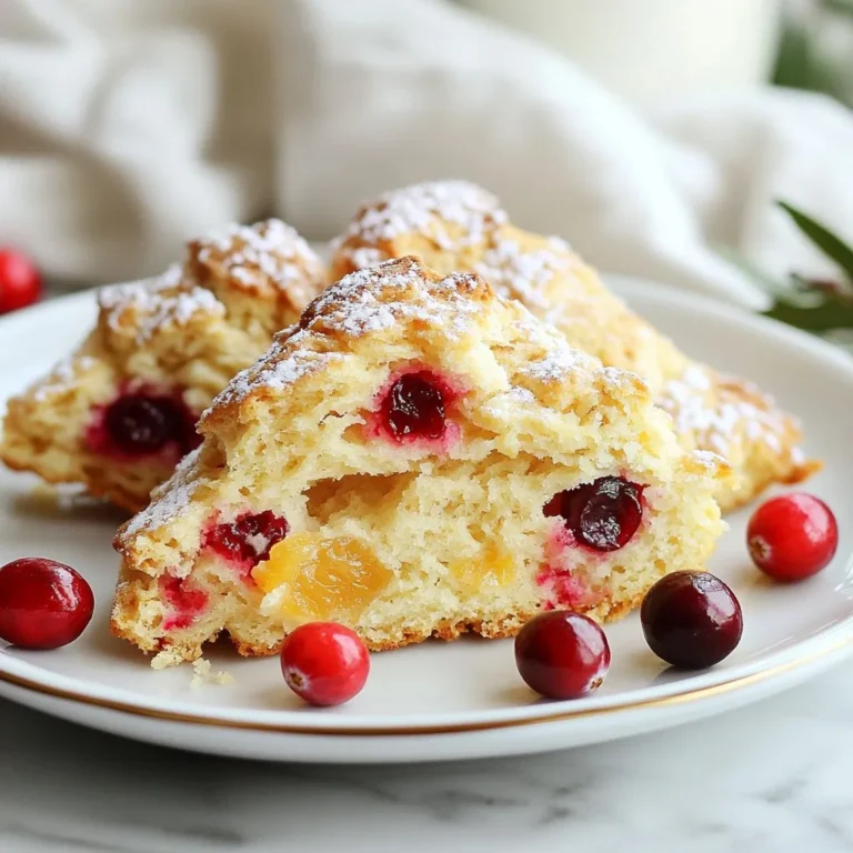 Making cranberry orange scones is simple when you have the right ingredients. Here’s what you need: - 2 cups all-purpose flour - 1/2 cup granulated sugar - 1 tablespoon baking powder - 1/2 teaspoon salt - 1/2 cup cold unsalted butter, cubed - 1/2 cup fresh cranberries, chopped - Zest of 1 orange - 1/2 cup buttermilk - 1 large egg - 1 teaspoon vanilla extract - 1 tablespoon orange juice - Turbinado sugar for topping (optional) Each ingredient plays a key role. The flour gives structure, while sugar adds sweetness. Baking powder helps the scones rise. Salt enhances flavor, making everything taste better. Cold butter is crucial for flaky texture. Fresh cranberries provide a tart burst, and orange zest brightens the scone’s flavor. Buttermilk adds moisture and richness, while the egg binds everything together. Vanilla and orange juice round out the taste. Lastly, turbinado sugar can add a lovely crunch on top. Gather all these ingredients before you start. This makes the process smooth and fun! {{ingredient_image_1}} First, set your oven to 400°F (200°C). This is the perfect heat for baking scones. Line a baking sheet with parchment paper. This helps the scones not stick. In a large bowl, mix 2 cups of all-purpose flour, 1/2 cup of granulated sugar, 1 tablespoon of baking powder, and 1/2 teaspoon of salt. Whisk these dry ingredients until they are well combined. This step is key for even flavor. Now, take 1/2 cup of cold, cubed unsalted butter. Add this to your flour mix. Use a pastry cutter or your fingers to blend until it looks like coarse crumbs. This gives the scones a flaky texture. Next, stir in 1/2 cup of chopped fresh cranberries and the zest from 1 orange. Mix gently, so you don’t crush the berries. The cranberries add a tart kick, and the zest brings bright flavor. In a separate bowl, whisk together 1/2 cup of buttermilk, 1 large egg, 1 teaspoon of vanilla extract, and 1 tablespoon of orange juice. Make sure everything is mixed well. This wet mix binds the dough and adds moisture. Pour the wet mix into the dry mix. Stir until just combined. The dough should feel slightly sticky. Turn it out onto a floured surface. Knead it gently a few times, then pat it into a circle about 1 inch thick. Cut the dough into 8 wedges or use a round cutter for fun shapes. Place the scones on the prepared baking sheet. If you want, sprinkle a bit of turbinado sugar on top for a sweet crunch. Bake in your preheated oven for 15-20 minutes. They should be golden on top when done. Let them cool on a wire rack before serving. Enjoy your delicious cranberry orange scones! To get fluffy scones, keep the butter cold. Cold butter creates pockets of steam. This steam helps the scones rise. Use a pastry cutter or your fingers to blend the butter. Mix until it looks like coarse crumbs. Don’t overmix the dough. This keeps the scones light and airy. Having the right tools makes a big difference. Here’s what I recommend: - Mixing bowls: Use two bowls for wet and dry ingredients. - Pastry cutter: This helps mix the butter quickly. - Parchment paper: It prevents sticking on the baking sheet. - Baking sheet: A sturdy one ensures even baking. - Wire rack: This cools the scones evenly. Watch out for these common mistakes: - Using warm butter: It makes the scones dense. - Overmixing the dough: This leads to tough scones. - Skipping the chill: Let the dough rest for a few minutes if needed. - Not measuring ingredients: Accurate measurements matter for perfect scones. Pro Tips Chill the Butter: For the flakiest scones, make sure your butter is very cold. You can even freeze it for about 10 minutes before using it. Fresh Cranberries: If using fresh cranberries, make sure to chop them roughly and remove any that are soft or shriveled to maintain flavor and texture. Don't Overmix: When combining wet and dry ingredients, mix until just combined. Overmixing can lead to tough scones. Serving Suggestions: These scones pair wonderfully with clotted cream or a citrus glaze for an extra touch of flavor. {{image_2}} If you have dietary needs, you can still enjoy these scones. For a lactose-free option, use coconut or almond milk instead of buttermilk. You can also swap the butter for vegan margarine. If you need a gluten-free version, use a gluten-free flour blend. This will keep your scones light and tasty. Want to change things up? You can add chocolate chips or nuts to the mix. Dark chocolate pairs well with the tart cranberries. Try adding lemon zest for a bright twist. If you love spices, cinnamon or nutmeg can add warmth. Get creative, and make the recipe your own! To make gluten-free cranberry orange scones, use a gluten-free flour mix. Look for one that includes xanthan gum for the best texture. This will help the scones rise nicely. You can follow the same steps as the regular recipe. The taste will still be delightful, and everyone can enjoy them! To keep your leftover scones fresh, place them in an airtight container. This helps them stay soft and moist. You can store them at room temperature for up to two days. If you want to keep them longer, the fridge is a good choice. Just make sure to wrap them well to avoid drying out. Freezing is a great option for scones. First, let them cool completely after baking. Then, wrap each scone in plastic wrap. Place the wrapped scones in a freezer bag or container. They can last in the freezer for up to three months. When you are ready to enjoy them, you can thaw them overnight in the fridge. To reheat scones, preheat your oven to 350°F (175°C). Place the scones on a baking sheet. Heat them for about 10 minutes. This warms them up and brings back their crispy edges. You can also microwave them for about 15-20 seconds. Just be careful not to overheat. This can make them tough. Enjoy your warm scones with butter or jam! To make the scones less sweet, reduce the sugar. Use 1/4 cup instead of 1/2 cup. You can also add more orange zest for flavor. This helps balance the taste without extra sugar. Yes, you can use dried cranberries. Just chop them up before adding. Dried cranberries are sweeter, so adjust the sugar if needed. Soak them in warm water for 10 minutes for extra moisture. Cranberry orange scones pair well with clotted cream or butter. You can also add jam or honey. A cup of tea or coffee makes a great drink choice too! Scones stay fresh for about 2 days at room temperature. Store them in an airtight container. For longer storage, freeze them for up to 3 months. Just reheat before serving. Cranberry orange scones are simple to make and taste amazing. We covered the best ingredients and step-by-step instructions to ensure your success. I shared tips for light, fluffy scones and how to store leftovers. We also explored tasty variations and answered common questions. Now, you can enjoy these scones fresh from your oven with ease. Happy baking!