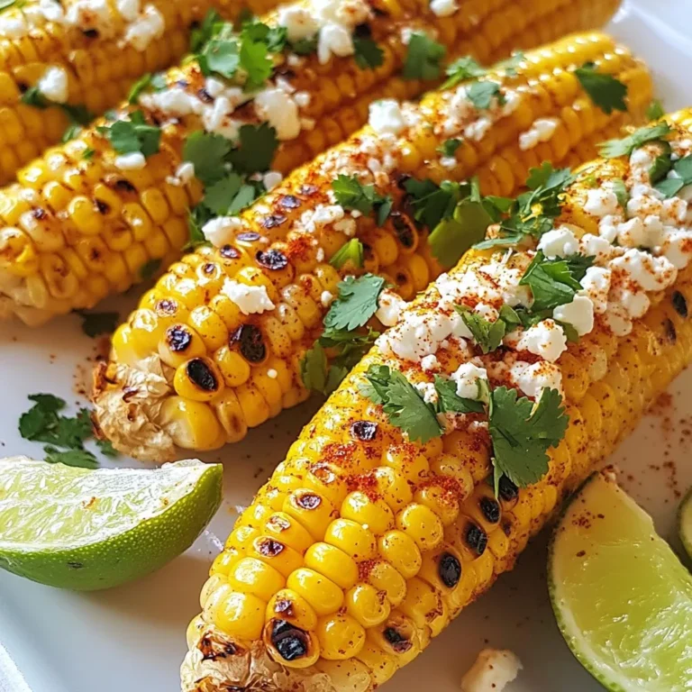 To make Chili Lime Grilled Corn on the Cob, you need a few simple ingredients. This recipe brings out the sweet and savory flavors of fresh corn. Here’s what you will need: - Fresh corn ears (4 husked) - Olive oil (2 tablespoons) - Chili powder (1 teaspoon) - Smoked paprika (1 teaspoon) - Zest of 1 lime - Fresh lime juice (2 tablespoons) - Salt and pepper (to taste) - Optional toppings: crumbled feta cheese (¼ cup) and chopped cilantro for garnish Each ingredient plays a key role in creating a tasty dish. Fresh corn adds sweetness, while olive oil helps with grilling. Chili powder and smoked paprika give a warm kick. The lime zest and juice add brightness and tang, making it refreshing. Don't forget to season with salt and pepper to enhance all the flavors. You can customize the dish with toppings like feta cheese for creaminess and cilantro for freshness. These extras make the corn even more special. Enjoy exploring these flavors! {{ingredient_image_1}} Preheating the grill is key. It helps the corn cook evenly. I recommend setting your grill to medium-high heat. This temperature ensures that the kernels get a nice char while cooking through. To make the marinade, gather a small bowl. Combine olive oil, chili powder, smoked paprika, lime zest, lime juice, salt, and pepper. Mix these ingredients well. This blend adds great flavor to your corn. Brush it on each ear of corn for a tasty treat. Grilling corn is fun and easy! Place the corn directly on the grill grates. Cook for about 10 to 12 minutes. Remember to turn the corn often. This helps it cook evenly. The kernels should be tender and slightly charred. Once done, take the corn off the grill and let it cool a bit. If you like, sprinkle feta cheese on top for extra flavor. Finally, add chopped cilantro for a fresh touch. Enjoy your delicious chili lime corn! To get those nice grill marks, keep the grill hot. Start with medium-high heat. Place the corn directly on the grates. Turn the corn every few minutes. This way, you avoid burning. Watch for charred spots; they add flavor. If you see dark spots, turn the corn more often. This helps cook it evenly. For extra flavor, think about adding garlic powder or cumin. You can also mix in cayenne for heat. If you want a tangy kick, try adding some lime zest. Fresh herbs like basil or chives can brighten the dish too. Each spice adds a unique twist. Mix and match to find your favorite blend. Serve the corn on a rustic wooden board. This adds charm to your meal. Add lime wedges on the side for squeezing. You can also sprinkle crumbled feta cheese on top. Fresh cilantro gives a pop of color. For a fun touch, use colorful skewers to hold the corn. This makes it easy to grab and enjoy! Pro Tips Pre-soak the Corn: Soaking the corn in water for about 30 minutes before grilling can help keep it moist and prevent burning. Experiment with Spices: Feel free to adjust the spices in the marinade or add your favorites like cumin or cayenne for extra heat. Use Fresh Herbs: Instead of just cilantro, try adding fresh basil or mint for a unique twist in flavor. Serve with Lime Wedges: Offering lime wedges on the side allows guests to add more brightness to their corn according to their taste. {{image_2}} You can change ingredients to suit your taste. Instead of chili powder, try paprika or cumin. These spices add unique flavors. For cheese, if you don’t have feta, use cotija or goat cheese. Both give a nice salty taste that pairs well with corn. If you don’t have a grill, you can roast corn in the oven. Preheat your oven to 400°F. Wrap the corn in foil with the marinade. Bake for about 20-25 minutes. You can also use a stovetop grill pan. Heat it over medium-high heat and cook the corn for 10-12 minutes. In summer, use fresh herbs like basil or dill. They add a bright taste. In fall, try adding pumpkin spice to the marinade for a warm, cozy flavor. You can also mix in seasonal veggies like bell peppers or zucchini for extra crunch and color. To store leftover grilled corn, let it cool first. Then, wrap each ear in plastic wrap. Place the wrapped corn in an airtight container. You can also store it in a resealable plastic bag. This keeps the corn fresh. It is best to refrigerate the corn. Use it within three to four days for the best taste. To reheat grilled corn, you have options. The best method is to use the grill. Place the corn on the grill for a few minutes. This warms it up and adds flavor. If you don’t have a grill, use a microwave. Wrap the corn in a damp paper towel. Heat it in short bursts until warm. This keeps the corn moist. Grilled corn can last in the fridge for about four days. If you freeze it, it can last for up to six months. However, freezing may change the texture. For the best taste, eat it fresh or within a few days. Always check for any signs of spoilage before eating. Yes, you can make Chili Lime Grilled Corn ahead. To do this, grill the corn as you usually would. Once it cools, wrap each ear in foil. This keeps it fresh and moist in the fridge for up to two days. When you're ready to serve, reheat the corn on the grill or in the oven at 350°F for about 10 minutes. This keeps the flavor strong and the corn tender. Chili Lime Grilled Corn pairs well with many dishes. Consider serving it with grilled meats like chicken or steak. It also complements tacos and burritos nicely. For a light meal, try it with a fresh salad. You can even serve it as a side with burgers. The bright lime flavor brings out the best in many foods. You can easily change the heat level of the corn. If you like it spicy, add more chili powder. For a milder flavor, use less. You can also mix in some cayenne pepper for extra heat. If you prefer a sweeter taste, try adding honey or brown sugar to the marinade. This balance of flavors makes the dish enjoyable for everyone. Chili lime grilled corn is a tasty dish that’s fun to make. We covered key ingredients, simple grilling techniques, and creative ideas for serving. Flavor tips and storage info help you enjoy it longer. Remember, you can swap ingredients based on your taste or what’s in season. Grilling is not just about cooking; it's about making memories. Try this recipe for your next barbecue; the results will delight everyone. Happy grilling!