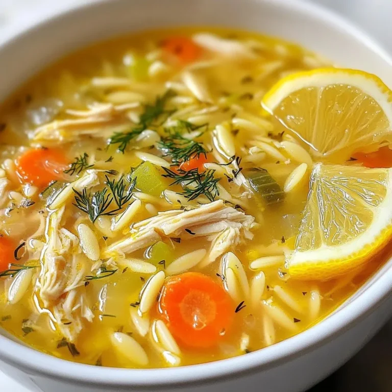 To make Greek lemon chicken soup, gather these ingredients: - 1 tablespoon olive oil - 1 medium onion, diced - 2 garlic cloves, minced - 2 medium carrots, diced - 2 celery stalks, diced - 1 pound chicken breast, cooked and shredded - 6 cups chicken broth - 1 cup orzo pasta - 2 large eggs - 1/4 cup fresh lemon juice (about 2 lemons) - 1 teaspoon dried oregano - Salt and pepper to taste - Fresh dill or parsley, for garnish You can swap some ingredients if needed. - Use vegetable broth instead of chicken broth for a vegan option. - Quinoa or rice can replace orzo pasta for a gluten-free choice. - If you lack fresh lemon, bottled lemon juice works, but fresh is better. - Any cooked chicken can be used, like rotisserie chicken or turkey. Fresh ingredients boost the soup's flavor and health. Use fresh lemons for zest and juice. Fresh herbs, like dill or parsley, add bright flavor and color. Fresh onions and garlic also enhance the taste. They make the soup feel comforting and rich. Plus, using fresh veggies means more nutrients for you. {{ingredient_image_1}} Start by heating 1 tablespoon of olive oil in a large pot over medium heat. Next, add 1 medium onion, diced finely. Sauté the onion for about 3 to 4 minutes until it turns translucent. This step builds a great flavor base. Stir in 2 minced garlic cloves, 2 diced medium carrots, and 2 diced celery stalks. Cook these veggies for about 5 minutes. You want them to soften a bit, creating a nice blend of tastes. Now it's time to add the main ingredients. Toss in 1 pound of shredded chicken breast and 6 cups of chicken broth. Bring the mixture to a boil. Once it reaches a boil, add in 1 cup of orzo pasta. Lower the heat to a simmer and cook for about 8 to 10 minutes. The orzo should become tender and soak up the flavors from the broth. In a separate bowl, whisk together 2 large eggs and 1/4 cup of fresh lemon juice. Mix until well combined. To avoid cooking the eggs too fast, you'll temper them. Gradually add a ladle of hot soup to the egg mixture while whisking. This step is key to keeping your soup creamy. Slowly stir this tempered mixture back into the pot, mixing continuously. Finally, season your soup with 1 teaspoon of dried oregano, salt, and pepper to taste. Let the soup sit for a couple of minutes before serving. To get that true Greek taste, use fresh lemon juice. The bright flavor makes a big difference. Fresh dill or parsley adds a nice touch at the end. Dried oregano is key; it gives the soup warmth and depth. Choose high-quality chicken broth for the best base. Curdling can ruin your soup. To avoid this, whisk the eggs and lemon juice well. Slowly mix in hot soup to the egg mix. This step is called tempering. Gradually add the tempered mixture back to the pot while stirring. This keeps the soup creamy and smooth. Presentation matters! Serve the soup hot in deep bowls. Garnish each bowl with freshly chopped dill or parsley. A lemon wedge on the side adds flair and extra flavor. This little touch makes the dish feel special and inviting. Pro Tips Use Fresh Ingredients: Fresh vegetables and herbs will enhance the flavor of your soup significantly, making it more vibrant and aromatic. Perfectly Cook the Orzo: To avoid mushy pasta, cook the orzo separately if you plan on storing leftovers and add it just before serving. Control the Creaminess: Adjust the amount of egg and lemon mixture to achieve your desired creaminess. More eggs will create a richer texture. Season Gradually: Always taste and season your soup in stages. Start with salt and pepper, and adjust as needed for the best flavor balance. {{image_2}} You can change this soup to fit your diet. For a gluten-free option, swap orzo for rice. If you want a lighter soup, use less chicken and add more broth. You can also use tofu or chickpeas instead of chicken for a plant-based meal. These swaps let everyone enjoy this soup. Each region in Greece has its own twist on lemon chicken soup. In some areas, people add more herbs like mint or basil for a fresh taste. Others may use different noodles or grains, like barley. You can get creative with spices, too. Adding saffron or cumin can make the soup unique. Boost the nutrition by adding more veggies. You can toss in spinach, kale, or zucchini for color and health. Peas or bell peppers can add sweetness and crunch. Adding vegetables not only makes the soup tastier, but it also makes it more filling. This way, you enjoy a comforting bowl while getting your vitamins! To keep Greek lemon chicken soup fresh, store it in an airtight container. Let the soup cool first. Once cooled, place it in the fridge. It stays good for about 3 to 4 days. For best taste, eat it within this time. You can freeze Greek lemon chicken soup. Use a freezer-safe container or a heavy-duty freezer bag. Make sure to leave some space at the top for expansion. The soup lasts up to 3 months in the freezer. Thaw it overnight in the fridge before reheating. Reheat the soup gently on the stove. Add a splash of broth or water to help it stay creamy. Stir often to prevent sticking. Heat until warm, but do not boil. If reheating from frozen, thaw it first, then follow the same steps. Enjoy the fresh flavors just like when you first made it! Greek Lemon Chicken Soup, also known as Avgolemono, is a warm and zesty dish. It combines tender chicken, bright lemon, and creamy egg for richness. The soup often features orzo pasta, which adds heartiness. You can enjoy it on a chilly day or when you need comfort. The flavors blend well, making each bite delightful. This soup is a staple in Greek homes, loved for its taste and warmth. Yes, you can use other types of pasta if you prefer. Small shapes like ditalini or acini di pepe work well too. Just keep an eye on cooking times. You want the pasta to stay tender but not mushy. If you choose a larger pasta, adjust the cooking time accordingly. The key is to maintain the soup's heartiness and texture. Greek Lemon Chicken Soup lasts about three to four days in the fridge. Store it in an airtight container to keep it fresh. If you notice changes in smell or color, it’s best to discard it. Reheat the soup gently on the stove or in the microwave. Remember, the pasta may soak up some broth over time. Add a splash of broth or water to restore the soup's consistency if needed. This blog post covered key ingredients, cooking steps, and helpful tips for making Greek lemon chicken soup. I shared ideas for substitutions and ways to add your own twist. Fresh ingredients enhance the flavor, while storing and reheating the soup is easy. These points can help you create great meals. Remember, cooking is about joy and sharing. Have fun experimenting, and enjoy your delicious soup!