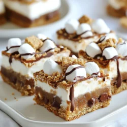 The ingredients for Gingerbread S'mores Bars are simple and fun to gather. Here’s what you will need: - 1 cup unsalted butter, softened - 3/4 cup brown sugar, packed - 1/2 cup granulated sugar - 2 large eggs - 1 teaspoon vanilla extract - 2 1/4 cups all-purpose flour - 1 tablespoon ground ginger - 1 tablespoon ground cinnamon - 1/2 teaspoon ground cloves - 1/2 teaspoon baking soda - 1/4 teaspoon salt - 1 cup graham cracker crumbs - 1 1/2 cups mini marshmallows - 1 cup semi-sweet chocolate chips - 1/2 cup white chocolate chips (optional) Each ingredient plays a key role. Butter gives the bars a rich flavor. The sugars add sweetness and help with texture. Eggs bind everything together. Flour provides structure, while spices bring warmth and depth. Graham cracker crumbs give that classic s'mores taste, and marshmallows and chocolate chips make the bars gooey and indulgent. You can even add white chocolate for extra sweetness if you like. {{ingredient_image_1}} 1. Preheat your oven to 350°F (175°C). Grease a 9x13-inch baking dish. Line it with parchment paper. Leave some overhang for easy lifting later. 2. In a large bowl, cream together the softened butter, brown sugar, and granulated sugar. Mix until the mixture is light and fluffy. 3. Add the eggs one at a time. Beat well after each egg. Stir in the vanilla extract for extra flavor. 1. In another bowl, whisk together the flour, ground ginger, ground cinnamon, ground cloves, baking soda, and salt. 2. Gradually add this dry mix to the wet ingredients. Mix until just combined. 3. Gently fold in the graham cracker crumbs. This adds a nice crunch to the bars. 1. Set aside about 1 cup of dough for the topping. Press the rest evenly into the bottom of the prepared dish. 2. Sprinkle the mini marshmallows and both types of chocolate chips over the pressed dough. 3. Crumble the reserved dough over the marshmallows and chocolate. This creates a lovely topping. 4. Bake in the preheated oven for 25-30 minutes. The edges should be golden and the center set. 5. Let the bars cool completely in the dish. This helps them firm up for cutting. Lift them out using the parchment overhang. Cut into squares to serve. How to achieve the best flavor To get the best flavor, use fresh spices. Ground ginger, cinnamon, and cloves add warmth. They create a rich taste that makes your bars special. I suggest using high-quality chocolate for a deeper flavor. Adjusting sweetness to preference You can easily adjust the sweetness. If you like it sweet, stick to the recipe. If you prefer less sweetness, reduce the brown sugar a bit. You can also add a pinch of salt to balance the flavors. Ensuring even baking For even baking, press the dough evenly in the pan. Make sure the edges are not thicker than the center. Rotate the pan halfway through baking for uniform heat. This helps your bars cook evenly and brown nicely. Presentation ideas Serve your bars warm for a gooey treat. Drizzle melted chocolate on top for a nice touch. A sprinkle of crushed graham crackers adds crunch and looks great. Pairing with drinks These bars pair well with cold milk. You can also serve them with hot cocoa. For adults, try pairing with coffee or spiced cider. Customizing for holidays To make them festive, add holiday spices like nutmeg. You can also use colored chocolate melts for decoration. Serve them during holiday parties for a fun twist on a classic treat. Pro Tips Use Room Temperature Ingredients: Ensure all your ingredients, especially the butter and eggs, are at room temperature for easier mixing and a better texture. Don’t Overmix the Dough: When combining the dry ingredients with the wet, mix just until combined to keep the bars tender and not tough. Customize Your Chocolate: Feel free to mix different types of chocolate chips or add in some nuts for extra flavor and texture. Let Them Cool Completely: Allow the bars to cool completely before cutting to ensure they hold their shape and are easier to serve. {{image_2}} You can change the flavor of your Gingerbread S'mores Bars in fun ways. Here are some ideas: - Using different spices: Try mixing in nutmeg or allspice for a warm twist. You can also use pumpkin spice for a fall vibe. - Adding nuts or dried fruits: Chopped pecans or walnuts add crunch. Dried cranberries or cherries give a sweet touch. - Swapping chocolate types: Use dark chocolate for a richer taste. You could also try milk chocolate for a sweeter bar. If you or your guests have dietary needs, you can adapt the recipe easily. - Gluten-free alternatives: Substitute all-purpose flour with a gluten-free blend. This keeps the texture nice and soft. - Vegan modifications: Use vegan butter and flax eggs instead of regular eggs. You can also find dairy-free chocolate chips to keep it vegan-friendly. Store your Gingerbread S'mores Bars in an airtight container. You can keep them at room temperature for up to three days. If you want to keep them longer, place them in the fridge. The cold helps maintain their texture and flavor. Just remember to let them come to room temperature before serving. This way, they taste just as good as when fresh. To freeze these bars, first, let them cool completely. Cut them into squares, then wrap each piece tightly in plastic wrap. Place the wrapped bars in a freezer bag or container. You can freeze them for up to three months. When you're ready to enjoy, take them out and thaw in the fridge overnight. For a warm treat, you can reheat them in the oven at 350°F for about 10 minutes. Enjoy the warm, gooey goodness! Can I make these ahead of time? Yes, you can make these bars ahead of time. Bake and let them cool. Store them in an airtight container. They stay fresh for up to four days. What can I substitute for eggs? You can use applesauce as an egg substitute. Use 1/4 cup of unsweetened applesauce for each egg. This keeps the bars moist. How long do leftovers last? Leftovers last for about four days at room temperature. Keep them in a sealed container. You can also refrigerate them to extend freshness. Can I use homemade gingerbread dough? Absolutely! Homemade gingerbread dough works great. Just ensure it is soft enough to spread. This adds a personal touch to your bars. This blog post covered the key steps to make delicious bars, from gathering ingredients to baking. You learned how to mix flavors and achieve the best texture. The tips inspired you to make them your own, while storage info keeps them fresh. Try different flavors or adjust for your diet. These bars bring joy to any occasion. Happy baking!