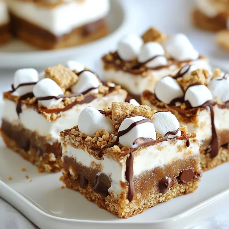 The ingredients for Gingerbread S'mores Bars are simple and fun to gather. Here’s what you will need: - 1 cup unsalted butter, softened - 3/4 cup brown sugar, packed - 1/2 cup granulated sugar - 2 large eggs - 1 teaspoon vanilla extract - 2 1/4 cups all-purpose flour - 1 tablespoon ground ginger - 1 tablespoon ground cinnamon - 1/2 teaspoon ground cloves - 1/2 teaspoon baking soda - 1/4 teaspoon salt - 1 cup graham cracker crumbs - 1 1/2 cups mini marshmallows - 1 cup semi-sweet chocolate chips - 1/2 cup white chocolate chips (optional) Each ingredient plays a key role. Butter gives the bars a rich flavor. The sugars add sweetness and help with texture. Eggs bind everything together. Flour provides structure, while spices bring warmth and depth. Graham cracker crumbs give that classic s'mores taste, and marshmallows and chocolate chips make the bars gooey and indulgent. You can even add white chocolate for extra sweetness if you like. {{ingredient_image_1}} 1. Preheat your oven to 350°F (175°C). Grease a 9x13-inch baking dish. Line it with parchment paper. Leave some overhang for easy lifting later. 2. In a large bowl, cream together the softened butter, brown sugar, and granulated sugar. Mix until the mixture is light and fluffy. 3. Add the eggs one at a time. Beat well after each egg. Stir in the vanilla extract for extra flavor. 1. In another bowl, whisk together the flour, ground ginger, ground cinnamon, ground cloves, baking soda, and salt. 2. Gradually add this dry mix to the wet ingredients. Mix until just combined. 3. Gently fold in the graham cracker crumbs. This adds a nice crunch to the bars. 1. Set aside about 1 cup of dough for the topping. Press the rest evenly into the bottom of the prepared dish. 2. Sprinkle the mini marshmallows and both types of chocolate chips over the pressed dough. 3. Crumble the reserved dough over the marshmallows and chocolate. This creates a lovely topping. 4. Bake in the preheated oven for 25-30 minutes. The edges should be golden and the center set. 5. Let the bars cool completely in the dish. This helps them firm up for cutting. Lift them out using the parchment overhang. Cut into squares to serve. How to achieve the best flavor To get the best flavor, use fresh spices. Ground ginger, cinnamon, and cloves add warmth. They create a rich taste that makes your bars special. I suggest using high-quality chocolate for a deeper flavor. Adjusting sweetness to preference You can easily adjust the sweetness. If you like it sweet, stick to the recipe. If you prefer less sweetness, reduce the brown sugar a bit. You can also add a pinch of salt to balance the flavors. Ensuring even baking For even baking, press the dough evenly in the pan. Make sure the edges are not thicker than the center. Rotate the pan halfway through baking for uniform heat. This helps your bars cook evenly and brown nicely. Presentation ideas Serve your bars warm for a gooey treat. Drizzle melted chocolate on top for a nice touch. A sprinkle of crushed graham crackers adds crunch and looks great. Pairing with drinks These bars pair well with cold milk. You can also serve them with hot cocoa. For adults, try pairing with coffee or spiced cider. Customizing for holidays To make them festive, add holiday spices like nutmeg. You can also use colored chocolate melts for decoration. Serve them during holiday parties for a fun twist on a classic treat. Pro Tips Use Room Temperature Ingredients: Ensure all your ingredients, especially the butter and eggs, are at room temperature for easier mixing and a better texture. Don’t Overmix the Dough: When combining the dry ingredients with the wet, mix just until combined to keep the bars tender and not tough. Customize Your Chocolate: Feel free to mix different types of chocolate chips or add in some nuts for extra flavor and texture. Let Them Cool Completely: Allow the bars to cool completely before cutting to ensure they hold their shape and are easier to serve. {{image_2}} You can change the flavor of your Gingerbread S'mores Bars in fun ways. Here are some ideas: - Using different spices: Try mixing in nutmeg or allspice for a warm twist. You can also use pumpkin spice for a fall vibe. - Adding nuts or dried fruits: Chopped pecans or walnuts add crunch. Dried cranberries or cherries give a sweet touch. - Swapping chocolate types: Use dark chocolate for a richer taste. You could also try milk chocolate for a sweeter bar. If you or your guests have dietary needs, you can adapt the recipe easily. - Gluten-free alternatives: Substitute all-purpose flour with a gluten-free blend. This keeps the texture nice and soft. - Vegan modifications: Use vegan butter and flax eggs instead of regular eggs. You can also find dairy-free chocolate chips to keep it vegan-friendly. Store your Gingerbread S'mores Bars in an airtight container. You can keep them at room temperature for up to three days. If you want to keep them longer, place them in the fridge. The cold helps maintain their texture and flavor. Just remember to let them come to room temperature before serving. This way, they taste just as good as when fresh. To freeze these bars, first, let them cool completely. Cut them into squares, then wrap each piece tightly in plastic wrap. Place the wrapped bars in a freezer bag or container. You can freeze them for up to three months. When you're ready to enjoy, take them out and thaw in the fridge overnight. For a warm treat, you can reheat them in the oven at 350°F for about 10 minutes. Enjoy the warm, gooey goodness! Can I make these ahead of time? Yes, you can make these bars ahead of time. Bake and let them cool. Store them in an airtight container. They stay fresh for up to four days. What can I substitute for eggs? You can use applesauce as an egg substitute. Use 1/4 cup of unsweetened applesauce for each egg. This keeps the bars moist. How long do leftovers last? Leftovers last for about four days at room temperature. Keep them in a sealed container. You can also refrigerate them to extend freshness. Can I use homemade gingerbread dough? Absolutely! Homemade gingerbread dough works great. Just ensure it is soft enough to spread. This adds a personal touch to your bars. This blog post covered the key steps to make delicious bars, from gathering ingredients to baking. You learned how to mix flavors and achieve the best texture. The tips inspired you to make them your own, while storage info keeps them fresh. Try different flavors or adjust for your diet. These bars bring joy to any occasion. Happy baking!