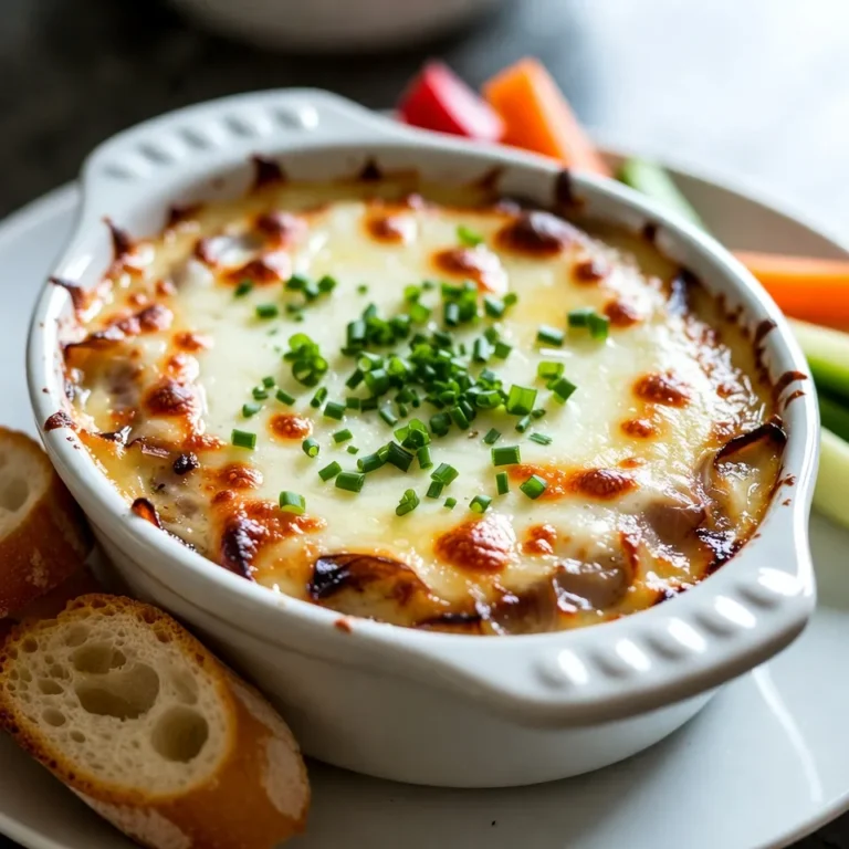 For my Caramelized Onion Gruyere Dip, you will need: - 2 large onions, thinly sliced - 2 tablespoons olive oil - 1 tablespoon unsalted butter - 1 teaspoon garlic, minced - 1 cup Gruyere cheese, grated - 1/2 cup cream cheese, softened - 1/2 cup sour cream - 1 teaspoon Dijon mustard - Salt and pepper to taste - Fresh chives, chopped (for garnish) You can swap Gruyere cheese for Swiss cheese or cheddar if needed. For a lighter dip, use Greek yogurt instead of sour cream. If you want a vegan option, use plant-based cream cheese and a dairy-free cheese. You can also use vegetable oil instead of olive oil. Pick onions that are firm and heavy. Sweet onions work best for a rich flavor. Look for high-quality Gruyere cheese. It should smell fresh and have a smooth texture. Choose cream cheese that is soft and spreadable. This will mix well in the dip. Fresh chives should be bright green and crisp. They add a nice touch to the dip's look and taste. {{ingredient_image_1}} To start, grab a large skillet. Heat 2 tablespoons of olive oil and 1 tablespoon of unsalted butter over medium heat. Wait until the butter melts. Now, add 2 large onions, thinly sliced. Stir them well in the oil and butter. Cook the onions for about 20 to 25 minutes. Stir them often. They need to turn golden brown and caramelized. If they stick, lower the heat or add a splash of water. After that, add 1 teaspoon of minced garlic. Cook for another 1 to 2 minutes until you smell the garlic. Next, take a mixing bowl. Combine the caramelized onions with 1 cup of grated Gruyere cheese, 1/2 cup of softened cream cheese, and 1/2 cup of sour cream. Mix everything well. Then, add 1 teaspoon of Dijon mustard. Season with salt and pepper to your taste. Transfer this mixture to an oven-safe dish and smooth the top. Preheat your oven to 350°F (175°C). Bake the dip for about 15 to 20 minutes. You want the top to be bubbly and golden. Once you take it out of the oven, let it cool a bit. This dip tastes best warm. Serve it with sliced baguette, crunchy veggies, or tortilla chips. For a nice touch, sprinkle chopped fresh chives on top. This dip is great for parties or cozy nights in! To get sweet, golden onions, cook them low and slow. Start with medium heat. Add olive oil and butter to your skillet. Once the butter melts, add the sliced onions. Stir often to coat them well. Cook for about 20-25 minutes. If they stick, lower the heat or add a little water. The goal is to turn them soft and brown without burning. You can prepare this dip in advance. Cook the onions and mix them with the cheeses. Store it in an airtight container in the fridge. When you are ready to serve, transfer the dip to a baking dish. Preheat your oven to 350°F (175°C). Bake for 15-20 minutes until it bubbles. This method keeps the flavors fresh and rich. Want to jazz up your dip? Try adding herbs like thyme or rosemary. These herbs pair well with onion and cheese. You can also stir in some cooked bacon for a smoky kick. If you love a little heat, add red pepper flakes. These small changes can give your dip a whole new twist! Pro Tips Use Sweet Onions: Opt for sweet onions like Vidalia or Walla Walla for a richer, sweeter flavor in your dip. Low and Slow: Caramelizing onions takes time; cooking them slowly over medium-low heat will yield the best results. Experiment with Cheese: While Gruyere is delicious, feel free to mix in other cheeses like Fontina or Monterey Jack for added flavor. Make Ahead: This dip can be prepared in advance and stored in the refrigerator. Just reheat before serving! {{image_2}} You can switch out the Gruyere cheese for other types. Try a sharp cheddar for a bolder taste. A creamy mozzarella adds a nice stretch. If you love blue cheese, add a bit for a strong flavor. Mixing different cheeses can make your dip unique and tasty. Want some heat? Add diced jalapeños or crushed red pepper flakes. This will give your dip a nice kick. You can also mix in some hot sauce or sriracha for extra flavor. Adjust the spice level to your taste, so everyone can enjoy it. If you need a vegan dip, swap the cheese and cream for plant-based versions. Use cashew cream in place of sour cream. Nutritional yeast can add a cheesy flavor without dairy. Always check the labels to ensure products are dairy-free. These changes keep the dip creamy and delicious for all. After making your Caramelized Onion Gruyere Dip, let it cool down. Once cool, transfer it to an airtight container. This helps keep the dip fresh. You can store it in the fridge for later enjoyment. If you have leftovers, don't worry. They can last in the fridge for a few days. To reheat the dip, preheat your oven to 350°F (175°C). Place the dip in an oven-safe dish. Cover it with foil to keep moisture. Bake for about 15 minutes. Check if it's warm throughout. You can also microwave individual servings. Heat them in short bursts, checking often to avoid overheating. When stored properly, the Caramelized Onion Gruyere Dip lasts about 3 to 5 days in the fridge. If you want to save it longer, consider freezing it. In the freezer, the dip can last up to 3 months. Just remember to thaw it in the fridge overnight before reheating. Enjoy your tasty dip anytime! Yes, you can use yellow onions. They will add a stronger flavor. Sweet onions have a milder taste. If you like more sweetness, choose sweet onions. Both types work well in this dip. You can serve this dip with many tasty options. Here are some ideas: - Sliced baguette - Crunchy vegetables like carrots and celery - Tortilla chips - Pita chips - Crackers These dippers add great texture and flavor to your dip. Yes, you can make this dip ahead of time. Prepare the dip, then store it in the fridge. Cover it tightly to keep it fresh. When you are ready, bake it as directed. This saves time on busy days. Yes, you can freeze this dip. Place it in an airtight container. Make sure to let it cool completely first. When you want to eat it, thaw it in the fridge overnight. Reheat it in the oven until warm and bubbly. In this blog post, I covered the key ingredients for a great dip, provided step-by-step instructions, and shared helpful tips and tricks. I explored different variations to suit your taste and offered storage information for easy preparation. Creating delicious dishes like Caramelized Onion Gruyere Dip is simple with these insights. Enjoy experimenting with flavors and techniques. You’ll impress your friends and family with your tasty results!