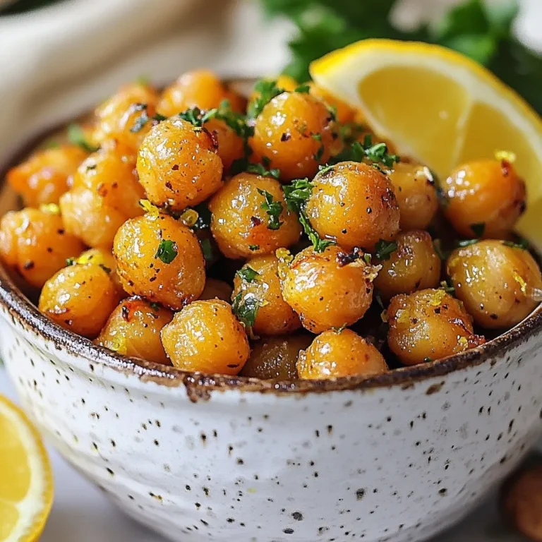 - 1 can (15 oz) chickpeas, drained and rinsed - 2 tablespoons olive oil - 1 tablespoon lemon juice - 2 cloves garlic, minced - 1 teaspoon lemon zest - 1 teaspoon smoked paprika - ½ teaspoon cumin - ½ teaspoon sea salt - ¼ teaspoon black pepper - Fresh parsley, chopped (for garnish) Lemon garlic roasted chickpeas are a great snack. They provide protein and fiber. Each serving has about 120 calories. They are low in fat and high in taste. Chickpeas help keep you full longer. The garlic adds flavor and health benefits. You can swap chickpeas for white beans if you want a change. Olive oil can be replaced with avocado oil. Lemon juice is also good with lime juice. Smoked paprika can be switched for regular paprika. If you like spicy, add cayenne pepper instead. Fresh parsley can be replaced with cilantro for a different touch. {{ingredient_image_1}} First, I preheat my oven to 400°F (200°C). This step makes sure the chickpeas roast nicely. Next, I take one can of chickpeas. I drain and rinse them under cold water. This removes any extra salt or canning liquid. After rinsing, I pat them dry with a clean kitchen towel. It’s important to get them dry to help them crisp up. I grab a mixing bowl and add the dry chickpeas. Then, I pour in 2 tablespoons of olive oil and 1 tablespoon of lemon juice. The olive oil helps the seasonings stick. I also add 2 cloves of minced garlic and 1 teaspoon of lemon zest. The zest gives a bright flavor. Next, I sprinkle in 1 teaspoon of smoked paprika, ½ teaspoon of cumin, ½ teaspoon of sea salt, and ¼ teaspoon of black pepper. I mix everything well to coat the chickpeas evenly with the seasonings. Now, I spread the seasoned chickpeas on a baking sheet lined with parchment paper. I make sure they are in a single layer for even roasting. I pop the baking sheet into the preheated oven and set a timer for 25-30 minutes. Halfway through, I shake the baking sheet to help them roast evenly. When they turn golden brown and crunchy, I take them out. After letting them cool for a few minutes, I taste them. If needed, I adjust the seasoning. Before serving, I garnish with fresh chopped parsley for a nice touch. To get that perfect crunch, start with dry chickpeas. Rinse them well, then pat them dry. Remove as much moisture as you can. This step is key. When you roast, spread them in a single layer. This helps them cook evenly. Shake the pan halfway through roasting to avoid sogginess. Roast until they are golden brown. Lemon garlic roasted chickpeas are tasty on their own. But you can enhance the flavor. Try adding some heat with cayenne pepper. A sprinkle of nutritional yeast gives a cheesy taste. You can also mix in different herbs. Consider using rosemary or thyme for a fresh twist. Experiment and find your favorite flavor combo! One common mistake is not drying the chickpeas enough. Wet chickpeas won’t get crispy. Another mistake is overcrowding the baking sheet. This leads to uneven cooking. Make sure to shake your baking sheet while roasting. Lastly, remember to adjust seasoning after roasting. Tastes can change as they cool! Pro Tips Dry Chickpeas Thoroughly: Make sure to pat the chickpeas dry before roasting. Removing excess moisture helps them achieve that perfect crunch. Adjust Seasoning to Taste: After roasting, taste the chickpeas and feel free to adjust the seasoning. A little extra salt or a sprinkle of cayenne can elevate the flavor! Experiment with Spices: Don’t hesitate to get creative with spices! Try adding curry powder, chili powder, or even nutritional yeast for a unique twist. Store for Freshness: If you have leftovers, store them in an airtight container at room temperature. They can lose crunchiness in the fridge. {{image_2}} You can change the spice mix to suit your taste. Try adding cayenne pepper for heat. You can also use garlic powder instead of fresh garlic. Italian herbs like oregano or basil work well too. For a sweeter option, try cinnamon or coconut sugar. Experimenting with spices can make each batch unique and tasty. This recipe is easy to adapt for different diets. For a gluten-free option, this dish is naturally gluten-free. You can also make it vegan by ensuring all ingredients are plant-based. If you want a low-sodium version, reduce the sea salt or use salt-free seasoning. These changes let everyone enjoy this tasty snack. Lemon garlic roasted chickpeas can be served in many ways. Enjoy them as a snack on their own. You can sprinkle them on salads for extra crunch and protein. They also make a great topping for soups. For a fun party treat, serve them in small bowls with dips. Pair them with hummus or yogurt for added flavor. To keep your lemon garlic roasted chickpeas fresh, store them in an airtight container. Make sure the container is sealed tightly to prevent moisture. You can use a glass jar or a plastic container. Avoid placing them in the fridge, as this can make them soggy. Instead, keep them at room temperature in a cool, dry place. If you want to enjoy your chickpeas warm again, preheat your oven to 350°F (175°C). Spread the chickpeas on a baking sheet. Heat them for about 10 minutes, or until they are warm. This will help restore their crunch. You can also use an air fryer for a quick reheating option. Lemon garlic roasted chickpeas can last up to five days when stored properly. After that, they might lose their crunch and flavor. If you see any signs of spoilage, like an off smell or mold, it's best to throw them away. Enjoy them while they are fresh for the best taste! Roasted chickpeas are packed with protein and fiber. They help keep you full longer. This makes them great for snacks. The spices add flavor without extra calories. Chickpeas are also rich in vitamins and minerals. They support heart health and aid digestion. Plus, they are low in fat, which is a bonus for healthy eating. Yes, you can use dried chickpeas! Just soak them overnight before cooking. After soaking, boil them until soft. This will take about 1-2 hours. Make sure to drain and rinse them. Dried chickpeas may taste fresher, but they need more time to prep. Canned chickpeas are quicker and easier for busy days. To make more servings, simply double or triple the ingredients. Keep the same cooking time. Just spread the chickpeas out on more baking sheets. This way, they roast evenly. Remember to adjust the spices too. Taste as you go to keep the flavor balanced. Enjoy sharing this tasty snack with friends or family! We explored the key ingredients for roasted chickpeas, including their nutrition and possible substitutes. I shared step-by-step instructions for prepping, mixing, and roasting to get that perfect crunch. We discussed tips to enhance flavor and avoid common mistakes. Finally, I suggested variations to suit different diets and serving ideas. With proper storage methods, you can keep them fresh longer. Enjoy this healthy snack, and feel free to experiment with flavors that excite you. Happy roasting!