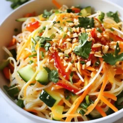 - 200g rice noodles - 1 cup shredded carrots - 1 red bell pepper, thinly sliced - 1 cucumber, julienned - 1 cup bean sprouts - 3 green onions, chopped - 1/4 cup fresh cilantro, chopped - 1/4 cup roasted peanuts, crushed The main star of this dish is the rice noodles. They soak up all the flavors well. I love using fresh vegetables for color and crunch. Carrots add a nice sweetness, while bell peppers and cucumbers bring freshness. Bean sprouts give it a great crisp. Green onions and cilantro add a burst of flavor. Finally, roasted peanuts add a satisfying crunch on top. - 3 tablespoons sweet chili sauce - 2 tablespoons soy sauce - 1 tablespoon lime juice - 1 teaspoon sesame oil - 1 teaspoon grated ginger The dressing makes this salad shine. Sweet chili sauce is the base, giving it that sweet kick. Soy sauce adds saltiness and depth. Lime juice brightens the whole dish. A hint of sesame oil brings a nutty flavor. Grated ginger adds warmth and a touch of spice. Mix them all together for a zesty dressing that pulls the salad together. {{ingredient_image_1}} To soak rice noodles, start by boiling water. Once boiling, add the rice noodles and let them soak for 8-10 minutes. You want them soft but not mushy. After soaking, drain the noodles in a colander. Rinse them with cold water to stop the cooking. This step keeps them from sticking together. In a small bowl, whisk together the dressing ingredients. Combine 3 tablespoons of sweet chili sauce, 2 tablespoons of soy sauce, and 1 tablespoon of lime juice. Add 1 teaspoon of sesame oil and 1 teaspoon of grated ginger. Mix until you see a smooth blend. This dressing adds a rich flavor to your salad. In a large mixing bowl, add your veggies. Toss in 1 cup of shredded carrots, 1 sliced red bell pepper, and 1 julienned cucumber. Then add 1 cup of bean sprouts and 3 chopped green onions. Don’t forget the 1/4 cup of fresh cilantro. Now, add the cooked noodles to the bowl. Pour the dressing over the top. Gently toss everything together until the noodles and veggies are well coated. Finally, transfer the salad to a serving platter and sprinkle 1/4 cup of crushed roasted peanuts on top for extra crunch. Enjoy! To keep your noodles from getting mushy, soak them just right. Follow the package instructions carefully. Usually, soaking in hot water for 8-10 minutes works best. After soaking, drain the noodles and rinse them with cold water. This stops the cooking and helps maintain their texture. Add spice to your salad! You can sprinkle in some chili flakes for heat. Fresh herbs like mint or basil work great as a garnish too. If you want more sweetness, add a bit more sweet chili sauce. For extra tang, squeeze in more lime juice. Adjust these flavors until they match your taste. Enjoy experimenting! Pro Tips Use Fresh Ingredients: Fresh vegetables and herbs will enhance the flavor and texture of your salad, making it more vibrant and delicious. Customize Your Noodles: You can substitute rice noodles with gluten-free options or whole grain noodles for a healthier alternative. Make It Ahead: This salad can be prepared in advance. Just add the dressing right before serving to keep the noodles and veggies crisp. Adjust the Spice Level: If you prefer a milder flavor, reduce the amount of sweet chili sauce or add more lime juice for a tangy kick. {{image_2}} You can add protein to your Thai Sweet Chili Noodle Salad for extra flavor and nutrition. Chicken, shrimp, or tofu are great choices. - Chicken: Use cooked, shredded chicken. It adds heartiness and pairs well with the sweet chili sauce. - Shrimp: Cook shrimp until pink and add them to the salad. They bring a fresh taste. - Tofu: For a vegetarian option, use firm tofu. Sauté or grill it for a smoky flavor. This salad is easy to adapt for vegetarian and vegan diets. You can swap some ingredients: - Dressing: Use a vegan sweet chili sauce. This keeps the salad plant-based. - Soy Sauce: Choose a gluten-free soy sauce if needed. This works for those with gluten allergies. - Veggies: Feel free to add or replace veggies like bell peppers or carrots. The more colors, the better! You can adjust the heat level in your salad based on your taste. - Fresh Chilies: Add thin slices of fresh chili for a spicy kick. Use jalapeños or Thai bird chilies for more heat. - Chili Flakes: Sprinkle chili flakes on top for a milder spice. This adds flavor without overwhelming heat. These variations let you customize the salad for your preferences and dietary needs. Enjoy experimenting! You can store leftover Thai Sweet Chili Noodle Salad in the fridge. Place it in an airtight container. This keeps the flavors fresh. It will last for about 3 to 4 days. Before eating, check for any signs of spoilage. If it looks or smells off, throw it out. To keep the noodles from getting soggy, you may want to store the dressing separately. This way, you can mix it in just before serving. Freezing this salad is not ideal. The textures of the fresh veggies may change. If you must freeze it, start by storing the salad without the dressing. Place it in a freezer-safe container. It can last for about a month. To thaw, move it to the fridge overnight. When ready to eat, toss it with fresh dressing. This will help revive the flavors. You can store this salad in the fridge for up to three days. Keep it in an airtight container to stay fresh. If you have leftovers, the flavors will blend more over time. However, the veggies may lose some crispness after a day or two. Yes, you can make this salad ahead of time. I suggest mixing the veggies and noodles first. Keep the dressing separate until you’re ready to serve. This way, the salad stays crunchy and fresh. You can prep everything a day in advance for easy serving. If you want a gluten-free option, try using zucchini noodles or shirataki noodles. For a low-carb choice, spiralized veggies like cucumbers or carrots work great. These alternatives provide a nice crunch and keep your salad light and refreshing. This blog post covered how to make a tasty Thai Sweet Chili Noodle Salad. We looked at the main ingredients like rice noodles and fresh veggies. I shared step-by-step instructions to cook the noodles and make a flavorful dressing. Tips helped you perfect your dish and explore fun variations. Remember, this salad is easy to customize. You can add your favorite protein or adjust the spice. Enjoy your healthy meal, knowing you can store leftovers for later!