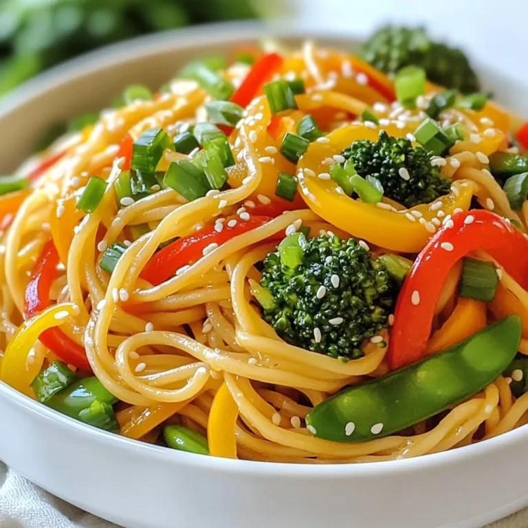 To make the Sesame Ginger Stir-Fry Noodles, gather these ingredients: - 8 oz whole wheat noodles - 2 tablespoons sesame oil - 1 tablespoon fresh ginger, minced - 2 garlic cloves, minced - 1 bell pepper (red or yellow), sliced - 1 cup broccoli florets - 1 cup snap peas, trimmed - 1 carrot, julienned - 3 green onions, chopped - 1/4 cup soy sauce (low sodium) - 2 tablespoons honey or maple syrup - 1 teaspoon sesame seeds (for garnish) - Salt and pepper to taste Each ingredient adds a layer of flavor and texture. Whole wheat noodles give a nutty taste. Sesame oil adds depth. Fresh ginger and garlic bring warmth. If you lack certain ingredients, don’t worry! Here are some easy swaps: - Whole wheat noodles can be replaced with rice noodles or egg noodles. - Sesame oil may be swapped with olive oil for a lighter flavor. - Fresh ginger can be replaced with ground ginger, but use less. - Sugar can work instead of honey or maple syrup. - Any mixed vegetables can replace the bell pepper, broccoli, and snap peas. These swaps keep your dish tasty while using what you have on hand. To prepare this dish, you will need: - Large pot for boiling noodles - Skillet or wok for stir-frying - Knife and cutting board for chopping vegetables - Measuring cups and spoons - Small bowl for mixing sauce Having the right tools makes cooking more fun and efficient. Each tool plays a role in creating this delicious meal. {{ingredient_image_1}} First, you need to cook the noodles. I recommend using whole wheat noodles for extra nutrition. Boil water in a pot and add the noodles. Cook them according to the package instructions. This usually takes about 8-10 minutes. When they are al dente, drain the noodles and set them aside. Next, it's time for the fun part: stir-frying! Grab a large skillet or a wok. Heat 2 tablespoons of sesame oil over medium heat. Once hot, add 1 tablespoon of minced ginger and 2 minced garlic cloves. Stir them for about 30 seconds until you smell that great aroma. Then, toss in your sliced bell pepper, 1 cup of broccoli florets, 1 cup of snap peas, and 1 julienned carrot. Stir-fry these for about 5-7 minutes. You want them tender but still crisp. Now, let's bring it all together! Add the cooked noodles into the skillet with the veggies. In a small bowl, mix 1/4 cup of soy sauce and 2 tablespoons of honey or maple syrup. Pour this sauce over the noodles and vegetables. Stir everything well to coat. Cook for another 2-3 minutes. This allows the noodles to soak up all those wonderful flavors. Finally, season with salt and pepper to taste. Toss in 3 chopped green onions and remove from heat. Serve warm, and don’t forget to sprinkle some sesame seeds on top for a nice crunch! To cook your whole wheat noodles perfectly, follow the package instructions closely. Bring a pot of water to a boil. Add a pinch of salt for flavor. Cook the noodles until they are al dente, which means they should still have a slight bite. This usually takes 7-10 minutes. Once done, drain them in a colander. Rinse with cold water to stop the cooking process. This keeps your noodles from becoming mushy and ensures they blend well in the stir-fry. To make your sesame ginger stir-fry noodles pop, consider adding fresh herbs. Cilantro or basil gives a nice twist. You can also add a splash of rice vinegar for acidity. If you like a bit of heat, red pepper flakes or sriracha work wonders. A sprinkle of sesame seeds on top adds crunch and flavor, too. Mixing in other veggies, like mushrooms or bok choy, can change the dish’s taste and texture. Don’t be shy to get creative! When serving your stir-fry, use a large bowl to showcase the colors. Top it with sesame seeds and extra green onions for a fresh touch. This dish pairs well with a light side salad or spring rolls. For a heartier meal, you can add grilled chicken or tofu on top. Enjoy it warm and savor each bite! Pro Tips Use Fresh Ingredients: Fresh vegetables not only enhance the flavor but also add vibrant colors to your stir-fry, making it more appealing and nutritious. Adjust the Sweetness: Depending on your preference, feel free to adjust the amount of honey or maple syrup. A little more can add a delightful sweetness that complements the savory flavors. Pre-Cook Hard Vegetables: If you prefer your broccoli to be extra tender, consider blanching it for a minute before adding it to the stir-fry. Experiment with Protein: For a heartier meal, add your choice of protein such as tofu, chicken, or shrimp. Just ensure to cook it thoroughly before adding the noodles. {{image_2}} You can make this dish vegetarian by using more veggies. Add mushrooms, zucchini, or bell peppers. These ingredients enhance flavor and texture. You can also use tofu for protein. Firm tofu works best. Just cube it and stir-fry it with the veggies. For a heartier meal, add protein. Chicken, shrimp, or beef complement the noodles well. Cut the meat into small pieces. Stir-fry it before adding the veggies. Cook until it's golden brown. This keeps your meal filling and satisfying. If you need a gluten-free option, swap the noodles. Use rice noodles or quinoa for a great taste. Just follow the cooking instructions on the package. Make sure to use gluten-free soy sauce. This keeps the dish safe and delicious for everyone. You can store leftover sesame ginger stir-fry noodles in the fridge. Use an airtight container to keep them fresh. They last about 3 to 5 days. Before storing, let the noodles cool down. This helps prevent sogginess. When you’re ready to eat, check for any strange smells or colors. If you want to save some noodles for later, freezing works well. Place the stir-fry noodles in a freezer-safe bag. Remove as much air as possible to avoid freezer burn. These noodles can last for about 2 to 3 months in the freezer. When ready to use, thaw in the fridge overnight. To reheat noodles, you have a couple of good options. You can use the microwave for quick heating. Place them in a bowl, cover them with a damp paper towel, and heat for 1 to 2 minutes. Stir halfway through to heat evenly. For the stovetop, use a skillet. Add a splash of water or soy sauce to keep them moist. Heat on low for about 5 minutes, stirring often. Enjoy your meal just as fresh as when you made it! Yes, you can use many types of noodles. Whole wheat noodles add a nutty taste. You can also try rice noodles, soba, or egg noodles. Just adjust the cooking time as needed. Each type brings its flavor and texture to the dish. To add heat, use red pepper flakes or sliced fresh chili peppers. You can also try adding sriracha or chili garlic sauce. Start with a little and taste as you go. This way, you can find the right heat for you. If you don’t have honey, maple syrup works well. Agave nectar is another option. For a sugar-free option, try stevia or monk fruit sweetener. Each choice will affect the sweetness slightly, but they all work. This article covered key ingredients, cooking steps, and helpful tips for your dish. I shared ideas for ingredient swaps and storage tips to make cooking easier. Remember, you can personalize your dish with flavors and variations. Try different noodles and proteins to find your favorite. Keep experimenting, and you will make a meal you love. Enjoy the process and savor every bite. Happy cooking!