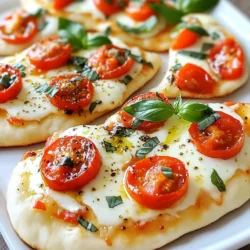 - 4 naan bread (store-bought or homemade) - 1 cup marinara sauce - 1 ½ cups fresh mozzarella cheese, sliced - 1 cup cherry tomatoes, halved - 1/4 cup fresh basil leaves - 2 tablespoons extra virgin olive oil - Salt and pepper to taste - 1 teaspoon Italian seasoning (optional) To make Margherita naan pizzas, you need just a few simple ingredients. Start with naan bread. You can buy it or make your own if you feel adventurous. Next, grab some marinara sauce. This sauce gives the base a nice flavor. Then, you need fresh mozzarella cheese. Slice it up to make it easy to layer on the pizza. Cherry tomatoes add sweetness and color. Halve them for easy spreading. Don't forget fresh basil leaves. They add a lovely aroma and flavor. Extra virgin olive oil is also important. It helps with flavor and gives a nice finish. Lastly, you might want salt and pepper to season it. Italian seasoning is optional, but it adds a nice touch if you like. With these ingredients, you’re ready to create a fresh and tasty Margherita naan pizza. {{ingredient_image_1}} First, set your oven to 425°F (220°C). This hot temperature helps the pizza cook fast. Next, take a baking sheet and line it with parchment paper. This keeps the naan from sticking. It also makes clean-up easy. Make sure your oven is fully preheated before you bake the pizzas. Now, take the naan bread and place it on the baking sheet. Each piece should have space around it. Spread a good amount of marinara sauce over each naan. Leave a small border around the edges. Then, layer the fresh mozzarella cheese evenly on top of the sauce. Make sure each piece gets cheese. Next, add the halved cherry tomatoes. They will add sweetness and color. Drizzle some extra virgin olive oil over the pizzas. Finally, sprinkle salt, pepper, and Italian seasoning if you like. Put the baking sheet in the oven. Bake the naan pizzas for about 10 to 12 minutes. You want the cheese to be bubbly and slightly golden. When they are done, carefully take them out. Let them cool for a minute. Then, add fresh basil leaves on top. Slice the pizzas into quarters and serve them hot. Enjoy your tasty Margherita Naan Pizzas! When choosing naan for your pizza, look for soft and thick naan. A good naan holds toppings well and does not get soggy. You can use store-bought naan for convenience or make your own for a personal touch. If you make it fresh, let it cool before adding sauce and toppings. To get that gooey, melted cheese, use fresh mozzarella. Slice it thinly for even melting. Arrange the cheese evenly across the naan. Make sure to bake at a high temperature, around 425°F (220°C). Keep an eye on the cheese; it should be bubbly and slightly golden when done. You can change the taste of your naan pizza easily. Use salt and pepper for basic flavor. Add Italian seasoning for a classic touch. Fresh herbs like basil can brighten the dish. Drizzle extra virgin olive oil on top before baking for added richness. Experiment with other herbs or spices to suit your taste. Pro Tips Use Fresh Ingredients: Fresh mozzarella and ripe cherry tomatoes will elevate the flavor of your naan pizzas significantly. Opt for high-quality ingredients for the best results. Preheat the Oven: Make sure your oven is fully preheated before baking the pizzas to achieve a perfectly crispy crust and evenly melted cheese. Experiment with Toppings: While the classic Margherita toppings are delicious, feel free to add other favorites like olives, arugula, or even some spicy pepperoni to customize your pizzas. Let Them Cool: After baking, allow the pizzas to cool for a minute before slicing. This helps the cheese set a bit and makes for cleaner cuts. {{image_2}} You can make your Margherita naan pizzas heartier by adding protein. Chicken is a great choice. Simply grill or roast chicken breast, slice it, and add it on top with the mozzarella. Pepperoni is another tasty option. Just sprinkle the slices over the cheese before baking. Both options add flavor and make the pizza more filling. You can mix and match these proteins depending on what you like best. If you prefer a vegetarian twist, try spinach and mushrooms. Sauté fresh spinach with some garlic and olive oil until wilted. Spread it over the sauce before adding cheese. For mushrooms, slice them thinly and layer them on the cheese. Both options give you a fresh taste and add nutrients. You can also use other veggies like bell peppers or zucchini for added color and flavor. For a gluten-free version, you can use gluten-free naan or other flatbreads. Many stores sell gluten-free naan now. Check the ingredients to be sure it's safe for your diet. You can also try making a cauliflower crust. This is a fun and healthy option that still offers a tasty base for your pizza. Just bake the crust first, then add your toppings as usual. To store your Margherita naan pizzas, let them cool first. Once cooled, place them in an airtight container. You can also wrap each pizza in plastic wrap. Store them in the fridge for up to three days. Make sure to eat them quickly for the best taste! When you’re ready to enjoy leftovers, preheat your oven to 350°F (175°C). Place the naan pizzas on a baking sheet. Heat them for about 10 minutes. This will help the cheese melt again and restore crispness. You can also use a microwave, but the pizza may get soggy. If you do use a microwave, heat for about 30 seconds to 1 minute. To freeze, wrap each cooled pizza tightly in plastic wrap. Place them in a freezer-safe bag or container. They can stay frozen for up to two months. When you're ready to eat one, thaw it in the fridge overnight. Then, reheat it in the oven as mentioned above. This method keeps them fresh and tasty! The cooking time for Margherita Naan Pizzas is about 10-12 minutes. Preheat your oven to 425°F (220°C). This high heat helps the cheese melt perfectly. You want the cheese to be bubbly and slightly golden. Keep an eye on them. Every oven is a bit different. Yes, you can use different sauces for naan pizzas. While marinara sauce is classic, feel free to get creative. Barbecue sauce adds a smoky taste. Pesto gives a fresh and herby flavor. Alfredo sauce can add a creamy twist. Each sauce will change the taste, so experiment until you find your favorite. You can find ready-made Margherita Naan Pizzas at many grocery stores. Look in the frozen section or the deli area. Some shops may sell them fresh, too. Check local bakeries or pizzerias for homemade versions. They often have unique flavors and toppings. Margherita Naan Pizzas are simple and fun to make. You learned about ingredients, like naan bread and fresh mozzarella. We covered each step, from prepping your oven to baking your pizzas. You can customize them with different toppings and store leftovers easily. I hope you feel inspired to try this delicious recipe. It's quick, tasty, and full of fresh flavors. Enjoy creating your own delicious naan pizzas!
