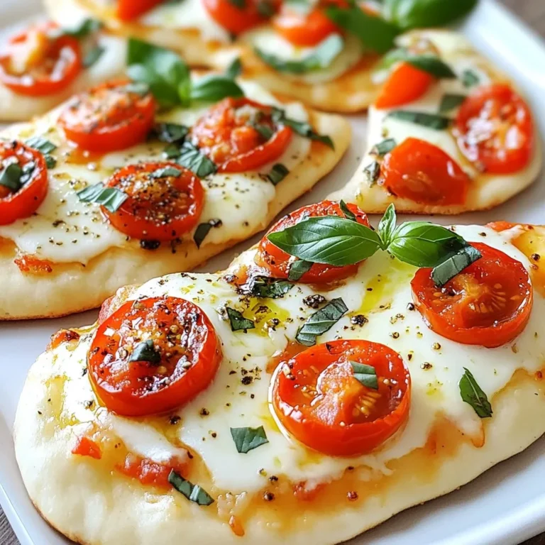 - 4 naan bread (store-bought or homemade) - 1 cup marinara sauce - 1 ½ cups fresh mozzarella cheese, sliced - 1 cup cherry tomatoes, halved - 1/4 cup fresh basil leaves - 2 tablespoons extra virgin olive oil - Salt and pepper to taste - 1 teaspoon Italian seasoning (optional) To make Margherita naan pizzas, you need just a few simple ingredients. Start with naan bread. You can buy it or make your own if you feel adventurous. Next, grab some marinara sauce. This sauce gives the base a nice flavor. Then, you need fresh mozzarella cheese. Slice it up to make it easy to layer on the pizza. Cherry tomatoes add sweetness and color. Halve them for easy spreading. Don't forget fresh basil leaves. They add a lovely aroma and flavor. Extra virgin olive oil is also important. It helps with flavor and gives a nice finish. Lastly, you might want salt and pepper to season it. Italian seasoning is optional, but it adds a nice touch if you like. With these ingredients, you’re ready to create a fresh and tasty Margherita naan pizza. {{ingredient_image_1}} First, set your oven to 425°F (220°C). This hot temperature helps the pizza cook fast. Next, take a baking sheet and line it with parchment paper. This keeps the naan from sticking. It also makes clean-up easy. Make sure your oven is fully preheated before you bake the pizzas. Now, take the naan bread and place it on the baking sheet. Each piece should have space around it. Spread a good amount of marinara sauce over each naan. Leave a small border around the edges. Then, layer the fresh mozzarella cheese evenly on top of the sauce. Make sure each piece gets cheese. Next, add the halved cherry tomatoes. They will add sweetness and color. Drizzle some extra virgin olive oil over the pizzas. Finally, sprinkle salt, pepper, and Italian seasoning if you like. Put the baking sheet in the oven. Bake the naan pizzas for about 10 to 12 minutes. You want the cheese to be bubbly and slightly golden. When they are done, carefully take them out. Let them cool for a minute. Then, add fresh basil leaves on top. Slice the pizzas into quarters and serve them hot. Enjoy your tasty Margherita Naan Pizzas! When choosing naan for your pizza, look for soft and thick naan. A good naan holds toppings well and does not get soggy. You can use store-bought naan for convenience or make your own for a personal touch. If you make it fresh, let it cool before adding sauce and toppings. To get that gooey, melted cheese, use fresh mozzarella. Slice it thinly for even melting. Arrange the cheese evenly across the naan. Make sure to bake at a high temperature, around 425°F (220°C). Keep an eye on the cheese; it should be bubbly and slightly golden when done. You can change the taste of your naan pizza easily. Use salt and pepper for basic flavor. Add Italian seasoning for a classic touch. Fresh herbs like basil can brighten the dish. Drizzle extra virgin olive oil on top before baking for added richness. Experiment with other herbs or spices to suit your taste. Pro Tips Use Fresh Ingredients: Fresh mozzarella and ripe cherry tomatoes will elevate the flavor of your naan pizzas significantly. Opt for high-quality ingredients for the best results. Preheat the Oven: Make sure your oven is fully preheated before baking the pizzas to achieve a perfectly crispy crust and evenly melted cheese. Experiment with Toppings: While the classic Margherita toppings are delicious, feel free to add other favorites like olives, arugula, or even some spicy pepperoni to customize your pizzas. Let Them Cool: After baking, allow the pizzas to cool for a minute before slicing. This helps the cheese set a bit and makes for cleaner cuts. {{image_2}} You can make your Margherita naan pizzas heartier by adding protein. Chicken is a great choice. Simply grill or roast chicken breast, slice it, and add it on top with the mozzarella. Pepperoni is another tasty option. Just sprinkle the slices over the cheese before baking. Both options add flavor and make the pizza more filling. You can mix and match these proteins depending on what you like best. If you prefer a vegetarian twist, try spinach and mushrooms. Sauté fresh spinach with some garlic and olive oil until wilted. Spread it over the sauce before adding cheese. For mushrooms, slice them thinly and layer them on the cheese. Both options give you a fresh taste and add nutrients. You can also use other veggies like bell peppers or zucchini for added color and flavor. For a gluten-free version, you can use gluten-free naan or other flatbreads. Many stores sell gluten-free naan now. Check the ingredients to be sure it's safe for your diet. You can also try making a cauliflower crust. This is a fun and healthy option that still offers a tasty base for your pizza. Just bake the crust first, then add your toppings as usual. To store your Margherita naan pizzas, let them cool first. Once cooled, place them in an airtight container. You can also wrap each pizza in plastic wrap. Store them in the fridge for up to three days. Make sure to eat them quickly for the best taste! When you’re ready to enjoy leftovers, preheat your oven to 350°F (175°C). Place the naan pizzas on a baking sheet. Heat them for about 10 minutes. This will help the cheese melt again and restore crispness. You can also use a microwave, but the pizza may get soggy. If you do use a microwave, heat for about 30 seconds to 1 minute. To freeze, wrap each cooled pizza tightly in plastic wrap. Place them in a freezer-safe bag or container. They can stay frozen for up to two months. When you're ready to eat one, thaw it in the fridge overnight. Then, reheat it in the oven as mentioned above. This method keeps them fresh and tasty! The cooking time for Margherita Naan Pizzas is about 10-12 minutes. Preheat your oven to 425°F (220°C). This high heat helps the cheese melt perfectly. You want the cheese to be bubbly and slightly golden. Keep an eye on them. Every oven is a bit different. Yes, you can use different sauces for naan pizzas. While marinara sauce is classic, feel free to get creative. Barbecue sauce adds a smoky taste. Pesto gives a fresh and herby flavor. Alfredo sauce can add a creamy twist. Each sauce will change the taste, so experiment until you find your favorite. You can find ready-made Margherita Naan Pizzas at many grocery stores. Look in the frozen section or the deli area. Some shops may sell them fresh, too. Check local bakeries or pizzerias for homemade versions. They often have unique flavors and toppings. Margherita Naan Pizzas are simple and fun to make. You learned about ingredients, like naan bread and fresh mozzarella. We covered each step, from prepping your oven to baking your pizzas. You can customize them with different toppings and store leftovers easily. I hope you feel inspired to try this delicious recipe. It's quick, tasty, and full of fresh flavors. Enjoy creating your own delicious naan pizzas!