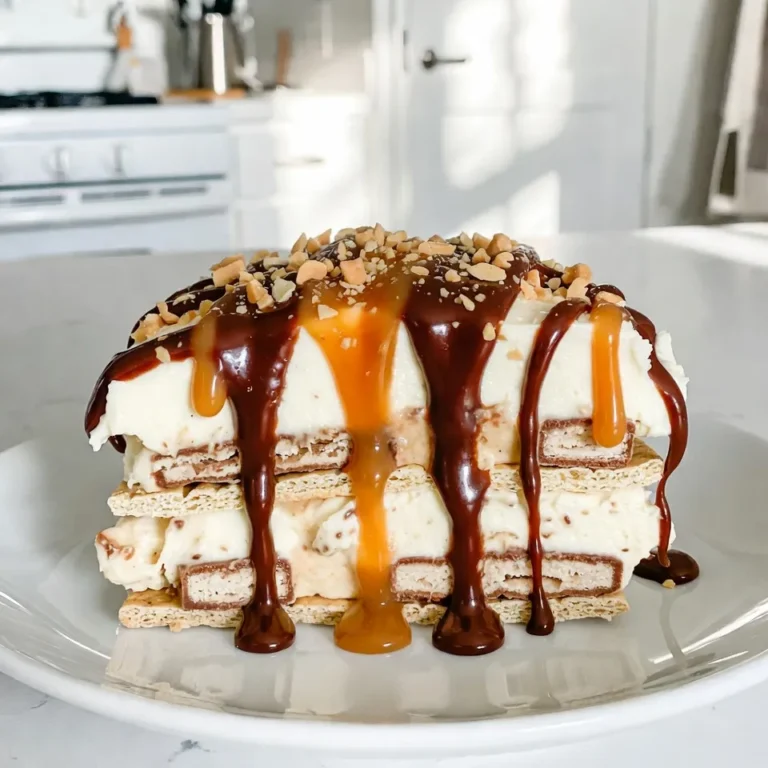 - 2 cups heavy whipping cream - 1/2 cup powdered sugar - 1 teaspoon vanilla extract - 8 ounces cream cheese, softened - 4 large Snickers bars, chopped - 1 box honey graham crackers - 1/2 cup chocolate sauce (plus extra for drizzling) - 1/2 cup caramel sauce (plus extra for drizzling) - 1/4 cup crushed peanuts (for garnish) Using high-quality ingredients makes a big difference. Fresh heavy cream whips better and tastes rich. The cream cheese should be smooth, not lumpy. Choose good Snickers bars; they add the best flavor. Quality chocolate and caramel sauces elevate your dessert. When you use great ingredients, you get a great cake. You can swap heavy cream with coconut cream for a dairy-free option. If you want a lower fat option, use light cream cheese. For a nut-free version, skip the crushed peanuts. You can also use other candy bars, like Milky Way or Reese's, instead of Snickers. Each change gives a new flavor twist to your cake. {{ingredient_image_1}} To make the Snickers Icebox Cake, you need to follow these steps carefully: 1. In a large mixing bowl, whip 2 cups of heavy cream using an electric mixer. Beat until soft peaks form. 2. Gradually add 1/2 cup of powdered sugar and 1 teaspoon of vanilla extract. Keep whipping until you see stiff peaks. Set this whipped cream aside. 3. In another bowl, beat 8 ounces of softened cream cheese until it is smooth and creamy. 4. Gently fold the whipped cream into the cream cheese. This creates a light and fluffy filling. 5. Stir in 4 large chopped Snickers bars. Make sure they are evenly mixed into the cream. 6. Take a rectangular dish or a 9x9 baking pan. Spread a thin layer of the cream mixture at the bottom. 7. Layer honey graham crackers over the cream. Break them as needed to fit. 8. Spoon another layer of cream over the crackers. Drizzle with 1/2 cup of chocolate sauce and 1/2 cup of caramel sauce. 9. Repeat the layering until you run out of ingredients. Finish with a layer of cream on top. 10. Cover the dish with plastic wrap. Refrigerate for at least 4 hours or overnight. To get the best results, keep these tips in mind: - When whipping cream, ensure your bowl and beaters are cold. This helps the cream whip better. - Do not overbeat the cream. Stop when you see stiff peaks. - When folding the whipped cream and cream cheese, use a gentle motion. This keeps the mixture light. Here are some common mistakes you should avoid: - Skipping the chilling time. It is vital for the cake to set properly. - Using warm cream cheese. Make sure it is softened but not hot. - Overmixing the cream. This can lead to a dense texture. Start with cold tools. Cold bowls and beaters help cream whip faster. Use heavy whipping cream for the best results. Whip until soft peaks form, then add powdered sugar slowly. This helps keep the cream light and fluffy. Whip until you see stiff peaks. Avoid over-whipping, or you will create butter. If you need soft cream cheese fast, cut it into small cubes. Place it in a microwave-safe bowl. Heat it in the microwave for about 15 seconds. Check it often to avoid melting. You want it soft but still thick. This makes mixing easier and smoother. Want to boost the taste of your Snickers Icebox Cake? Try adding a pinch of salt to the whipped cream. It brings out the sweetness. You can also mix in a bit of peanut butter for a richer flavor. For a twist, add a splash of coffee or espresso to the cream. This adds depth and makes the dessert exciting. Pro Tips Chill Your Bowl: For an extra fluffy whipped cream, chill your mixing bowl and beaters in the freezer for about 10 minutes before whipping the cream. Use Room Temperature Cream Cheese: Make sure your cream cheese is at room temperature for a smoother texture and easier mixing. Layering Technique: Ensure your graham crackers are well-pressed into the cream mixture to avoid any gaps and create a stable cake structure. Overnight Chill: For the best flavor and texture, allow the cake to chill overnight; this helps the flavors meld and the graham crackers to soften perfectly. {{image_2}} You can change the candy bars in this dessert for fun. Try Milky Way for a soft, caramel taste. Reese’s Peanut Butter Cups add a rich, nutty flavor. You can also use Twix for a crunchy twist. Each candy gives a new taste to your Snickers Icebox Cake. Making this cake gluten-free is easy. Use gluten-free graham crackers instead of regular ones. For a dairy-free option, swap the cream cheese with a dairy-free cream cheese. You can also use coconut cream in place of heavy cream. These swaps let everyone enjoy this treat. You can also change things up for the seasons. In fall, add pumpkin spice to the cream mixture. In summer, mix in fresh berries for a fruity kick. For toppings, try crushed pretzels for a salty crunch or mini marshmallows for a sweet touch. These ideas keep the dessert fresh and exciting! To keep your Snickers Icebox Cake fresh, cover it well. Use plastic wrap or foil. Store it in the fridge. This helps keep it cold and tasty. Make sure to seal it tight to prevent air from getting in. When stored correctly, your cake can last about 3 to 5 days. The graham crackers will soften, but this adds to the cake's charm. Always check for smell or texture before eating. If it looks or smells off, it’s best to throw it away. You can freeze Snickers Icebox Cake for longer storage. Cut your cake into individual slices. Wrap each slice in plastic wrap, then place them in a freezer-safe bag. It can last up to 2 months in the freezer. When ready to eat, thaw it in the fridge overnight. Enjoy the same delicious taste! Yes, you can make Snickers Icebox Cake in advance. This dessert tastes even better after chilling. I recommend making it the night before you serve it. This way, the flavors blend well. The graham crackers also soften nicely, making each bite creamy and delightful. Just cover it well with plastic wrap and store it in the fridge. If you want to switch it up, there are many options. Try using Milky Way bars for a similar taste. Reese's Peanut Butter Cups add a fun twist with peanut flavor. You can even use caramel-filled chocolate bars for a unique take. Just chop the bars into small pieces, just like you do with Snickers. Serving Snickers Icebox Cake is easy! Use a sharp knife to cut it into squares. Place each square on a plate. Drizzle extra chocolate and caramel sauce on top for a sweet touch. Sprinkle some crushed peanuts for added crunch. Serve it cold for the best flavor and texture. Enjoy it with family and friends! In this post, we covered the key ingredients for Snickers Icebox Cake and why quality matters. I shared step-by-step instructions with tips to perfect your cake and avoid errors. You learned ways to enhance flavors and create awesome variations. Remember to store leftovers correctly to enjoy them longer. Snickers Icebox Cake is versatile, so have fun making it your own and impress your friends!