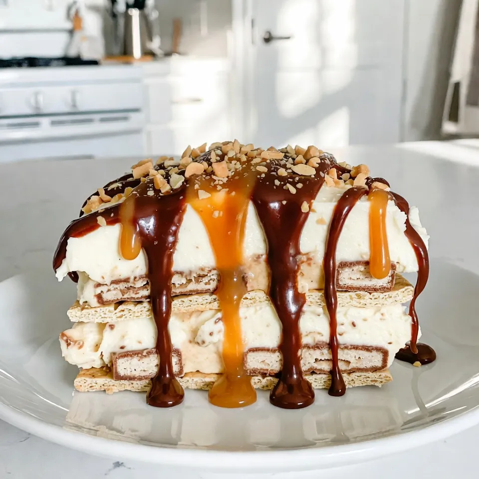 - 2 cups heavy whipping cream - 1/2 cup powdered sugar - 1 teaspoon vanilla extract - 8 ounces cream cheese, softened - 4 large Snickers bars, chopped - 1 box honey graham crackers - 1/2 cup chocolate sauce (plus extra for drizzling) - 1/2 cup caramel sauce (plus extra for drizzling) - 1/4 cup crushed peanuts (for garnish) Using high-quality ingredients makes a big difference. Fresh heavy cream whips better and tastes rich. The cream cheese should be smooth, not lumpy. Choose good Snickers bars; they add the best flavor. Quality chocolate and caramel sauces elevate your dessert. When you use great ingredients, you get a great cake. You can swap heavy cream with coconut cream for a dairy-free option. If you want a lower fat option, use light cream cheese. For a nut-free version, skip the crushed peanuts. You can also use other candy bars, like Milky Way or Reese's, instead of Snickers. Each change gives a new flavor twist to your cake. {{ingredient_image_1}} To make the Snickers Icebox Cake, you need to follow these steps carefully: 1. In a large mixing bowl, whip 2 cups of heavy cream using an electric mixer. Beat until soft peaks form. 2. Gradually add 1/2 cup of powdered sugar and 1 teaspoon of vanilla extract. Keep whipping until you see stiff peaks. Set this whipped cream aside. 3. In another bowl, beat 8 ounces of softened cream cheese until it is smooth and creamy. 4. Gently fold the whipped cream into the cream cheese. This creates a light and fluffy filling. 5. Stir in 4 large chopped Snickers bars. Make sure they are evenly mixed into the cream. 6. Take a rectangular dish or a 9x9 baking pan. Spread a thin layer of the cream mixture at the bottom. 7. Layer honey graham crackers over the cream. Break them as needed to fit. 8. Spoon another layer of cream over the crackers. Drizzle with 1/2 cup of chocolate sauce and 1/2 cup of caramel sauce. 9. Repeat the layering until you run out of ingredients. Finish with a layer of cream on top. 10. Cover the dish with plastic wrap. Refrigerate for at least 4 hours or overnight. To get the best results, keep these tips in mind: - When whipping cream, ensure your bowl and beaters are cold. This helps the cream whip better. - Do not overbeat the cream. Stop when you see stiff peaks. - When folding the whipped cream and cream cheese, use a gentle motion. This keeps the mixture light. Here are some common mistakes you should avoid: - Skipping the chilling time. It is vital for the cake to set properly. - Using warm cream cheese. Make sure it is softened but not hot. - Overmixing the cream. This can lead to a dense texture. Start with cold tools. Cold bowls and beaters help cream whip faster. Use heavy whipping cream for the best results. Whip until soft peaks form, then add powdered sugar slowly. This helps keep the cream light and fluffy. Whip until you see stiff peaks. Avoid over-whipping, or you will create butter. If you need soft cream cheese fast, cut it into small cubes. Place it in a microwave-safe bowl. Heat it in the microwave for about 15 seconds. Check it often to avoid melting. You want it soft but still thick. This makes mixing easier and smoother. Want to boost the taste of your Snickers Icebox Cake? Try adding a pinch of salt to the whipped cream. It brings out the sweetness. You can also mix in a bit of peanut butter for a richer flavor. For a twist, add a splash of coffee or espresso to the cream. This adds depth and makes the dessert exciting. Pro Tips Chill Your Bowl: For an extra fluffy whipped cream, chill your mixing bowl and beaters in the freezer for about 10 minutes before whipping the cream. Use Room Temperature Cream Cheese: Make sure your cream cheese is at room temperature for a smoother texture and easier mixing. Layering Technique: Ensure your graham crackers are well-pressed into the cream mixture to avoid any gaps and create a stable cake structure. Overnight Chill: For the best flavor and texture, allow the cake to chill overnight; this helps the flavors meld and the graham crackers to soften perfectly. {{image_2}} You can change the candy bars in this dessert for fun. Try Milky Way for a soft, caramel taste. Reese’s Peanut Butter Cups add a rich, nutty flavor. You can also use Twix for a crunchy twist. Each candy gives a new taste to your Snickers Icebox Cake. Making this cake gluten-free is easy. Use gluten-free graham crackers instead of regular ones. For a dairy-free option, swap the cream cheese with a dairy-free cream cheese. You can also use coconut cream in place of heavy cream. These swaps let everyone enjoy this treat. You can also change things up for the seasons. In fall, add pumpkin spice to the cream mixture. In summer, mix in fresh berries for a fruity kick. For toppings, try crushed pretzels for a salty crunch or mini marshmallows for a sweet touch. These ideas keep the dessert fresh and exciting! To keep your Snickers Icebox Cake fresh, cover it well. Use plastic wrap or foil. Store it in the fridge. This helps keep it cold and tasty. Make sure to seal it tight to prevent air from getting in. When stored correctly, your cake can last about 3 to 5 days. The graham crackers will soften, but this adds to the cake's charm. Always check for smell or texture before eating. If it looks or smells off, it’s best to throw it away. You can freeze Snickers Icebox Cake for longer storage. Cut your cake into individual slices. Wrap each slice in plastic wrap, then place them in a freezer-safe bag. It can last up to 2 months in the freezer. When ready to eat, thaw it in the fridge overnight. Enjoy the same delicious taste! Yes, you can make Snickers Icebox Cake in advance. This dessert tastes even better after chilling. I recommend making it the night before you serve it. This way, the flavors blend well. The graham crackers also soften nicely, making each bite creamy and delightful. Just cover it well with plastic wrap and store it in the fridge. If you want to switch it up, there are many options. Try using Milky Way bars for a similar taste. Reese's Peanut Butter Cups add a fun twist with peanut flavor. You can even use caramel-filled chocolate bars for a unique take. Just chop the bars into small pieces, just like you do with Snickers. Serving Snickers Icebox Cake is easy! Use a sharp knife to cut it into squares. Place each square on a plate. Drizzle extra chocolate and caramel sauce on top for a sweet touch. Sprinkle some crushed peanuts for added crunch. Serve it cold for the best flavor and texture. Enjoy it with family and friends! In this post, we covered the key ingredients for Snickers Icebox Cake and why quality matters. I shared step-by-step instructions with tips to perfect your cake and avoid errors. You learned ways to enhance flavors and create awesome variations. Remember to store leftovers correctly to enjoy them longer. Snickers Icebox Cake is versatile, so have fun making it your own and impress your friends!