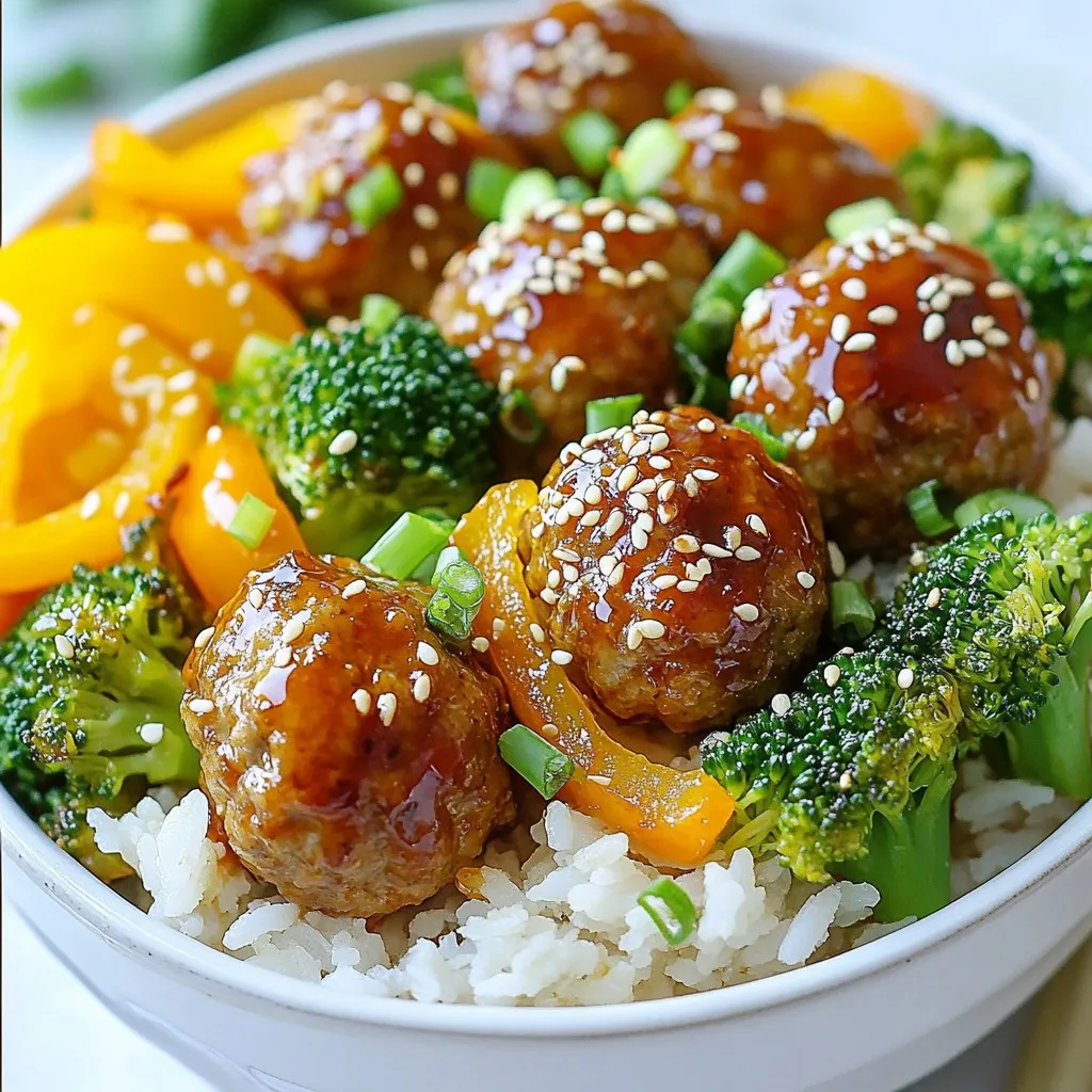 - 1 lb ground turkey - 1/4 cup panko breadcrumbs - 1/4 cup green onions, chopped - 1 egg, beaten - 2 cloves garlic, minced - 1 tablespoon fresh ginger, grated - 1/4 cup teriyaki sauce - 1 tablespoon sesame oil - 2 cups cooked rice - 1 cup broccoli florets - 1/2 cup bell pepper, sliced - 1 tablespoon vegetable oil - Sesame seeds for garnish When I create teriyaki turkey meatballs, I start with ground turkey. It’s lean and tasty. I add panko breadcrumbs to give the meatballs a nice texture. Chopped green onions add a fresh crunch. A beaten egg helps bind everything together. I always include minced garlic and grated ginger for flavor. Teriyaki sauce is key for that sweet and savory taste. Sesame oil brings a rich nuttiness. Next, I prepare my base: cooked rice. It absorbs the sauce and balances the meal. I use broccoli florets and sliced bell pepper for color and nutrition. A little vegetable oil helps cook the veggies perfectly. Finally, sesame seeds make a great garnish. - Extra teriyaki sauce for drizzling - Optional garnishes (extra green onions, lime wedges) For serving, I like to drizzle extra teriyaki sauce over the bowls. It adds more flavor. Optional garnishes include more green onions for freshness and lime wedges for a zesty kick. These small touches make a big difference in taste and presentation. {{ingredient_image_1}} - Preheat your oven to 400°F (200°C). Line a baking sheet with parchment paper. - In a large bowl, mix together: - 1 lb ground turkey - 1/4 cup panko breadcrumbs - 1/4 cup chopped green onions - 1 beaten egg - 2 cloves minced garlic - 1 tablespoon grated fresh ginger - 1/4 cup teriyaki sauce - Combine all the ingredients until just mixed. Be careful not to overmix. - Use your hands to shape the mixture into small meatballs, about 1-1.5 inches wide. Place them on the baking sheet. - Bake the meatballs for about 20 minutes, or until they are fully cooked and lightly browned. - For more flavor, brush the meatballs with teriyaki sauce halfway through baking. - While the meatballs bake, heat 1 tablespoon of vegetable oil in a pan over medium heat. - Add 1 cup of broccoli florets and 1/2 cup of sliced bell pepper to the pan. - Sauté the vegetables for 5-7 minutes until they are tender but still crisp. - In serving bowls, start with a generous portion of 2 cups of cooked rice. - Top the rice with the sautéed vegetables and meatballs. - Drizzle additional teriyaki sauce on top and sprinkle sesame seeds for garnish. Add extra green onions if you like. To make great meatballs, timing and heat are key. Bake them at 400°F for about 20 minutes. This cooks them through while keeping them juicy. Halfway through, brush on more teriyaki sauce for extra flavor. If your meatballs are bigger, add a few extra minutes to the bake time. You can also mix in spices like black pepper or a pinch of red pepper flakes for a kick. Serve your meatballs over fluffy rice. Broccoli and bell peppers add color and crunch. For a fun twist, use chopsticks for serving. You can even add lime wedges for a zesty kick. If you want to impress, stack the meatballs high and drizzle with teriyaki sauce. It makes the dish look fancy and taste great. Want to cut some calories? Use lean ground turkey or swap in chicken. For breadcrumbs, choose whole wheat or gluten-free options. You can also make your own teriyaki sauce using low-sodium soy sauce. This way, you control the salt and sugar. Making these small changes keeps the dish healthy without losing taste. Pro Tips Use Fresh Ingredients: Fresh garlic and ginger will elevate the flavors of the meatballs significantly. Always opt for fresh over powdered versions when possible. Don’t Overmix: When combining the meatball ingredients, mix just until combined. Overmixing can lead to tough meatballs. Customize Your Veggies: Feel free to swap in your favorite vegetables for the sauté. Carrots, snap peas, or zucchini can add different textures and flavors. Make Ahead: These meatballs can be made ahead of time and frozen. Just bake them, let them cool, and store in an airtight container for up to three months. {{image_2}} You can use chicken instead of turkey for meatballs. Chicken gives a lighter taste. Ground beef is another option. It adds a rich flavor to your dish. If you prefer a plant-based choice, try using lentils or chickpeas. These options work great in meatballs too. Adjust the baking time as needed. You can make your own teriyaki sauce. Combine soy sauce, brown sugar, garlic, and ginger in a pan. Cook until it thickens. This gives you control over the flavor. You can also try hoisin sauce for a sweet twist. Barbecue sauce adds a smoky flavor, perfect for meatballs. Feel free to change the vegetables you sauté. Carrots, snap peas, or zucchini also taste great. Use seasonal veggies for the best flavor. For example, spring brings fresh asparagus, while fall offers butternut squash. Mix and match to keep your meal exciting! You can store leftover meatballs in an airtight container. This helps keep them fresh. Place them in the fridge within two hours of cooking. They will last for three to four days. If you want to keep them longer, freeze them. To reheat the meatballs, use the oven or microwave. For the oven, set it to 350°F (175°C). Place the meatballs on a baking tray. Heat for about 10 minutes. This way, they stay moist and warm. If using the microwave, cover them with a damp paper towel. Heat in short bursts to avoid drying out. 1. Prepare the Meatballs: After cooking, let the meatballs cool down. 2. Pack Them: Place them in a single layer on a baking sheet. Freeze them for one hour. This prevents them from sticking together. 3. Transfer to Containers: Move the frozen meatballs to freezer bags. Remove as much air as possible before sealing. 4. Label and Store: Write the date on the bags. Store them in the freezer for up to three months. To thaw, place the meatballs in the fridge overnight. Heat them in the oven or microwave as mentioned above. Enjoy your meal anytime! Teriyaki turkey meatballs last about 3 to 4 days in the fridge. Store them in an airtight container. Make sure they cool down before sealing to keep them fresh. Check for any changes in smell or color before eating. Yes, you can make teriyaki turkey meatballs ahead of time. Prepare them and store them in the fridge. You can also freeze them for up to 3 months. Just thaw them in the fridge overnight before cooking or reheating. You can substitute ground turkey with ground chicken or ground beef. For a plant-based option, try lentils or chickpeas. Just make sure the cooking times may vary slightly with different meats. Most teriyaki sauces contain soy sauce, which has gluten. However, you can find gluten-free teriyaki sauces made with tamari. Always check the label to be sure. Yes, you can use fresh vegetables instead of frozen. Fresh broccoli and bell peppers will taste great. Just make sure to sauté them until they are tender-crisp for the best texture. In this blog post, we explored how to make teriyaki turkey meatballs. We highlighted the essential ingredients like ground turkey, panko, and teriyaki sauce. You learned the step-by-step cooking process and helpful tips to perfect your dish. Additionally, we discussed variations and storage tips for leftovers. With these insights, you can create a flavorful meal that suits your taste. Enjoy cooking and share your tasty results!